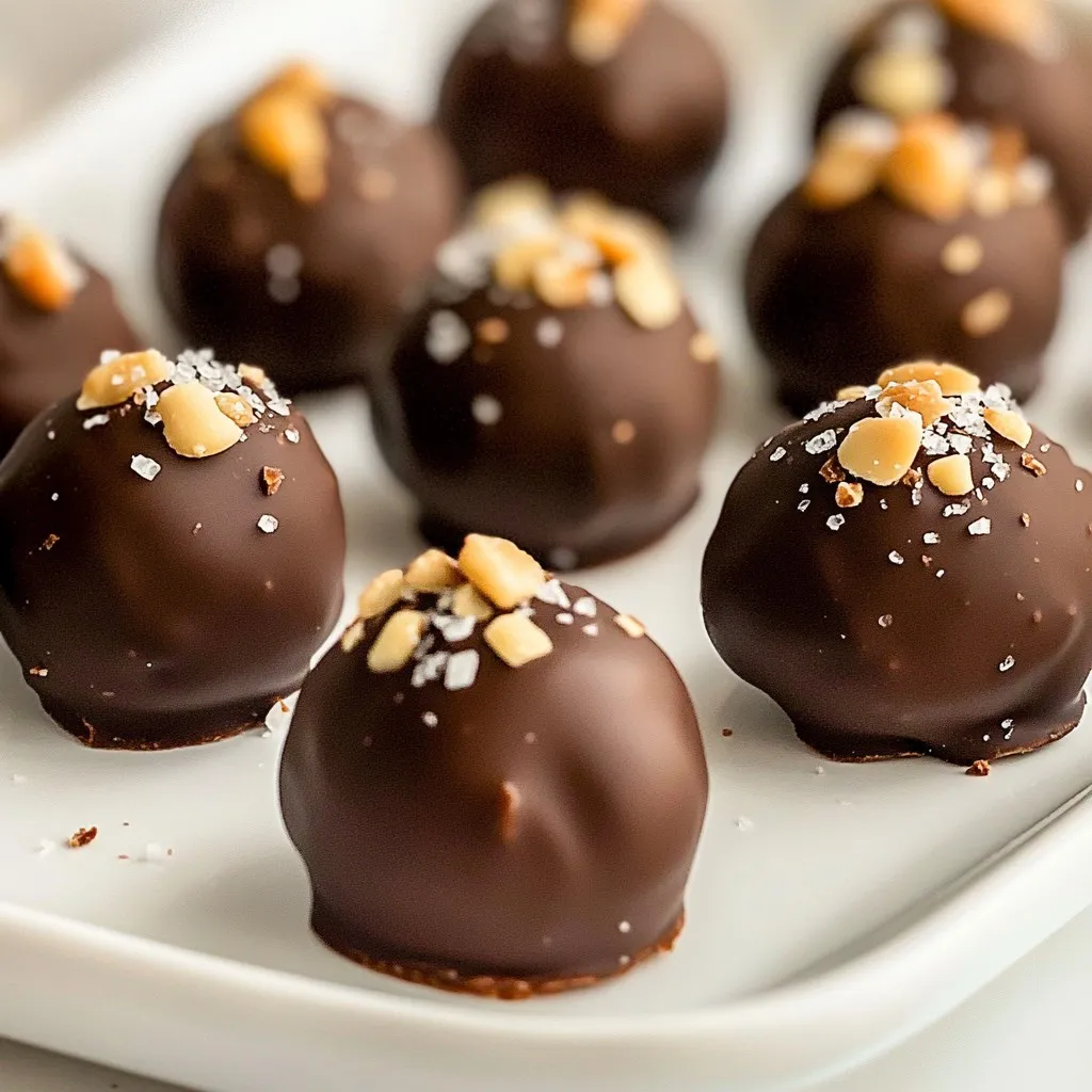 To make these tasty truffles, you'll need: - 1 cup dark chocolate chips (70% cocoa or higher) - 1/2 cup sweetened condensed milk - 1/2 cup caramel sauce (store-bought or homemade) - 1/2 teaspoon sea salt, plus extra for topping - 1 teaspoon vanilla extract These ingredients create a rich, sweet base for your truffles. Dark chocolate gives a deep flavor, while sweetened condensed milk adds creaminess. Caramel sauce brings a sweet, buttery taste that pairs well with sea salt. This balance makes each bite delightful. For a fun twist, you can coat your truffles with: - 1 cup crushed nuts (almonds or pecans) - Cocoa powder for dusting These coatings add texture and flavor. Nuts provide a crunchy contrast, while cocoa powder adds a rich chocolate taste. You can choose either or mix them for variety. When it comes to the best products, here are my top picks: - Chocolate: Look for high-quality dark chocolate chips with at least 70% cocoa. Brands like Ghirardelli and Guittard are great choices. - Caramel Sauce: You can use homemade caramel, but store-bought brands like Smucker’s or Hershey’s work well too. Using quality ingredients makes a big difference. They enhance the taste and texture of your truffles, ensuring a truly indulgent treat. {{ingredient_image_1}} Start by gathering your ingredients. In a medium saucepan, mix together 1 cup of dark chocolate chips and 1/2 cup of sweetened condensed milk. Place the saucepan on low heat. Stir the mixture often. You want the chocolate to melt fully and blend smoothly with the milk. This step creates a rich base for your truffles. Once the chocolate is smooth, take the saucepan off the heat. Now, add in 1/2 cup of caramel sauce, 1/2 teaspoon of sea salt, and 1 teaspoon of vanilla extract. Stir these in well. This step adds that sweet and salty flavor we love in salted caramel. Let the mixture cool at room temperature. After about 30 minutes, refrigerate it. You want it firm enough to handle. Once chilled, use a small scoop or your hands to shape the mixture into small balls, about 1 inch wide. Now comes the fun part: coating! Roll each truffle in crushed nuts, cocoa powder, or keep them plain. Place them on a lined baking sheet. Don’t forget to sprinkle a bit more sea salt on top of each truffle for that perfect touch. Finally, return them to the fridge for another 30 minutes to set. Enjoy your delicious creation! To get the best texture for your truffles, control your heat. Always melt the chocolate on low heat. This ensures it does not seize up. Stir the mixture until it is smooth. After mixing in the caramel and salt, let it cool. Chilling the mixture helps it firm up. Aim for a scoopable but thick consistency. If too soft, chill longer. For serving, presentation matters. Place truffles in a decorative box or on a nice platter. You can drizzle extra caramel sauce over them. This adds sweetness and looks lovely. If you want, sprinkle some sea salt on top. The contrast of salty and sweet makes them irresistible. Pair with coffee or tea for a delightful treat. Avoid rushing the cooling process. If the mixture is too warm, it won’t hold shape. Don’t skip the refrigeration step. This step is key for firm truffles. Also, be careful with the salt. Too much can overpower the sweetness. Use just a pinch on top. Lastly, choose quality chocolate. Better chocolate improves the overall taste. Pro Tips Use High-Quality Chocolate: The quality of your chocolate significantly affects the flavor of the truffles. Opt for chocolate with at least 70% cocoa for a rich taste. Chill the Mixture: Allowing the mixture to cool and firm up in the fridge makes it easier to shape the truffles without getting too sticky. Experiment with Coatings: While crushed nuts and cocoa powder are classic options, consider using shredded coconut or even crushed freeze-dried fruits for unique textures and flavors. Store Properly: Keep the truffles in an airtight container in the fridge to maintain their firmness and flavor. They can last up to two weeks if stored correctly. {{image_2}} You can change the taste of your salted caramel fudge truffles easily. Add a pinch of cinnamon or nutmeg for warmth. Try a splash of orange or almond extract for a fun twist. Each addition brings a new layer of flavor. To make these truffles vegan, swap the sweetened condensed milk for coconut cream. Use vegan chocolate chips for the dark chocolate. These choices keep the rich flavor while fitting a plant-based diet. For gluten-free options, check that your caramel sauce is gluten-free. Coating your truffles can add fun textures. Roll them in crushed nuts for crunch. You can also dust them in cocoa powder for a classic look. Want something colorful? Use sprinkles for a festive touch. Drizzle melted chocolate over the top for added flair. To keep your salted caramel fudge truffles fresh, store them in an airtight container. Line the container with parchment paper to prevent sticking. Place a layer of truffles and then add more parchment before stacking. This method keeps them safe from crushing. Truffles taste best when served slightly chilled. Take them out of the fridge about 10 to 15 minutes before serving. This helps enhance their rich flavors and creamy texture. These truffles can stay fresh in the fridge for up to two weeks. If you freeze them, they can last up to three months. Just make sure to thaw them in the fridge before serving. Enjoy the sweet taste of these treats anytime! Yes, you can use milk chocolate. It will make the truffles sweeter and creamier. Milk chocolate has less cocoa than dark chocolate. This change will affect the truffle's richness. If you prefer a sweeter taste, milk chocolate is a good choice. To make the truffles firmer, chill the mixture longer. You can refrigerate the mixture for an hour instead of 30 minutes. If they are still soft, add a bit more chocolate. This will help the truffles hold their shape better. You can use evaporated milk and sugar as a substitute. Mix one cup of evaporated milk with two-thirds cup of sugar. Stir until dissolved to create a similar consistency. Another option is to use coconut cream for a dairy-free version. Making salted caramel fudge truffles is fun and rewarding. We discussed key ingredients, step-by-step instructions, and helpful tips. You learned about flavor variations and how to store your truffles properly. Remember to avoid mistakes like over-mixing. Enjoying these treats your way is part of the fun. Try different coatings and flavors to make them your own. These truffles are sure to impress everyone. Happy making, and enjoy your sweet treats!