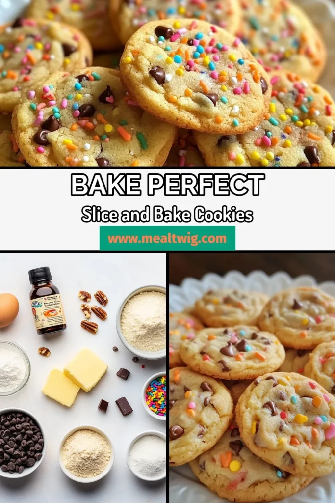 Bake holiday magic with these easy Slice and Bake Cookies! Perfect for festive occasions, this easy cookie recipe combines creamy homemade cookie dough with rich chocolate chip cookies and your choice of nuts. Roll, chill, slice, and bake for a delicious treat everyone will love. Gather your ingredients and make memorable moments in the kitchen. Try this simple recipe today! #SliceAndBakeCookies #EasyCookieRecipe #HolidayBaking #ChocolateChipCookies