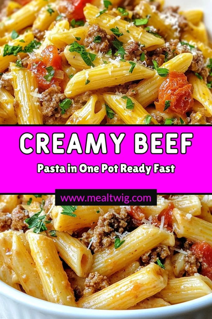Savor the rich flavors of this Creamy Beef Pasta Recipe that’s perfect for any night! This One Pot Pasta Dish combines easy-to-make ingredients for a satisfying meal. In just 30 minutes, you can enjoy a creamy pasta with Parmesan that’s a hit with the family. Ideal for busy weeknights, this easy ground beef recipe will quickly become a favorite. Try it today and taste the simplicity! #CreamyBeefPasta #OnePotPasta #EasyGroundBeefRecipes #QuickPastaRecipes