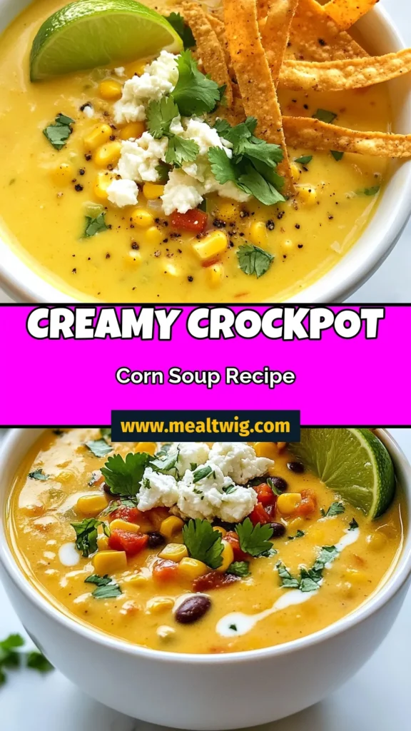 Craving a delicious meal that's both effortless and satisfying? Try this Crockpot Mexican Street Corn Soup! This creamy corn soup combines frozen corn, black beans, and spices for a rich, comforting dish. Perfect as a vegetarian corn soup, it’s one of those easy crockpot recipes you'll make again and again. Follow this Mexican street corn soup recipe for a delightful dinner. Save this recipe and enjoy a bowl of goodness! #CrockpotMexicanSoup #CreamyCornSoup #VegetarianCornSoup #EasyCrockpotRecipes