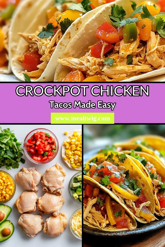 Discover the ultimate easy chicken taco recipe with these delicious Crockpot chicken tacos! This slow cooker taco dinner features tender shredded chicken thighs seasoned perfectly with taco seasoning and combines fresh veggies for a flavorful meal. Perfect for busy nights, this recipe makes serving shredded chicken tacos a breeze. Try it today and enjoy a hearty meal your family will love. Save for later! #CrockpotChickenTacos #EasyChickenTacoRecipe #SlowCookerTacoDinner #ShreddedChickenTacos
