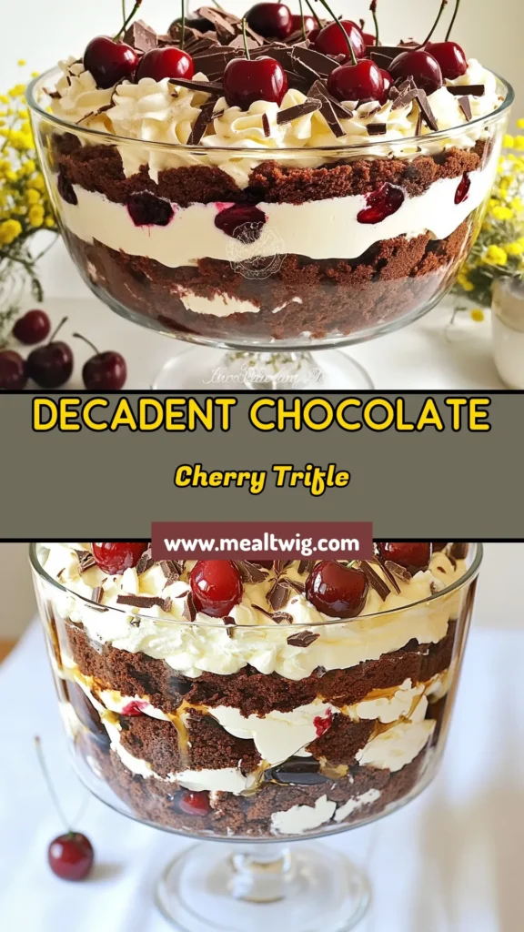 Indulge in this delectable Chocolate Cherry Trifle, a perfect blend of flavors in a no-bake dessert that's sure to impress. This Cherry Chocolate Layered Dessert features rich chocolate cake, fresh cherries, and a creamy mascarpone trifle recipe that's both easy and satisfying. Perfect for gatherings or a sweet treat at home. Save this delicious Chocolate Dessert Recipe to wow your guests! #ChocolateCherryTrifle #NoBakeTrifle #MascarponeTrifle #DessertRecipes