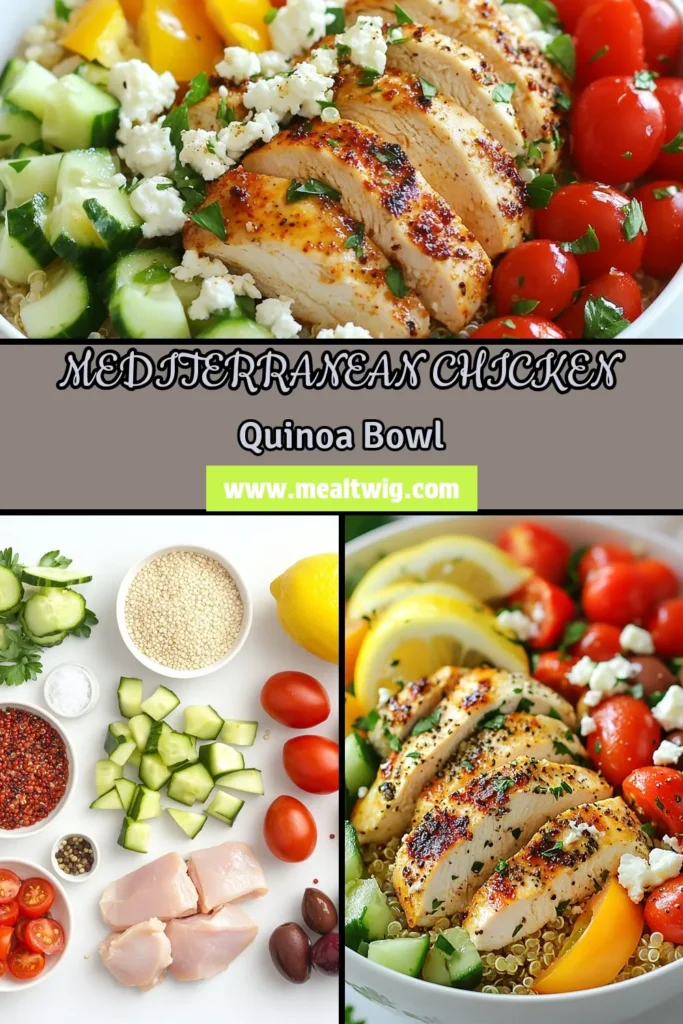 Discover the ultimate Mediterranean chicken quinoa bowl that's perfect for healthy meal prep! This Greek Chicken Meal Prep Bowl features delicious baked chicken breasts paired with vibrant veggies and fluffy quinoa. It's a fantastic option for anyone seeking nutritious quinoa salad recipes or Mediterranean diet recipes. Prep these healthy meal preps to keep your week on track. Click to save this mouthwatering recipe! #MediterraneanDiet #MealPrepIdeas #HealthyRecipes #QuinoaSalad
