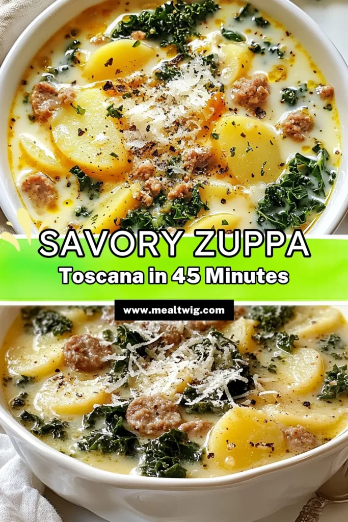 Warm up with this delicious Zuppa Toscana recipe, the ultimate Italian sausage soup that features creamy potatoes and nutritious kale. This Zesty Zuppa Toscana soup is perfect for cozy nights, offering rich flavors that will please everyone. Simple to prepare, this hearty kale soup recipe transforms everyday ingredients into a comforting meal. Discover the joy of this creamy potato soup today and save the recipe for your next dinner! #ZuppaToscana #ItalianSausageSoup #KaleSoup #CreamyPotatoSoup