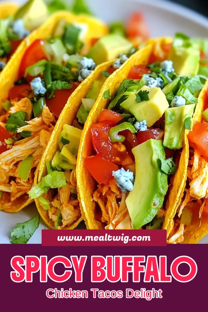 Get ready to spice up your dinner with these irresistibly delicious Buffalo Chicken Tacos! Perfect for taco night, these easy taco recipes are made with shredded chicken tossed in zesty buffalo sauce, all wrapped up in warm corn tortillas. Top with fresh lettuce, blue cheese, and avocado for a flavor explosion. Discover this quick dish that’s sure to impress friends and family. Try it today! #BuffaloChickenTacos #SpicyChickenTacos #EasyTacoRecipes #ShreddedChickenTacos