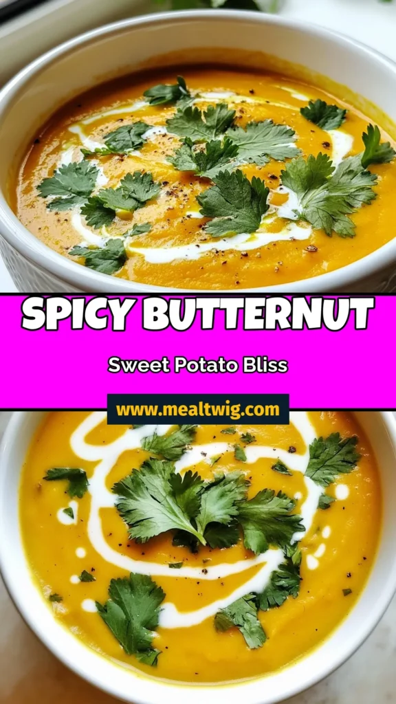Discover the warmth of this Spicy Butternut Sweet Potato Soup, a must-try vegan curry soup that's perfect for cozy meals. This sweet potato soup recipe features creamy coconut milk, healthy ingredients, and a kick of spice that will warm you up from the inside out. Easy to make and deliciously satisfying, it's a great addition to your collection of healthy soup recipes. Save this recipe for a hearty and nourishing bowl today! #SpicyButternutSquashSoup #SweetPotatoSoupRecipe #VeganCurrySoup #CoconutMilkSoup