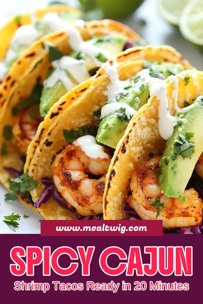 Discover the ultimate shrimp taco recipe with these Cajun shrimp tacos! Bursting with flavor, these easy shrimp tacos use a delicious Cajun seasoning that adds the perfect kick. Enjoy them in soft corn tortilla tacos topped with fresh avocado, red cabbage, and a creamy sour cream drizzle. Perfect for a quick weeknight dinner! Save this spicy shrimp tacos recipe for your next meal! #CajunShrimpTacos #ShrimpTacoRecipe #EasyShrimpTacos #SpicyShrimpTacos
