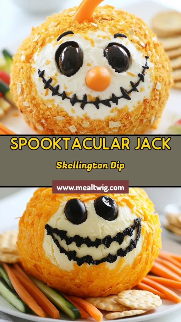 Bring a spooky twist to your Halloween party with this Jack Skellington cheese ball! This Halloween cheese ball recipe combines cream cheese, cheddar, and goat cheese for a delightful festive cheese dip that will impress your guests. Perfect as a spooky cheese appetizer, it's easy to make and perfect for snacking. Get ready to scare up some fun! Save this recipe for your Halloween party snacks! #HalloweenRecipe #CheeseBall #PartySnacks #SpookyEats