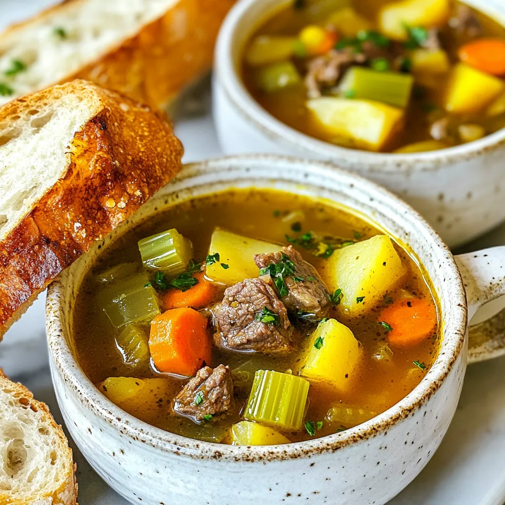 - 1 lb beef stew meat, cut into bite-sized pieces - 2 tablespoons olive oil - 1 medium onion, diced - 2 cloves garlic, minced - 4 cups beef broth - 2 cups water - 3 medium carrots, sliced - 2 stalks celery, chopped - 1 potato, diced - 1 (14 oz) can diced tomatoes, with juice - 1 cup frozen peas - 1 teaspoon dried thyme - 1 teaspoon oregano - 1 bay leaf - Salt and pepper to taste - Fresh parsley, chopped for garnish Old Fashioned Vegetable Beef Soup is a cozy dish. It starts with simple, fresh ingredients. You need beef stew meat, which gives the soup its hearty base. The olive oil adds richness and flavor. Diced onion and minced garlic bring a nice aroma. Next, we have the broth and vegetables. Beef broth gives depth to the soup. Adding water balances the flavors. Carrots, celery, and potatoes add color and nutrition. Diced tomatoes bring a bit of sweetness. Frozen peas add a pop of green. For seasoning, dried thyme and oregano add warmth. A bay leaf gives a subtle hint of flavor. Don't forget to season with salt and pepper. Finally, fresh parsley adds a bright touch when you serve it. Gather these ingredients, and you're ready to make a comforting meal. Each one plays a role in creating a rich, satisfying soup. {{ingredient_image_1}} To start, heat the olive oil in a large pot over medium heat. Add the beef stew meat, making sure to brown it on all sides. This step takes about 5 to 7 minutes. Once it’s brown, remove the beef from the pot and set it aside. This helps build flavor for the soup. Next, add the diced onion and minced garlic to the same pot. Sauté them until the onion becomes soft and clear. This should take about 3 to 4 minutes. The smell will be amazing! Once done, return the beef to the pot, mixing it with the onion and garlic. Now it's time to add the magic. Pour in the beef broth and water. Stir everything together. Then, add the sliced carrots, chopped celery, diced potato, and the can of diced tomatoes along with their juice. Don't forget the frozen peas! For seasoning, sprinkle in the dried thyme, oregano, and bay leaf. Add salt and pepper to taste. Bring the soup to a simmer. Cover the pot and reduce the heat to low. Let it simmer for about 1.5 to 2 hours. Stir it occasionally, so nothing sticks. The beef will become tender, and the flavors will mix beautifully. Before serving, taste it again and adjust the seasoning if needed. Remember to remove the bay leaf! Ladle the soup into bowls and top with fresh parsley. Enjoy! To brown the meat well, use a hot pot. Heat olive oil first. Place the beef in a single layer. Let it cook without moving it for a few minutes. This helps develop a nice crust. Turn the pieces to brown all sides. Once brown, take the beef out and set it aside. To keep the flavor balanced, add salt and pepper in layers. Season the beef while it cooks. Also, season the vegetables as they sauté. This builds depth in taste. You can add more herbs and spices to boost flavor. Try adding a pinch of paprika or a dash of cayenne for warmth. Fresh herbs like thyme or rosemary can brighten the soup. Adjusting the soup's consistency is easy. If you want it thicker, mash some potatoes in it. For a thinner soup, add more broth or water. For a lovely presentation, serve the soup in rustic bowls. Top it with fresh parsley for color. A slice of crusty bread on the side is perfect for dipping. Pair the soup with a light salad or some cheese. This adds variety to your meal and makes it more satisfying. Pro Tips Use Quality Beef: Opt for well-marbled beef stew meat for a richer flavor and more tender texture after slow cooking. Add Fresh Herbs: For an aromatic boost, consider adding fresh herbs like thyme or rosemary towards the end of cooking. Customize Veggies: Feel free to swap in your favorite seasonal vegetables, such as green beans or corn, to personalize the soup. Let it Rest: Allow the soup to sit for about 30 minutes after cooking for the flavors to deepen before serving. {{image_2}} You can swap beef for chicken or turkey. This change keeps the soup light and tasty. Just like with beef, brown the meat first. Then, add it to the pot with the same veggies. You can also use different vegetables or legumes. Try adding green beans, corn, or lentils. They add great flavor and texture. You can mix and match based on what you have. To make the soup gluten-free, use gluten-free broth. Check labels to ensure all ingredients fit. Most of the veggies and spices are already gluten-free. For vegetarian or vegan options, skip the meat. Use veggie broth instead of beef broth. Add more beans or tofu for protein. This keeps the soup filling and nutritious without animal products. If you want to add some heat, toss in peppers. Jalapeños or crushed red pepper can spice things up. Start with a small amount and taste as you go. You can also give the soup different flavors by using various cuisines. For an Italian twist, add basil and oregano. For a Mexican flair, use cumin and cilantro. These changes can make the soup feel new and exciting. After cooking your Old Fashioned Vegetable Beef Soup, let it cool down to room temperature. This step helps keep it fresh. Store the soup in a sealed container. Glass or BPA-free plastic containers work best. This keeps the soup safe and tasty. To freeze soup, let it cool completely. Pour the soup into freezer-safe bags or containers. Leave some space at the top. This space helps the soup expand as it freezes. When you want to eat it, take it out and thaw it in the fridge overnight. To reheat, warm it on the stove over low heat. Stir often to keep it smooth. In the fridge, this soup lasts about three to four days. Look for signs of spoilage, like an off smell or mold. If you see any, it’s best to toss it. Always trust your senses to judge if it’s still good to eat. How long does vegetable beef soup last in the fridge? Vegetable beef soup lasts about 3 to 4 days in the fridge. Store it in a sealed container. Always check for any signs of spoilage before eating. Can I make this soup in a slow cooker? Yes, you can make this soup in a slow cooker. Brown the beef first, then add all the ingredients to the slow cooker. Cook on low for 6 to 8 hours. How long to cook for optimal tenderness? For the best tenderness, simmer the soup for 1.5 to 2 hours. This allows the beef to become soft and the flavors to blend well. Can I speed up the cooking process? You can speed up cooking by using a pressure cooker. In a pressure cooker, the soup can be ready in about 30 minutes. Can I use fresh instead of frozen peas? Yes, you can use fresh peas instead of frozen ones. Just add them in the last 10 minutes of cooking for the best texture. What if I don't have beef broth? Can I substitute it? If you don't have beef broth, you can use chicken broth or vegetable broth. The soup will still taste good, but the flavor will change slightly. This blog post covered the key steps to make a hearty vegetable beef soup. We discussed the main ingredients, from beef stew meat to fresh herbs. We then explored cooking techniques and tips for flavor. You can also make fun variations, like swapping meats or adjusting for dietary needs. Finally, proper storage helps keep your soup fresh. Enjoy trying different flavors and techniques. Make this soup your own, and share it with friends and family!