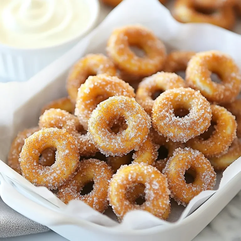 To make cinnamon sugar pretzel bites, you need these main ingredients: - 1 1/2 cups warm water (110°F to 115°F) - 2 tablespoons granulated sugar - 1 packet (2 1/4 teaspoons) active dry yeast - 4 cups all-purpose flour - 1 teaspoon salt - 1/4 cup baking soda - 1 large egg, beaten (for egg wash) - 1/2 cup unsalted butter, melted These ingredients create a soft dough that becomes delicious bites after baking. The warm water helps activate the yeast, while the flour gives structure. You also need some baking essentials: - Parchment paper for lining the baking sheet - A mixing bowl for the dough - A large pot for boiling These tools make the process simple and keep your kitchen clean. The parchment paper prevents the bites from sticking and makes cleanup easy. For a fun twist, consider these optional ingredients: - Cream cheese dip - Chocolate sauce These dips add extra flavor and make your cinnamon sugar pretzel bites even more enjoyable. You can serve them warm in a basket, lined with parchment paper, for a great presentation. {{ingredient_image_1}} Start by warming 1 1/2 cups of water. The water should be between 110°F to 115°F. In a mixing bowl, add the warm water, 2 tablespoons of sugar, and 1 packet of active dry yeast. Stir gently and let it sit for about 5 minutes. You will see bubbles form on top. This means your yeast is alive and ready to work. In a large bowl, combine 4 cups of all-purpose flour and 1 teaspoon of salt. Once the yeast mixture is foamy, pour it into the flour bowl. Stir until a dough forms. This dough will be thick and slightly sticky. Sprinkle some flour on a clean surface. Place the dough on this surface and knead it for about 5 to 7 minutes. You want it to be smooth and elastic. After kneading, place the dough in a greased bowl. Cover it with a cloth and let it rise in a warm spot for 1 hour. The dough will double in size. Preheat your oven to 425°F. In a large pot, bring 10 cups of water to a boil. Add 1/4 cup of baking soda to the boiling water. Once the dough has risen, punch it down and divide it into small pieces, about 1 inch each. Drop 8 to 10 pretzel bites into the boiling water at a time. Boil them for 30 seconds. Use a slotted spoon to remove them and place them on a baking sheet lined with parchment paper. Brush the tops of the boiled pretzel bites with a beaten egg. Bake them for 12 to 14 minutes or until they turn golden brown. While they bake, mix 1/2 cup of granulated sugar with 2 teaspoons of ground cinnamon in a bowl. After baking, toss the warm pretzel bites in melted butter, then coat them in the cinnamon-sugar mixture. Enjoy the sweet, warm goodness! To get that soft and chewy bite, knead the dough well. Knead it for 5 to 7 minutes on a floured surface. This builds gluten, which gives the pretzel its structure. After kneading, let the dough rise in a warm spot. This makes it fluffy. Keep an eye on the dough; it should double in size. One mistake is not using warm enough water for the yeast. The water should be between 110°F to 115°F. If it’s too cool, the yeast won’t activate. Don’t skip the boiling step either. It gives the pretzel its unique crust. Lastly, avoid overbaking. Check them at 12 minutes to ensure they stay soft inside. You’ll need a few key tools. A large mixing bowl helps combine your ingredients. A slotted spoon is perfect for handling the pretzel bites during boiling. Use a baking sheet lined with parchment paper to prevent sticking. A pastry brush is essential for applying the egg wash. These tools make the process smooth and easy. Pro Tips Proof Your Yeast: Always check that your yeast is active by letting it foam in warm water before mixing it into the dough. This ensures your pretzel bites will rise properly. Boiling Matters: Don’t skip the boiling step! This gives the pretzel bites their characteristic chewy texture. Make sure your baking soda solution is at a rolling boil. Butter is Key: Coat the pretzel bites in melted butter immediately after baking for maximum flavor and to help the cinnamon-sugar mixture adhere better. Storage Tips: Store any leftovers in an airtight container to keep them soft. Reheat in the oven for a few minutes to restore their freshness. {{image_2}} You can change up the flavor of your pretzel bites easily. For a cheesy twist, add shredded cheese to the dough before kneading. Cheddar or mozzarella works best. You can also sprinkle cheese on top before baking. For a sweet version, mix in chocolate chips or peanut butter chips. You can enjoy these bites with a yummy dip like caramel or chocolate sauce. If you need gluten-free options, use a gluten-free flour blend. Look for one that has xanthan gum in it to help with texture. You can also try almond flour or coconut flour. Just remember, these flours may change the taste a bit. Adjust the water and liquids as needed since these flours can absorb more moisture. Serve your cinnamon sugar pretzel bites warm for the best taste. A fun idea is to place them in a basket lined with parchment paper. You can pair them with cream cheese dip or chocolate sauce for a sweet treat. For a savory twist, try a cheese sauce or mustard. These options will make your snack even more enjoyable! To keep your leftover pretzel bites fresh, place them in an airtight container. This helps them stay soft and avoids drying out. You can store them at room temperature for up to two days. If you want to keep them longer, consider refrigeration. Just remember, the texture might change a bit. When it's time to enjoy your pretzel bites again, reheating is key. The oven works best. Preheat it to 350°F (175°C). Place the bites on a baking sheet and warm them for about 5-7 minutes. This will help restore their crispiness. You can also use a microwave, but the bites may become chewy. If you choose this method, heat them in short bursts of 10 seconds. Freezing is a great way to save pretzel bites for later. Allow them to cool completely before freezing. Place them in a single layer on a baking sheet and freeze for about an hour. After that, transfer them to a resealable bag or airtight container. They can stay in the freezer for up to three months. When ready to eat, thaw them in the fridge and reheat as mentioned before. Yes, you can use instant yeast in place of active dry yeast. Instant yeast works faster and does not need to be dissolved in water first. Just mix it directly into the dry ingredients. Keep in mind, you may need to slightly adjust the water amount. You can keep the pretzel bites fresh for about two days at room temperature. Store them in an airtight container to keep them soft. For longer storage, you can freeze them. These pretzel bites pair well with a few dips. Here are some tasty options: - Cream cheese dip - Chocolate sauce - Caramel sauce - Marshmallow fluff Yes, you can make the pretzel bites ahead of time. Prepare the dough and let it rise. Then, shape the bites and store them in the fridge for up to 24 hours. Just boil and bake them when you're ready to enjoy! You learned how to make cinnamon sugar pretzel bites from start to finish. We covered the key ingredients, step-by-step instructions, and tips for the best results. Don’t forget the fun variations to try, from cheesy to gluten-free options. Remember to store any leftovers properly for later enjoyment. Making these treats is simple and satisfying. You can impress friends and family with this tasty snack. Now, roll up your sleeves and give these pretzel bites a try! They are sure to be a crowd-pleaser.