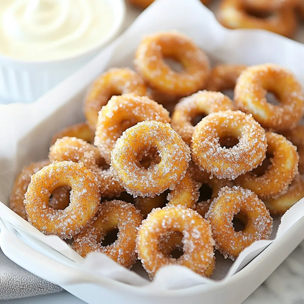 To make cinnamon sugar pretzel bites, you need these main ingredients: - 1 1/2 cups warm water (110°F to 115°F) - 2 tablespoons granulated sugar - 1 packet (2 1/4 teaspoons) active dry yeast - 4 cups all-purpose flour - 1 teaspoon salt - 1/4 cup baking soda - 1 large egg, beaten (for egg wash) - 1/2 cup unsalted butter, melted These ingredients create a soft dough that becomes delicious bites after baking. The warm water helps activate the yeast, while the flour gives structure. You also need some baking essentials: - Parchment paper for lining the baking sheet - A mixing bowl for the dough - A large pot for boiling These tools make the process simple and keep your kitchen clean. The parchment paper prevents the bites from sticking and makes cleanup easy. For a fun twist, consider these optional ingredients: - Cream cheese dip - Chocolate sauce These dips add extra flavor and make your cinnamon sugar pretzel bites even more enjoyable. You can serve them warm in a basket, lined with parchment paper, for a great presentation. {{ingredient_image_1}} Start by warming 1 1/2 cups of water. The water should be between 110°F to 115°F. In a mixing bowl, add the warm water, 2 tablespoons of sugar, and 1 packet of active dry yeast. Stir gently and let it sit for about 5 minutes. You will see bubbles form on top. This means your yeast is alive and ready to work. In a large bowl, combine 4 cups of all-purpose flour and 1 teaspoon of salt. Once the yeast mixture is foamy, pour it into the flour bowl. Stir until a dough forms. This dough will be thick and slightly sticky. Sprinkle some flour on a clean surface. Place the dough on this surface and knead it for about 5 to 7 minutes. You want it to be smooth and elastic. After kneading, place the dough in a greased bowl. Cover it with a cloth and let it rise in a warm spot for 1 hour. The dough will double in size. Preheat your oven to 425°F. In a large pot, bring 10 cups of water to a boil. Add 1/4 cup of baking soda to the boiling water. Once the dough has risen, punch it down and divide it into small pieces, about 1 inch each. Drop 8 to 10 pretzel bites into the boiling water at a time. Boil them for 30 seconds. Use a slotted spoon to remove them and place them on a baking sheet lined with parchment paper. Brush the tops of the boiled pretzel bites with a beaten egg. Bake them for 12 to 14 minutes or until they turn golden brown. While they bake, mix 1/2 cup of granulated sugar with 2 teaspoons of ground cinnamon in a bowl. After baking, toss the warm pretzel bites in melted butter, then coat them in the cinnamon-sugar mixture. Enjoy the sweet, warm goodness! To get that soft and chewy bite, knead the dough well. Knead it for 5 to 7 minutes on a floured surface. This builds gluten, which gives the pretzel its structure. After kneading, let the dough rise in a warm spot. This makes it fluffy. Keep an eye on the dough; it should double in size. One mistake is not using warm enough water for the yeast. The water should be between 110°F to 115°F. If it’s too cool, the yeast won’t activate. Don’t skip the boiling step either. It gives the pretzel its unique crust. Lastly, avoid overbaking. Check them at 12 minutes to ensure they stay soft inside. You’ll need a few key tools. A large mixing bowl helps combine your ingredients. A slotted spoon is perfect for handling the pretzel bites during boiling. Use a baking sheet lined with parchment paper to prevent sticking. A pastry brush is essential for applying the egg wash. These tools make the process smooth and easy. Pro Tips Proof Your Yeast: Always check that your yeast is active by letting it foam in warm water before mixing it into the dough. This ensures your pretzel bites will rise properly. Boiling Matters: Don’t skip the boiling step! This gives the pretzel bites their characteristic chewy texture. Make sure your baking soda solution is at a rolling boil. Butter is Key: Coat the pretzel bites in melted butter immediately after baking for maximum flavor and to help the cinnamon-sugar mixture adhere better. Storage Tips: Store any leftovers in an airtight container to keep them soft. Reheat in the oven for a few minutes to restore their freshness. {{image_2}} You can change up the flavor of your pretzel bites easily. For a cheesy twist, add shredded cheese to the dough before kneading. Cheddar or mozzarella works best. You can also sprinkle cheese on top before baking. For a sweet version, mix in chocolate chips or peanut butter chips. You can enjoy these bites with a yummy dip like caramel or chocolate sauce. If you need gluten-free options, use a gluten-free flour blend. Look for one that has xanthan gum in it to help with texture. You can also try almond flour or coconut flour. Just remember, these flours may change the taste a bit. Adjust the water and liquids as needed since these flours can absorb more moisture. Serve your cinnamon sugar pretzel bites warm for the best taste. A fun idea is to place them in a basket lined with parchment paper. You can pair them with cream cheese dip or chocolate sauce for a sweet treat. For a savory twist, try a cheese sauce or mustard. These options will make your snack even more enjoyable! To keep your leftover pretzel bites fresh, place them in an airtight container. This helps them stay soft and avoids drying out. You can store them at room temperature for up to two days. If you want to keep them longer, consider refrigeration. Just remember, the texture might change a bit. When it's time to enjoy your pretzel bites again, reheating is key. The oven works best. Preheat it to 350°F (175°C). Place the bites on a baking sheet and warm them for about 5-7 minutes. This will help restore their crispiness. You can also use a microwave, but the bites may become chewy. If you choose this method, heat them in short bursts of 10 seconds. Freezing is a great way to save pretzel bites for later. Allow them to cool completely before freezing. Place them in a single layer on a baking sheet and freeze for about an hour. After that, transfer them to a resealable bag or airtight container. They can stay in the freezer for up to three months. When ready to eat, thaw them in the fridge and reheat as mentioned before. Yes, you can use instant yeast in place of active dry yeast. Instant yeast works faster and does not need to be dissolved in water first. Just mix it directly into the dry ingredients. Keep in mind, you may need to slightly adjust the water amount. You can keep the pretzel bites fresh for about two days at room temperature. Store them in an airtight container to keep them soft. For longer storage, you can freeze them. These pretzel bites pair well with a few dips. Here are some tasty options: - Cream cheese dip - Chocolate sauce - Caramel sauce - Marshmallow fluff Yes, you can make the pretzel bites ahead of time. Prepare the dough and let it rise. Then, shape the bites and store them in the fridge for up to 24 hours. Just boil and bake them when you're ready to enjoy! You learned how to make cinnamon sugar pretzel bites from start to finish. We covered the key ingredients, step-by-step instructions, and tips for the best results. Don’t forget the fun variations to try, from cheesy to gluten-free options. Remember to store any leftovers properly for later enjoyment. Making these treats is simple and satisfying. You can impress friends and family with this tasty snack. Now, roll up your sleeves and give these pretzel bites a try! They are sure to be a crowd-pleaser.