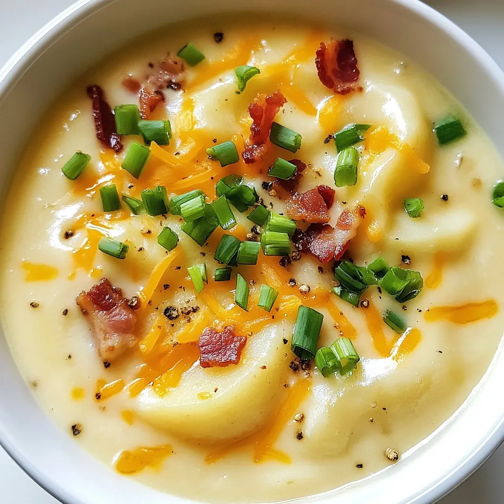- 4 large russet potatoes, peeled and diced - 1 medium onion, finely chopped - 3 cloves garlic, minced - 4 cups chicken broth (or vegetable broth) - 1 cup heavy cream - 1 cup shredded cheddar cheese - 1/2 cup sour cream - 4 slices cooked crisp turkey bacon, chopped (optional) - 2 green onions, sliced (for garnish) - Salt and pepper to taste - 2 tablespoons olive oil Gathering these ingredients is the first step to making your warm and comforting potato soup. The russet potatoes give it a creamy texture. The onion and garlic add a savory flavor. Chicken broth makes the soup hearty, while heavy cream brings richness. Shredded cheddar cheese melts in to create a deliciously cheesy base. Sour cream adds a tangy kick, making each spoonful satisfying. If you like bacon, adding it will make the soup even better. Finally, green onions on top add a fresh crunch. When you have everything ready, you can start cooking. Each ingredient plays an important role, making this soup a favorite for many. {{ingredient_image_1}} 1. In a large pot, heat 2 tablespoons of olive oil over medium heat. 2. Add 1 medium onion, finely chopped. Sauté for about 5 minutes. The onion should turn translucent. 3. Next, add 3 cloves of minced garlic. Cook for another 1-2 minutes until you smell the garlic. 4. Stir in 4 large russet potatoes, peeled and diced. Mix well. 5. Pour in 4 cups of chicken broth. You can use vegetable broth for a vegetarian option. 1. Turn up the heat and bring the mixture to a boil. 2. Once boiling, reduce the heat and let it simmer for about 20-25 minutes. The potatoes should be tender. 3. After cooking, use an immersion blender to puree the soup. Blend it to your desired smoothness. 4. For a chunkier texture, blend only half of the pot and leave the rest. 1. Stir in 1 cup of heavy cream, 1 cup of shredded cheddar cheese, and 1/2 cup of sour cream. 2. Mix until the cheese melts and everything combines well. 3. Season with salt and pepper to taste. 4. If you want to add meat, include 4 slices of cooked crisp turkey bacon. Add it just before serving. 5. Serve hot, garnished with 2 sliced green onions and any reserved turkey bacon. For the best texture, blending is key. I love using an immersion blender. It gives a smooth finish with less mess. If you want some chunks, blend only half the soup. This gives a nice contrast in texture. You get creamy bites and hearty pieces. To boost flavor, try adding spices. A pinch of paprika or cayenne can add heat. You can also mix in fresh herbs like thyme or parsley. They add a fresh taste. For garnishes, sliced green onions work great. Crispy turkey bacon adds a nice crunch too. Use a large pot for cooking. A heavy-bottomed pot helps heat evenly. For blending, an immersion blender is best. It’s easy to use and clean. If you don’t have one, a regular blender works too. Just blend in small batches to avoid spills. Pro Tips Choose the Right Potatoes: For a creamy texture, russet potatoes work best due to their high starch content. Blend to Your Preference: Adjust the blending process based on your desired soup texture; blend completely for a smooth soup or partially for a chunkier version. Garnish for Flavor: Fresh green onions not only add color but also enhance the soup's flavor profile when sprinkled on top just before serving. Make It Ahead: This soup can be prepared in advance and stored in the refrigerator. Reheat gently, adding a splash of broth if it thickens too much. {{image_2}} You can easily make this soup fit your diet. For a vegetarian version, swap chicken broth with vegetable broth. This change keeps the flavor rich without meat. If you need dairy-free options, replace heavy cream with coconut milk. You can also use dairy-free cheese for a tasty twist. These adjustments make the soup just as comforting for everyone. To elevate your soup's taste, consider adding spices. Paprika adds warmth, while cayenne brings heat. You can also mix in vegetables like carrots or celery for extra nutrition and crunch. If you want protein, add shredded chicken or beans. These additions create layers of flavor and make each bowl exciting. Pair your potato soup with warm, crusty bread or a fresh salad. Bread soaks up the soup's goodness, while a salad adds a nice crunch. For serving, use bowls that showcase the soup's creamy texture. Garnish with green onions and reserved bacon for a pop of color and extra flavor. This simple touch makes the meal feel special. You can store Outback Steakhouse Potato Soup in the fridge for about 3 to 4 days. Use an airtight container to keep it fresh. When you are ready to enjoy it again, simply reheat it on the stove over low heat. Stir it often to avoid burning. You can also use a microwave, but be sure to cover the bowl to keep moisture in. To freeze your potato soup, let it cool completely first. Then, pour it into freezer-safe bags or containers. Make sure to leave some space at the top for expansion. When you want to eat it, take it out of the freezer and thaw it in the fridge overnight. You can also thaw it in the microwave on low power. Reheat in a pot on the stove, stirring often, until it's hot all the way through. The best containers for soup are those that seal tightly. Glass jars or plastic containers work well. Always label your containers with the date. This helps you know when to use them for the best taste. Keep your soup fresh for longer by marking each container clearly. To thicken potato soup, you can use a few methods. The easiest way is to blend part of the soup. This makes the soup creamy. You can also add more potatoes or use cornstarch mixed with water. Cook it in the soup until it gets thick. Yes, you can use other potatoes. Yukon Golds or red potatoes work well. They have a nice texture. Just remember that different potatoes may change the soup's taste a bit. To spice up the soup, add some cayenne pepper or crushed red pepper. You can also mix in hot sauce for a kick. Start with a little, then taste and add more if you want. Yes, this recipe can be gluten-free. Use vegetable broth instead of chicken broth. Make sure all other ingredients are gluten-free too. Always check labels on packaged items. Absolutely! This soup tastes great when made ahead. Make it, let it cool, and store in the fridge. Reheat it on the stove when you're ready to serve. The flavors will even get better! In this blog post, we explored how to make a creamy potato soup step by step. You learned the key ingredients and the cooking process, from sautéing onions and garlic to blending for the perfect texture. I also shared tips for flavor and variations, whether for dietary needs or taste preferences. Remember, this soup is versatile and easy to store. Try making it your own with different ingredients. Enjoy a warm bowl of comfort that fits your taste.