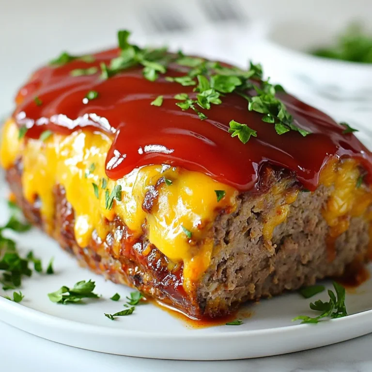 To make Tender Million Dollar Meatloaf, you need fresh and hearty ingredients. Here’s what you’ll need: - 1 lb ground beef (80/20) - 1 lb ground turkey - 1 cup breadcrumbs (seasoned) - 3/4 cup milk - 1/4 cup ketchup - 1/4 cup barbecue sauce - 1 large onion, finely chopped - 2 cloves garlic, minced - 2 large eggs These main ingredients create a rich and flavorful base for the meatloaf. The mix of ground beef and turkey keeps it juicy but not too heavy. The right seasonings and sauces enhance the flavor. Here’s what you’ll need to add: - 1 teaspoon Worcestershire sauce - 1 tablespoon Dijon mustard - 1 teaspoon dried thyme - 1 teaspoon dried oregano - Salt and pepper to taste These seasonings add depth and a touch of zest. The Worcestershire sauce brings umami, while Dijon mustard adds a slight tang. To take your meatloaf to the next level, consider these optional ingredients: - 1/2 cup shredded cheddar cheese (optional) - Fresh parsley, chopped (for garnish) Adding cheese gives a creamy texture, while fresh parsley adds a pop of color and freshness. You can mix it in or sprinkle it on top before serving. {{ingredient_image_1}} Start with a large bowl. Add 1 pound of ground beef and 1 pound of ground turkey. Mix them gently. In another bowl, soak 1 cup of seasoned breadcrumbs in 3/4 cup of milk. Let it sit for about 5 minutes. This step is key for a moist meatloaf. Once soaked, add the breadcrumbs to the meat mix. Then, add 1/4 cup of ketchup, 1/4 cup of barbecue sauce, and 1 finely chopped onion. Don’t forget 2 minced garlic cloves, 2 large eggs, 1 teaspoon of Worcestershire sauce, and 1 tablespoon of Dijon mustard. Spice it up with 1 teaspoon each of dried thyme and oregano. Season with salt and pepper to taste. Mix everything well but don’t overdo it. Overmixing can make the meatloaf tough. Now it’s time to shape the meatloaf. If you like cheese, fold in 1/2 cup of shredded cheddar cheese at this stage. Transfer the meat mixture into a lightly greased loaf pan. Shape it into a nice loaf. Smooth the top with your hands. This helps it cook evenly. Make sure it fits snugly in the pan for the best results. Preheat your oven to 350°F (175°C). Place the loaf pan in the oven and bake for about 60 to 70 minutes. The meatloaf is ready when its internal temperature hits 160°F (70°C). Once done, take it out of the oven. Let it rest for 10 minutes before slicing. Resting helps keep the juices inside. Serve warm and sprinkle some chopped fresh parsley on top for a lovely touch. Enjoy your meal! To get the right texture, you need to mix well but not too much. Overmixing can make your meatloaf tough. Use your hands to blend the meats gently. This keeps it light and tender. Adding soaked breadcrumbs helps too, as they trap moisture. Letting them sit in milk makes them soft and fluffy. Flavor is key to a great meatloaf. Use fresh onion and garlic for a strong taste. The mix of ketchup and barbecue sauce adds a sweet and tangy kick. Don’t skip the Worcestershire sauce; it gives depth. Herbs like thyme and oregano brighten the flavors. If you like cheese, fold in shredded cheddar for a creamy surprise. Avoid using lean meat only; it can dry out your meatloaf. A mix of beef and turkey keeps it juicy. Also, don’t skip letting it rest after baking. This step keeps the juices in. Lastly, ensure you measure your seasonings accurately. Too much salt can ruin the dish, so taste as you go! Pro Tips Use a Meat Thermometer: To ensure your meatloaf is perfectly cooked, insert a meat thermometer into the center. It should read 160°F (70°C) for safe consumption. Rest Before Slicing: Allow the meatloaf to rest for at least 10 minutes after baking. This helps retain its juices and makes it easier to slice. Add Flavor with Toppings: For an extra burst of flavor, consider topping your meatloaf with additional barbecue sauce or a glaze made from ketchup and brown sugar before baking. Experiment with Meats: Don't hesitate to mix different types of ground meat, such as pork or chicken, for varied flavors and textures in your meatloaf. {{image_2}} You can mix and match meats for your meatloaf. Ground beef and turkey create a nice balance. If you want a leaner option, use only turkey. For a richer flavor, try ground pork or lamb. You can also use a mix of meats. This gives you a unique taste each time. Adding extra ingredients can make your meatloaf special. Try adding chopped bell peppers or carrots. They give a pop of color and flavor. You can also mix in cooked bacon for a smoky taste. If you love cheese, add some shredded mozzarella or pepper jack. Each ingredient adds its own flair to the dish. The topping can change your meatloaf game. Instead of just ketchup, try a mix of ketchup and barbecue sauce for sweetness. You can also use a layer of cheese on top for a gooey finish. If you're feeling adventurous, brush on some teriyaki sauce for a different twist. The right topping can make your meatloaf shine. To keep your meatloaf fresh, let it cool first. Wrap it tightly in plastic wrap or foil. You can also place it in an airtight container. Store it in the fridge for up to four days. If you have a large piece, slice it before storing. This helps it chill faster and makes it easy to grab for meals. When you want to reheat your meatloaf, use the oven for the best results. Preheat your oven to 350°F (175°C). Place slices on a baking sheet and cover them with foil. Heat for about 20 minutes. You can also use the microwave if you're in a hurry. Place slices on a microwave-safe plate and heat for one to two minutes. Check that it's warm all the way through. If you want to save meatloaf for later, freezing works great. Wrap the whole meatloaf or slices tightly in plastic wrap and foil. Label it with the date. It can last for up to three months in the freezer. When ready to eat, thaw it in the fridge overnight. Then, reheat it in the oven or microwave. This keeps the meatloaf tasty and moist. Yes, you can mix meats for your meatloaf. Ground beef and turkey work great together. You may also use ground pork or chicken. Each meat brings a unique flavor and texture. Just keep the ratio similar to maintain the moisture. You want your meatloaf to stay tender and juicy. Meatloaf pairs well with many sides. Here are some favorites: - Mashed potatoes - Steamed green beans - Roasted carrots - Creamy coleslaw - Corn on the cob These sides balance the hearty meatloaf. They add color and nutrition to your meal. To check if your meatloaf is ready, use a meat thermometer. Insert it into the center. The meatloaf should reach 160°F (70°C). If you don’t have a thermometer, cut into the loaf. It should be brown and not pink inside. Letting it rest for ten minutes helps keep it moist. In this blog post, we explored key ingredients for a tender Million Dollar Meatloaf. We walked through step-by-step instructions for prepping, assembling, and baking. I shared tips to achieve perfect texture and avoid common mistakes. You also learned various meatloaf variations and proper storage tips. Finally, I answered common questions, like cooking time and side dish ideas. Remember, customizing your meatloaf can make it truly unique. Enjoy making your perfect meatloaf that your family will love!