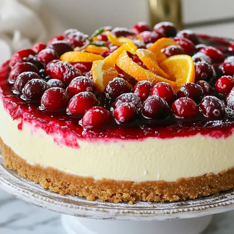 To make this creamy cheesecake, gather these main ingredients: - 4 (8 oz) packages cream cheese, softened - 1 cup sugar - 1 teaspoon vanilla extract - 4 large eggs - 1 cup sour cream These ingredients work together to create a rich and smooth filling. The cream cheese gives it the classic cheesecake flavor, while the sugar adds sweetness. Eggs help bind everything together, and sour cream adds a lovely tang. For the delicious graham cracker crust, you will need: - 1 ½ cups graham cracker crumbs - ½ cup unsalted butter, melted - 2 tablespoons sugar This crust is simple but full of flavor. The melted butter helps the crumbs stick together and adds richness. Sugar enhances the sweetness, making it a perfect base for your cheesecake. The cranberry topping needs these ingredients: - 1 cup fresh cranberries - ½ cup sugar (for cranberry sauce) - 1 cup water - Zest of 1 orange - Pinch of salt This topping brings a burst of tartness and color to the cheesecake. Fresh cranberries give a vibrant taste, while the orange zest adds a bright note. Mixing all these ingredients creates a delicious sauce that complements the creamy cheesecake perfectly. {{ingredient_image_1}} Start by preheating your oven to 350°F (175°C). In a bowl, mix 1 ½ cups of graham cracker crumbs, ½ cup of melted unsalted butter, and 2 tablespoons of sugar. Blend until everything is combined. Next, press this mixture firmly into the bottom of a 9-inch springform pan. Make sure it is even. Bake for about 10 minutes, or until you see a light golden color. Once done, take it out and let it cool for a bit. In a large bowl, beat 4 packages of softened cream cheese with an electric mixer. Keep mixing until it is smooth and creamy, about 2 minutes. Gradually add in 1 cup of sugar and mix well. Pour in 1 teaspoon of vanilla extract and stir. Then, add 4 large eggs one at a time. Mix well after each egg. Scrape down the sides of the bowl to ensure everything is well mixed. Gently fold in 1 cup of sour cream until the batter is smooth. For the cranberry topping, take a small saucepan. Add 1 cup of fresh cranberries, ½ cup of sugar, 1 cup of water, and the zest of 1 orange. Cook over medium heat. Stir until the cranberries burst and the mix thickens, which takes about 10 minutes. Remove it from heat and let it cool a little. Now, pour the creamy cheesecake batter over the cooled graham cracker crust. Smooth the top with a spatula. Spoon the cranberry sauce over the cheesecake batter. Use a knife to swirl it gently, creating a marbled look. Place the springform pan in the oven and bake for 50 to 60 minutes. The center should be set but still slightly jiggly. When done, turn off the oven but leave the cheesecake inside for 1 hour. This helps it cool gradually. After an hour, take the cheesecake out of the oven and let it cool to room temperature. Once cooled, cover it and refrigerate for at least 4 hours. For the best flavor and texture, chill it overnight. This step is key for a creamy, delicious cheesecake. To make your cheesecake creamy, use room temperature cream cheese. Cold cream cheese creates lumps. Beat it well for about two minutes until smooth. Add sugar slowly. Mix in the eggs one at a time. After that, gently fold in the sour cream. Avoid mixing too much. Overmixing can make the cheesecake dense, not light. For a stunning look, add fresh cranberries on top before serving. Dust with powdered sugar for a festive touch. You can also add a dollop of whipped cream on each slice. Arrange slices on a nice plate. This makes your cheesecake shine at any holiday gathering. One common mistake is baking too long. The cheesecake should be set but still jiggle in the center. Another error is not cooling it slowly. If you rush this step, cracks may form. Also, don’t skip refrigerating for at least four hours. This helps the flavors mix and the texture firm up. Pro Tips Room Temperature Ingredients: Make sure your cream cheese and eggs are at room temperature before mixing. This helps to achieve a smoother batter and prevents lumps. Prevent Cracking: To minimize cracks on the cheesecake surface, avoid overmixing the batter and consider baking in a water bath. This creates a gentler cooking environment. Chill Overnight: For the best flavor and texture, allow the cheesecake to chill overnight. The flavors meld beautifully, and the texture firms up perfectly. Fresh Cranberry Sauce Alternatives: If fresh cranberries are not available, you can use frozen cranberries or even a store-bought cranberry sauce for convenience. {{image_2}} You can change the flavor of your cheesecake to suit your taste. Here are a few ideas: - Chocolate: Add melted chocolate to the cream cheese mixture. Use about 8 oz of melted dark or milk chocolate. - Lemon: Mix in the zest and juice of one lemon for a bright, tangy taste. - Pumpkin: Add 1 cup of pumpkin puree and 1 teaspoon of pumpkin spice for a seasonal twist. - Nutty: Blend in ½ cup of finely chopped nuts, like pecans or walnuts, for a crunchy texture. These options let you have fun and create a cheesecake that fits your mood. Toppings can elevate your cheesecake. Here are some fun options: - Whipped Cream: A dollop of fresh whipped cream adds a light touch. - Chocolate Drizzle: Drizzle melted chocolate on top for a rich finish. - Caramel Sauce: Sweet caramel sauce complements the tart cranberries. - Fruit Compote: Use other fruits like strawberries or blueberries for a fresh look. These toppings allow you to personalize your cheesecake for any occasion. If you need a gluten-free crust, try these alternatives: - Almond Flour Crust: Mix 1 ½ cups of almond flour with ½ cup of melted butter and 2 tablespoons of sugar. - Oat Crust: Use gluten-free oats and blend them into a fine powder. Combine 1 ½ cups of oat flour with ½ cup of butter and 2 tablespoons of sugar. - Coconut Crust: Combine 1 ½ cups of shredded coconut with ½ cup of butter and 2 tablespoons of sugar. These options ensure everyone can enjoy your cheesecake without worry. To store leftover cheesecake, first let it cool completely. Cover it tightly with plastic wrap or aluminum foil. You can also use an airtight container. This keeps the cheesecake fresh and prevents it from absorbing other smells in the fridge. Store it in the refrigerator for up to five days. If you want to keep it longer, consider freezing. Freezing cheesecake is easy. Once it has cooled, slice it into pieces. Wrap each piece in plastic wrap, then in foil. This double wrapping helps preserve flavor and texture. Place the wrapped slices in a freezer-safe bag or container. You can freeze cheesecake for up to three months. When you want to eat it, thaw it in the fridge overnight for the best results. The shelf-life of cheesecake varies based on how you store it. If refrigerated, it lasts about five days. If frozen, it stays good for about three months. Always check for any signs of spoilage before eating. Look for changes in texture or off smells. Enjoy your creamy cranberry holiday cheesecake while it’s fresh for the best taste! Yes, you can use frozen cranberries. They will work well in the sauce. Just remember to thaw them first. This helps keep the sauce smooth. Frozen cranberries may also have a bit more juice. You might need to adjust the sugar a tad. If you need a substitute for sour cream, use plain Greek yogurt. It has a similar taste and texture. You can also mix cream cheese with a little milk. This gives you a creamy result. Both options keep your cheesecake rich and tasty. To check if the cheesecake is done, look for a slight jiggle. The center should not be liquid but should still move a bit. A toothpick inserted should come out mostly clean. Remember, it will set more as it cools. Yes, you can make this cheesecake ahead of time. In fact, it tastes better after chilling overnight. Just cover it well in the fridge. This allows the flavors to blend nicely. You can enjoy a stress-free holiday! This blog covers making cheesecake from scratch. You learned about the key ingredients and how to make a graham cracker crust, batter, and cranberry sauce. I shared tips for a smooth texture and serving ideas, plus variations for flavor and dietary needs. Storage options keep your cheesecake fresh longer. I hope you feel inspired to create your own delicious cheesecake masterpiece. Remember, practice makes perfect, and enjoy the process!