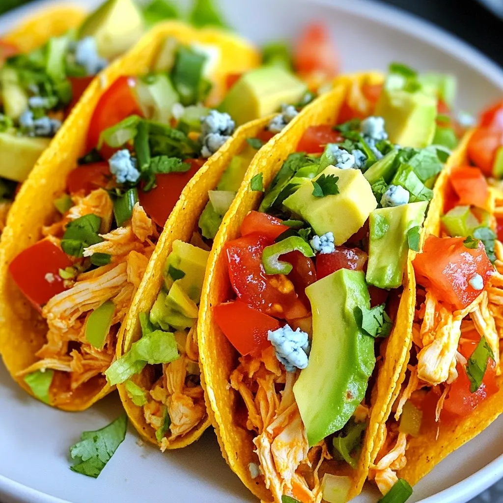 To make delicious Buffalo Chicken Tacos, you will need a few key ingredients. Here’s what you need: - 1 lb chicken breast, cooked and shredded - 1/2 cup buffalo sauce - 8 small corn tortillas - 1 cup shredded lettuce - 1/2 cup crumbled blue cheese - 1/2 cup diced tomatoes - 1/4 cup green onions, chopped - 1 avocado, sliced - 1 tablespoon olive oil - Salt and pepper to taste - 1/4 cup ranch dressing (optional) These ingredients make the tacos spicy and flavorful. The chicken gives a nice base, while the buffalo sauce adds that perfect kick. You can add more flavor and texture with some optional garnishes. Consider these: - Extra crumbled blue cheese - Sliced jalapeños for heat - Fresh cilantro for a fresh taste - Lime wedges for brightness These toppings let you customize each taco. They also add fun colors to your dish. Buffalo Chicken Tacos can fit into many diets. Here are some points to consider: - Gluten-free: Use corn tortillas, as they are gluten-free. - Low-carb: You can use lettuce wraps instead of tortillas for a low-carb version. These options help you enjoy the tacos while meeting your dietary needs. {{ingredient_image_1}} Start with cooked chicken breast. I like to use shredded chicken for this dish. In a medium bowl, add 1 pound of shredded chicken. Pour in 1/2 cup of buffalo sauce. Mix well until the chicken is coated. This gives your tacos that spicy, bold flavor. Next, heat a skillet over medium heat. Add 1 tablespoon of olive oil to the skillet. Once the oil is warm, add the chicken mixture. Sauté it for 3 to 5 minutes. Stir occasionally until it is heated through. Season with salt and pepper to taste. While your chicken cooks, focus on the tortillas. You will need 8 small corn tortillas. Use a separate skillet or the microwave to warm them. If you use a skillet, heat it on medium-low. Place the tortillas in the skillet for about 30 seconds on each side. If you microwave, wrap them in a damp paper towel. Heat for about 20 seconds. Warm tortillas are easier to fold and tasty to eat! Now, it’s time to build your tacos! Take a warm tortilla and place a generous amount of the buffalo chicken mixture in the center. Next, add toppings to your liking. I recommend 1 cup of shredded lettuce, 1/2 cup of crumbled blue cheese, and 1/2 cup of diced tomatoes. You can also add 1/4 cup of chopped green onions and sliced avocado for more flavor. If you like ranch dressing, drizzle 1/4 cup on top. Finally, fold the tortillas over the filling. You now have a delicious buffalo chicken taco ready to enjoy! To make your buffalo chicken pop, use a good buffalo sauce. I recommend a medium heat level. This lets the flavor shine without overwhelming your taste buds. Mix the shredded chicken with the sauce well. If you want more heat, add a pinch of cayenne pepper. Always taste as you go; adjust seasoning to your liking. When assembling tacos, warm your tortillas first. This makes them soft and easy to fold. Start with a generous scoop of buffalo chicken in the center. Layer on shredded lettuce, crumbled blue cheese, and diced tomatoes. Sprinkle green onions and add avocado slices for creaminess. Serve on a platter with extra toppings on the side. This lets everyone build their dream taco. Storing leftovers is simple. Keep the chicken and toppings separate to keep them fresh. Place the chicken in an airtight container in the fridge for up to three days. For reheating, warm the chicken in a skillet over medium heat. Heat tortillas in a dry pan or microwave to keep them soft. Avoid reheating fully assembled tacos; they can get soggy. Pro Tips Choose the Right Chicken: For the best flavor and texture, use chicken breast that is cooked and shredded. You can also use rotisserie chicken for a quicker option. Adjust the Spice Level: If you prefer a milder flavor, mix the buffalo sauce with a bit of ranch dressing before adding it to the chicken. Warm Your Tortillas: Warming the tortillas helps to prevent them from cracking. You can do this in a skillet or wrap them in a damp paper towel and microwave for a few seconds. Garnish with Fresh Herbs: Adding fresh cilantro or parsley as a garnish can enhance the flavor and add a pop of color to your tacos. {{image_2}} You can easily make vegetarian buffalo tacos. Just swap the chicken with shredded jackfruit or cauliflower. Both options absorb the sauce well. Cook them with buffalo sauce just like the chicken. You get a spicy, tasty filling that everyone will love. Add the same toppings for a delightful crunch and flavor. If you want a twist, try different sauces. For a milder taste, use barbecue sauce. It gives a sweet and smoky flavor. You can also experiment with sriracha or honey mustard. These sauces add unique tastes and kick. Mix and match to find your favorite combination. Want a healthier option? Use grilled chicken instead of cooked chicken. You can also choose low-fat buffalo sauce. For a lighter taco, use lettuce wraps instead of tortillas. This swap cuts carbs and adds freshness. If you're dairy-free, skip the blue cheese and ranch dressing. You can still enjoy a flavorful meal that fits your diet. To store your leftover Buffalo Chicken Tacos, first, let them cool. Place the tacos in an airtight container. Separate the chicken from the toppings. This keeps everything fresh. You can store the chicken for up to four days in the fridge. For the best taste, use it within two days. Freezing the buffalo chicken is easy. Place the cooled buffalo chicken in a freezer-safe bag. Remove as much air as possible before sealing. Label the bag with the date. You can freeze the chicken for up to three months. When you're ready to use it, thaw it in the fridge overnight. To reheat the buffalo chicken, use a skillet over medium heat. Add a splash of water or broth to keep it moist. Heat for about five minutes, stirring often. For tortillas, warm them in a dry skillet or microwave for a few seconds. This will help them stay soft and tasty. Enjoy your tacos just like when they were fresh! Yes, you can use rotisserie chicken. It saves time and adds flavor. Just shred the chicken and mix it with buffalo sauce. This makes the recipe easier and quicker on busy nights. Great side dishes include: - Corn on the cob - Mexican rice - Black beans - Chips and salsa - Guacamole These sides balance the spicy tacos. They add color and extra flavor to your meal. To spice up your tacos, try these ideas: - Add jalapeños for heat. - Use spicy ranch dressing. - Mix in diced peppers. - Experiment with different hot sauces. Each option adds more flavor and excitement to your tacos. Enjoy creating your perfect spicy dish! Buffalo chicken tacos are fun to make and eat. You learned about key ingredients and garnishes, plus ways to adapt the recipe for various diets. I walked you through each step, from cooking the chicken to storing leftovers. You now have tips for great flavors and taco presentation. Whether you choose a vegetarian twist or an alternative sauce, there's a version for everyone. Embrace these ideas next time you cook. Enjoy making your tacos tasty and your meals exciting.