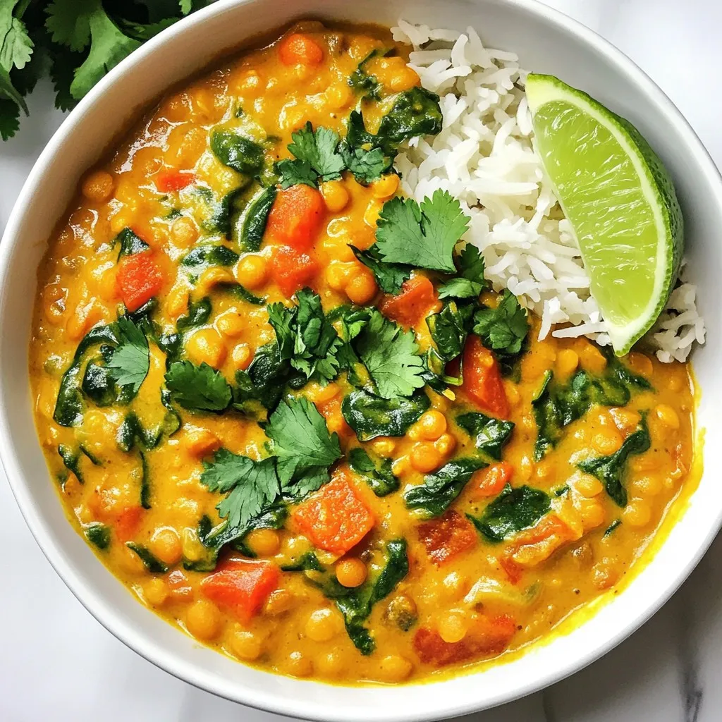 To make a rich and creamy Vegan Coconut Lentil Curry, gather the following ingredients: - 1 cup red lentils, rinsed - 1 can coconut milk (13.5 oz) - 2 cups vegetable broth - 1 medium onion, finely chopped - 3 cloves garlic, minced - 1 inch ginger, grated - 1 medium carrot, diced - 1 bell pepper (any color), diced - 2 cups fresh spinach - 1 tablespoon curry powder - 1 teaspoon cumin - 1 teaspoon turmeric - 1 tablespoon olive oil - Salt and pepper to taste - Fresh cilantro for garnish - Lime wedges for serving Each ingredient plays a key role in making this dish flavorful and hearty. The red lentils provide protein and a creamy texture. Coconut milk adds richness, while vegetable broth helps build the base flavor. Onions, garlic, and ginger contribute depth and warmth to the curry. Carrots and bell peppers not only add color but also sweetness. Fresh spinach brightens the dish and adds nutrients. The spices – curry powder, cumin, and turmeric – bring an aromatic kick. Finally, cilantro and lime enhance the dish's freshness and brightness. I invite you to explore these ingredients and think about how they come together. Each one is essential, making the Vegan Coconut Lentil Curry a satisfying meal that everyone will love. {{ingredient_image_1}} 1. Heat one tablespoon of olive oil in a large pot over medium heat. 2. Add one finely chopped onion and sauté for about five minutes. The onion should be soft and clear. 3. Next, add three minced garlic cloves and one inch of grated ginger. Cook for one minute until the smell fills the air. 4. Stir in one diced carrot and one diced bell pepper. Let this mix cook for three to four minutes. 1. Now, sprinkle in one tablespoon of curry powder, one teaspoon of cumin, and one teaspoon of turmeric. Mix the spices well with the veggies. 2. Pour in one cup of rinsed red lentils, one can of coconut milk, and two cups of vegetable broth. Give everything a good stir to combine. 3. Bring the mixture to a gentle boil, then lower the heat to a simmer. Cover the pot and let it cook for 20 to 25 minutes. Stir occasionally to stop the lentils from sticking. 1. Once the lentils are soft, add two cups of fresh spinach. Stir it in until it wilts. 2. Season with salt and pepper to taste. 3. Serve hot, garnished with fresh cilantro and lime wedges on the side. To keep your curry from sticking, stir it occasionally. This simple act helps all the flavors blend well. If your curry seems too thick, add a splash of vegetable broth or water. This will help you reach that perfect creamy texture. For extra depth, consider adding spices like coriander or garam masala. These can bring a new layer of flavor. Fresh herbs like basil or mint also make great garnishes. They add a nice freshness to the dish. Serve the curry in a deep bowl. Top it with fresh cilantro and a lime wedge for that pop of color. Pair it with fluffy basmati rice or crusty bread. This not only looks great but also helps soak up the tasty sauce. Pro Tips Soak the Lentils: For even creamier lentils, soak them in water for 30 minutes before cooking. This helps them cook faster and become softer. Customize the Veggies: Feel free to add other vegetables such as zucchini or sweet potatoes to enhance the flavor and nutrition of your curry. Adjust the Spice Level: If you prefer a spicier curry, add some chopped green chilies or a pinch of cayenne pepper when cooking. Storage Tips: This curry stores well in the fridge for up to 4 days. Reheat gently on the stovetop and add a splash of vegetable broth if it thickens too much. {{image_2}} You can switch up the lentils if you want. Use green or brown lentils instead of red. They may take longer to cook, so check them while simmering. You can also use chickpeas or black beans for a different taste. For dairy-free options, coconut milk is perfect. If you want a lighter version, use almond milk. Just keep in mind that the flavor will change a bit. If you need gluten-free options, this recipe is naturally gluten-free. Just make sure your vegetable broth is also gluten-free. For low-sodium variations, use low-sodium vegetable broth. You can skip added salt, too. Taste before serving to adjust seasoning. Adjusting spice levels is easy. Start with less curry powder and add more as you cook. You can also add chili powder for extra heat. If you like it spicy, add fresh peppers. Jalapeños or serranos work well. Chop them finely and stir them in with the onions. This will boost the heat and flavor. To store leftovers, let the curry cool first. Then, place it in an airtight container. This helps keep the flavors fresh. The shelf life in the fridge is about 3 to 5 days. Always check for any odd smells or changes in color before eating. You can freeze the curry for up to 3 months. To freeze, use freezer-safe containers. Leave some space at the top for expansion. When you want to eat it, thaw it overnight in the fridge. To reheat, warm it in a pot over low heat. Stir well to mix the flavors. This dish is great for meal prep. It’s easy to make a big batch. Divide the curry into single servings. Store them in the fridge or freezer. Label the containers so you know what’s inside. This makes it easy to grab a meal when you’re busy. Vegan Coconut Lentil Curry stays fresh in the fridge for about 4 to 5 days. Store it in an airtight container. Make sure to let it cool before sealing. This way, you keep the flavors locked in. Yes, you can make this curry in advance. It tastes even better after resting for a day. Prepare it, let it cool, and then store it in the fridge. When ready to eat, just reheat it on the stove. You can serve this curry with fluffy basmati rice or crusty bread. Both options soak up the tasty sauce. You could also try it with quinoa for a nutty twist. Fresh salad or roasted veggies make great sides too. This curry has a mild spice level. The curry powder adds flavor without too much heat. If you like it spicier, you can add some chili flakes or fresh peppers. Adjust it to your taste for a perfect kick! This blog post covered a simple, tasty vegan coconut lentil curry. You learned about the key ingredients, step-by-step cooking tips, and tasty variations. I shared how to store leftovers and meal prep suggestions. This dish is easy to customize, and it can fit many diets. Enjoy experimenting with flavors or serving styles. You’ll create a dish that’s both satisfying and nutritious. Try making it soon; you won’t regret it!