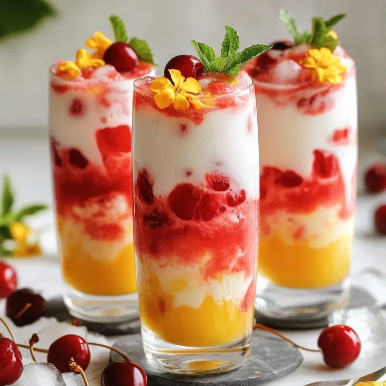 - 2 cups water - 2 tablespoons loose black tea or 2 black tea bags - 1 tablespoon chai spice blend (cinnamon, cardamom, ginger, cloves) - 1 cup fresh or frozen cherries, pitted - 1/4 cup honey or maple syrup - 1 cup milk (dairy or non-dairy) - Ice cubes - Fresh mint leaves for garnish To make Iced Cherry Chai, you need simple yet flavorful ingredients. Start with 2 cups of water. This will be your base for brewing the tea. Next, use 2 tablespoons of loose black tea or 2 black tea bags. The black tea gives a rich taste. For the chai spice blend, use 1 tablespoon. This blend includes cinnamon, cardamom, ginger, and cloves. These spices add warmth and depth to your drink. Use 1 cup of fresh or frozen cherries, pitted. Cherries give a sweet and tart flavor, making your chai unique. Next, add 1/4 cup of honey or maple syrup. This is for sweetness, but you can adjust it to your taste. Then, use 1 cup of milk. You can choose dairy or non-dairy options like almond or oat milk. Finally, don't forget the ice cubes to chill your drink. For a refreshing touch, garnish with fresh mint leaves. These ingredients work together to create a delightful drink. Enjoy the fun of making this iced treat! {{ingredient_image_1}} Start by boiling 2 cups of water in a saucepan. Once it reaches a rolling boil, add 2 tablespoons of loose black tea or 2 black tea bags. Also, add in 1 tablespoon of chai spice blend, which includes cinnamon, cardamom, ginger, and cloves. Let the tea steep for about 5 to 7 minutes. This time allows the flavors to develop well. While your tea is steeping, take 1 cup of fresh or frozen cherries. Pit them if needed. In a separate pot, combine the cherries and 1/4 cup of honey or maple syrup. You can also add a splash of water to help with the cooking. Heat this mixture gently over medium heat. Cook it for about 5 to 7 minutes. Stir occasionally to keep it from sticking. You want the cherries to break down and release their juices. Once the tea has steeped, remove it from heat. Strain it into a pitcher to get rid of the tea leaves or bags. Allow the tea to cool to room temperature. After it cools, mix the cherry sauce into the brewed chai. Stir well to combine the flavors. Now, take a glass and fill it with ice cubes. Pour the cherry chai mixture over the ice until it's about 3/4 full. Finally, add 1 cup of milk on top. Stir gently for a beautiful marbled effect. For a nice touch, garnish with fresh mint leaves. Enjoy your refreshing drink! To get the right sweetness, use honey or maple syrup. Start with 1/4 cup and taste. You can add more if you like it sweeter. The chai spice blend gives your drink a warm kick. Balance the spice with the sweetness for a great taste. Steep your black tea for about 5-7 minutes. This time brings out rich flavors. Use loose black tea or tea bags based on your choice. Look for a strong, bold tea to match the cherries. Cool your tea before mixing in the cherry sauce. This step keeps your drink refreshing. Use tall glasses to show off the beautiful colors. For a fun touch, add fresh mint leaves on top. They give a nice aroma and a pop of color. Pro Tips Use Fresh Cherries: Fresh cherries will provide a brighter flavor compared to frozen ones, enhancing the overall taste of your iced chai. Adjust the Sweetness: Feel free to adjust the amount of honey or maple syrup based on your preference for sweetness, especially if your cherries are particularly sweet. Chill Your Glasses: For an extra refreshing experience, chill your glasses in the freezer for about 10 minutes before serving. Experiment with Milk Alternatives: Try different non-dairy milk options like coconut or soy milk to find the flavor combination you enjoy most. {{image_2}} You can get creative with fruits in your Iced Cherry Chai. Try adding fresh or frozen raspberries for a tangy kick. Strawberries also work well, adding sweetness and color. You can mix and match fruits based on what’s in season. In summer, peaches or blueberries shine bright. In fall, apples can bring a warm essence to your drink. Seasonal fruits not only taste great but also make your drink more fun and vibrant. If you want to switch up the milk, many options exist. Almond milk is a popular choice. It adds a nutty flavor that pairs nicely with chai spices. Oat milk is also a great pick, giving a creamy texture without overpowering the drink. Coconut milk adds a tropical twist, while soy milk offers a protein boost. Each milk type changes the flavor a bit. Try different ones to find your favorite! You can adjust sweetness with different options. Agave syrup is a great swap for honey. It has a light taste and blends well. Stevia is another choice if you want a low-calorie sweetener. Remember to taste as you go. Each sweetener has a different level of sweetness. Adjust to match your liking. This way, you can make your Iced Cherry Chai just right for you! To keep your Iced Cherry Chai fresh, store it in a sealed container. Place it in the fridge right after you make it. This drink stays good for about 3 days. If you wait too long, the flavors may fade. If you want to prepare a large batch, follow these tips. Brew extra tea and make more cherry sauce. Mix them together and cool it in the fridge. To keep the flavor strong, store the milk separately. Add it just before serving. This way, your drink stays creamy and fresh! Iced Cherry Chai is a delightful drink that blends the warmth of chai spices with the sweet taste of cherries. You brew black tea with a mix of spices like cinnamon and ginger. Then, you add a cherry sauce made from fresh or frozen cherries. This drink is served cold over ice, making it perfect for hot days. Yes, you can! To make a caffeine-free version, simply use herbal tea instead of black tea. Rooibos tea works well here, as it has a rich flavor. You still get the sweet cherry and spice notes, just without the caffeine kick. You can enhance the flavor in many ways. Consider adding a pinch of nutmeg or a dash of vanilla extract. You can also try mixing in other fruits like raspberries or strawberries for a different twist. Each addition brings a new layer of taste to your drink. Absolutely! To serve Iced Cherry Chai hot, skip the ice. Brew the tea and make the cherry sauce as usual, then combine them while hot. Pour in your choice of milk, and enjoy a warm, comforting drink that still has that lovely cherry flavor. Iced Cherry Chai combines bold tea, sweet cherries, and chai spices. You learned how to make it step by step, from boiling water to adding milk. Remember to adjust your sweetness and enjoy different fruit or milk options. This drink is great for warm days and can be stored or made in advance. Try making a hot version, too! With these tips and tricks, you'll have a tasty drink for any time of year. Enjoy every sip, and get creative with your flavors!