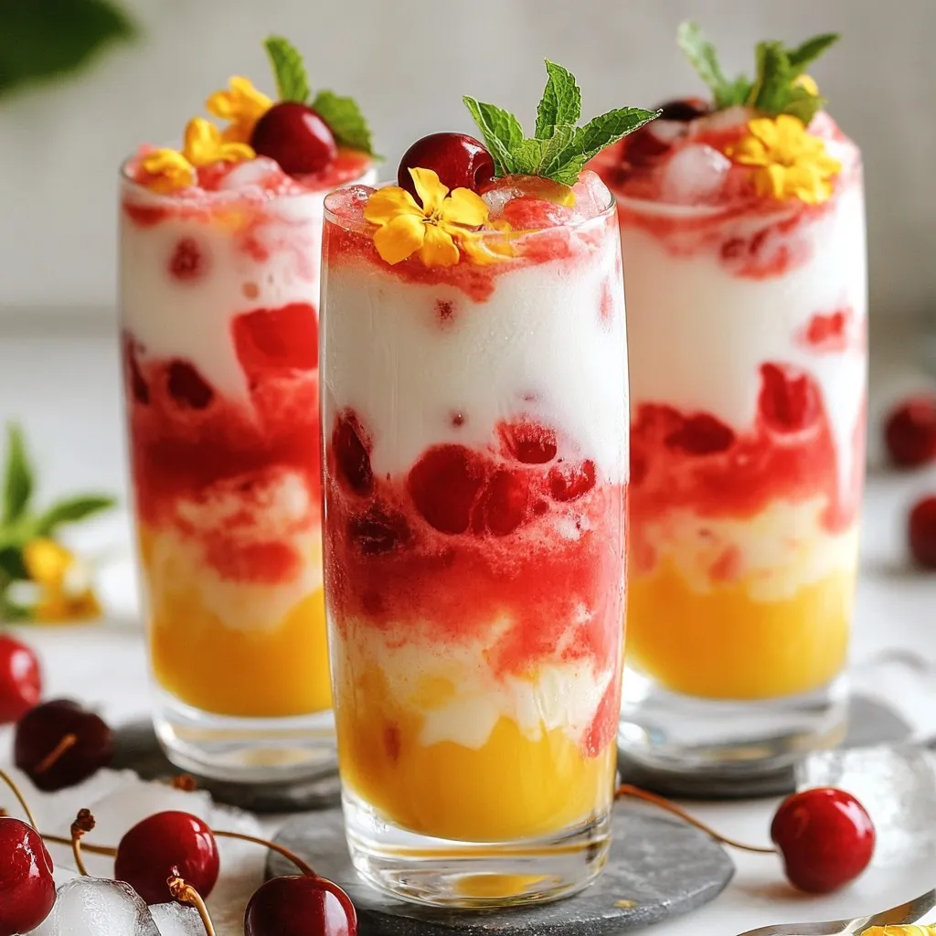 - 2 cups water - 2 tablespoons loose black tea or 2 black tea bags - 1 tablespoon chai spice blend (cinnamon, cardamom, ginger, cloves) - 1 cup fresh or frozen cherries, pitted - 1/4 cup honey or maple syrup - 1 cup milk (dairy or non-dairy) - Ice cubes - Fresh mint leaves for garnish To make Iced Cherry Chai, you need simple yet flavorful ingredients. Start with 2 cups of water. This will be your base for brewing the tea. Next, use 2 tablespoons of loose black tea or 2 black tea bags. The black tea gives a rich taste. For the chai spice blend, use 1 tablespoon. This blend includes cinnamon, cardamom, ginger, and cloves. These spices add warmth and depth to your drink. Use 1 cup of fresh or frozen cherries, pitted. Cherries give a sweet and tart flavor, making your chai unique. Next, add 1/4 cup of honey or maple syrup. This is for sweetness, but you can adjust it to your taste. Then, use 1 cup of milk. You can choose dairy or non-dairy options like almond or oat milk. Finally, don't forget the ice cubes to chill your drink. For a refreshing touch, garnish with fresh mint leaves. These ingredients work together to create a delightful drink. Enjoy the fun of making this iced treat! {{ingredient_image_1}} Start by boiling 2 cups of water in a saucepan. Once it reaches a rolling boil, add 2 tablespoons of loose black tea or 2 black tea bags. Also, add in 1 tablespoon of chai spice blend, which includes cinnamon, cardamom, ginger, and cloves. Let the tea steep for about 5 to 7 minutes. This time allows the flavors to develop well. While your tea is steeping, take 1 cup of fresh or frozen cherries. Pit them if needed. In a separate pot, combine the cherries and 1/4 cup of honey or maple syrup. You can also add a splash of water to help with the cooking. Heat this mixture gently over medium heat. Cook it for about 5 to 7 minutes. Stir occasionally to keep it from sticking. You want the cherries to break down and release their juices. Once the tea has steeped, remove it from heat. Strain it into a pitcher to get rid of the tea leaves or bags. Allow the tea to cool to room temperature. After it cools, mix the cherry sauce into the brewed chai. Stir well to combine the flavors. Now, take a glass and fill it with ice cubes. Pour the cherry chai mixture over the ice until it's about 3/4 full. Finally, add 1 cup of milk on top. Stir gently for a beautiful marbled effect. For a nice touch, garnish with fresh mint leaves. Enjoy your refreshing drink! To get the right sweetness, use honey or maple syrup. Start with 1/4 cup and taste. You can add more if you like it sweeter. The chai spice blend gives your drink a warm kick. Balance the spice with the sweetness for a great taste. Steep your black tea for about 5-7 minutes. This time brings out rich flavors. Use loose black tea or tea bags based on your choice. Look for a strong, bold tea to match the cherries. Cool your tea before mixing in the cherry sauce. This step keeps your drink refreshing. Use tall glasses to show off the beautiful colors. For a fun touch, add fresh mint leaves on top. They give a nice aroma and a pop of color. Pro Tips Use Fresh Cherries: Fresh cherries will provide a brighter flavor compared to frozen ones, enhancing the overall taste of your iced chai. Adjust the Sweetness: Feel free to adjust the amount of honey or maple syrup based on your preference for sweetness, especially if your cherries are particularly sweet. Chill Your Glasses: For an extra refreshing experience, chill your glasses in the freezer for about 10 minutes before serving. Experiment with Milk Alternatives: Try different non-dairy milk options like coconut or soy milk to find the flavor combination you enjoy most. {{image_2}} You can get creative with fruits in your Iced Cherry Chai. Try adding fresh or frozen raspberries for a tangy kick. Strawberries also work well, adding sweetness and color. You can mix and match fruits based on what’s in season. In summer, peaches or blueberries shine bright. In fall, apples can bring a warm essence to your drink. Seasonal fruits not only taste great but also make your drink more fun and vibrant. If you want to switch up the milk, many options exist. Almond milk is a popular choice. It adds a nutty flavor that pairs nicely with chai spices. Oat milk is also a great pick, giving a creamy texture without overpowering the drink. Coconut milk adds a tropical twist, while soy milk offers a protein boost. Each milk type changes the flavor a bit. Try different ones to find your favorite! You can adjust sweetness with different options. Agave syrup is a great swap for honey. It has a light taste and blends well. Stevia is another choice if you want a low-calorie sweetener. Remember to taste as you go. Each sweetener has a different level of sweetness. Adjust to match your liking. This way, you can make your Iced Cherry Chai just right for you! To keep your Iced Cherry Chai fresh, store it in a sealed container. Place it in the fridge right after you make it. This drink stays good for about 3 days. If you wait too long, the flavors may fade. If you want to prepare a large batch, follow these tips. Brew extra tea and make more cherry sauce. Mix them together and cool it in the fridge. To keep the flavor strong, store the milk separately. Add it just before serving. This way, your drink stays creamy and fresh! Iced Cherry Chai is a delightful drink that blends the warmth of chai spices with the sweet taste of cherries. You brew black tea with a mix of spices like cinnamon and ginger. Then, you add a cherry sauce made from fresh or frozen cherries. This drink is served cold over ice, making it perfect for hot days. Yes, you can! To make a caffeine-free version, simply use herbal tea instead of black tea. Rooibos tea works well here, as it has a rich flavor. You still get the sweet cherry and spice notes, just without the caffeine kick. You can enhance the flavor in many ways. Consider adding a pinch of nutmeg or a dash of vanilla extract. You can also try mixing in other fruits like raspberries or strawberries for a different twist. Each addition brings a new layer of taste to your drink. Absolutely! To serve Iced Cherry Chai hot, skip the ice. Brew the tea and make the cherry sauce as usual, then combine them while hot. Pour in your choice of milk, and enjoy a warm, comforting drink that still has that lovely cherry flavor. Iced Cherry Chai combines bold tea, sweet cherries, and chai spices. You learned how to make it step by step, from boiling water to adding milk. Remember to adjust your sweetness and enjoy different fruit or milk options. This drink is great for warm days and can be stored or made in advance. Try making a hot version, too! With these tips and tricks, you'll have a tasty drink for any time of year. Enjoy every sip, and get creative with your flavors!