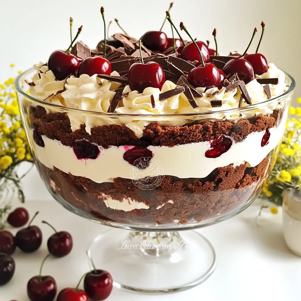 - 2 cups chocolate cake, crumbled - 2 cups fresh cherries, pitted and halved - 2 cups whipped cream - 1 cup mascarpone cheese - 1/2 cup powdered sugar - 1 teaspoon vanilla extract - 1/2 cup chocolate shavings or chips - 1 tablespoon cherry juice (optional) To make a Black Forest Trifle, you need a few key ingredients. First, the chocolate cake is the base. You can use store-bought cake or make your own. I love a rich, moist chocolate cake that really shines in this dessert. Next, fresh cherries bring bright flavor and color. They should be pitted and halved for the best texture. The whipped cream adds lightness and creaminess. You can use non-dairy whipped topping if you prefer. Mascarpone cheese is essential for a smooth filling. It pairs perfectly with whipped cream. For sweetness, we add powdered sugar. Vanilla extract enhances the flavors of the cake and cream. For garnish, chocolate shavings or chips add a nice touch. If you want to soak the cake, cherry juice is optional but highly recommended. It gives the cake a lovely burst of cherry flavor. With these ingredients, you’ll create a delightful layered dessert that everyone will love. {{ingredient_image_1}} Start by mixing the mascarpone cheese, powdered sugar, and vanilla extract in a bowl. Use a sturdy spoon or mixer until it is smooth and creamy. This step is key to getting a rich flavor. Next, in another bowl, whip the cream until soft peaks form. Be careful not to over-whip. Gently fold the whipped cream into the mascarpone mixture. This creates a light and airy texture. If you want more flavor, soak the crumbled chocolate cake with cherry juice. Drizzle about a tablespoon over the cake. It adds a nice cherry taste. Let it sit for a few minutes to soak in. This step is not necessary but enhances the trifle. Now, let’s build our trifle! Start with a generous layer of crumbled chocolate cake at the bottom of your trifle dish. Make sure it is even and well-distributed. Next, add a layer of the mascarpone and whipped cream mixture on top. Spread it gently to cover the cake. Then, place a layer of halved cherries over the cream. Repeat this process until you fill the dish. Finish with a layer of cream on top. For the final touch, garnish with chocolate shavings or chips and a few whole cherries. This makes it look fancy! Chill the trifle in the fridge for at least 2 hours. This waiting time allows the flavors to blend beautifully. Enjoy your delicious creation! To make great whipped cream, start with cold cream. Use a chilled bowl too. Whip the cream until soft peaks form. This means the cream holds its shape but is still fluffy. If you want a non-dairy option, use a non-dairy whipped topping. Many brands work well and taste great. Chill the trifle for at least 2 hours. This helps the flavors blend. For serving, use a large glass trifle dish. It shows off the layers nicely. Individual cups or jars also work. They make serving easy and fun. You can soak the chocolate cake in cherry juice. This adds a juicy burst of flavor. If you want a twist, try different fruits like raspberries or strawberries. These fruits pair well with chocolate and add a fresh taste. Pro Tips Tip: Use Fresh Cherries: For the best flavor and texture, opt for fresh, in-season cherries. They will provide a juicy burst in every bite. Tip: Layer Wisely: To ensure that each layer is evenly distributed, use an offset spatula to spread the mascarpone mixture smoothly over the cake. Tip: Chill Before Serving: Allowing the trifle to chill for a minimum of 2 hours lets the flavors meld beautifully, enhancing the overall taste. Tip: Customize the Garnish: Feel free to add other toppings like crushed nuts or a drizzle of chocolate sauce for added texture and flavor. {{image_2}} You can change the flavor of your Black Forest Trifle easily. One fun option is to add liqueur to the cherry layer. A splash of cherry liqueur can boost the cherry taste. Just mix it with the halved cherries before layering. This adds a grown-up twist to your dessert. Another choice is using different cake types. Instead of chocolate cake, try a vanilla sponge. A red velvet cake can also give a nice color and flavor. The choice of cake can change the whole dessert. Making this trifle gluten-free is simple. Just use gluten-free chocolate cake. Many stores sell great gluten-free options. You can also make your own with gluten-free flour. For vegan alternatives, swap the mascarpone cheese with a vegan cream cheese. Use coconut whipped cream instead of regular whipped cream. These changes keep the trifle creamy and delicious while fitting a vegan diet. You can adapt your Black Forest Trifle for any holiday. For example, during Christmas, add crushed peppermint candies on top. It adds a festive touch and a burst of flavor. Using seasonal fruits is another fun twist. In spring, swap cherries for fresh strawberries or raspberries. In summer, peaches or plums work great. These fruits can brighten up the trifle while keeping it fresh and tasty. You can store your Black Forest trifle in the fridge for up to three days. Keep it covered with plastic wrap or a lid. This helps keep the flavors fresh and the cream from drying out. If you notice any excess moisture, gently dab it with a paper towel before serving. Freezing trifle is a bit tricky due to the whipped cream. However, you can freeze the layers separately. Wrap the crumbled chocolate cake and cherries tightly in plastic wrap. They can last for up to three months in the freezer. Avoid freezing the whipped cream layer, as it may lose its texture when thawed. If you freeze the trifle layers, thaw them in the fridge overnight. Once thawed, layer them again in the serving dish. Add fresh whipped cream on top just before serving for the best texture. Avoid reheating in a microwave, as it can change the dessert’s consistency. Enjoy your trifle chilled for the best taste! If you need a substitute for mascarpone cheese, you have options. Here are some good choices: - Cream cheese: Mix it with a bit of cream for smoothness. - Greek yogurt: It adds a tangy flavor and creamy texture. - Ricotta cheese: Blend it until smooth for a similar feel. Each option works well in the trifle, keeping the dessert creamy and rich. Yes, you can make Black Forest Trifle ahead of time. It tastes even better after a day in the fridge. Here are ideal timeframes: - Make it up to two days in advance for best flavor. - Layering helps the flavors blend, so don’t rush. Just store it covered in the fridge to keep it fresh. To keep the cake from getting soggy, follow these tips: - Soak the cake lightly with cherry juice. Don’t drown it. - Layer quickly after soaking to limit moisture time. - Use a sturdy chocolate cake to hold up better. These steps will keep your trifle layers perfect and delicious. This blog post shared all you need to know to make a delicious Black Forest Trifle. We covered the main and additional ingredients, step-by-step instructions, and smart tips for perfect results. You learned how to enhance flavors, adapt the recipe for dietary needs, and even store your trifle properly. Try experimenting with different fruits or cake types to find your favorite twist. Making this dessert should be fun and rewarding. Enjoy your sweet creation, and impress your friends and family with your skills!