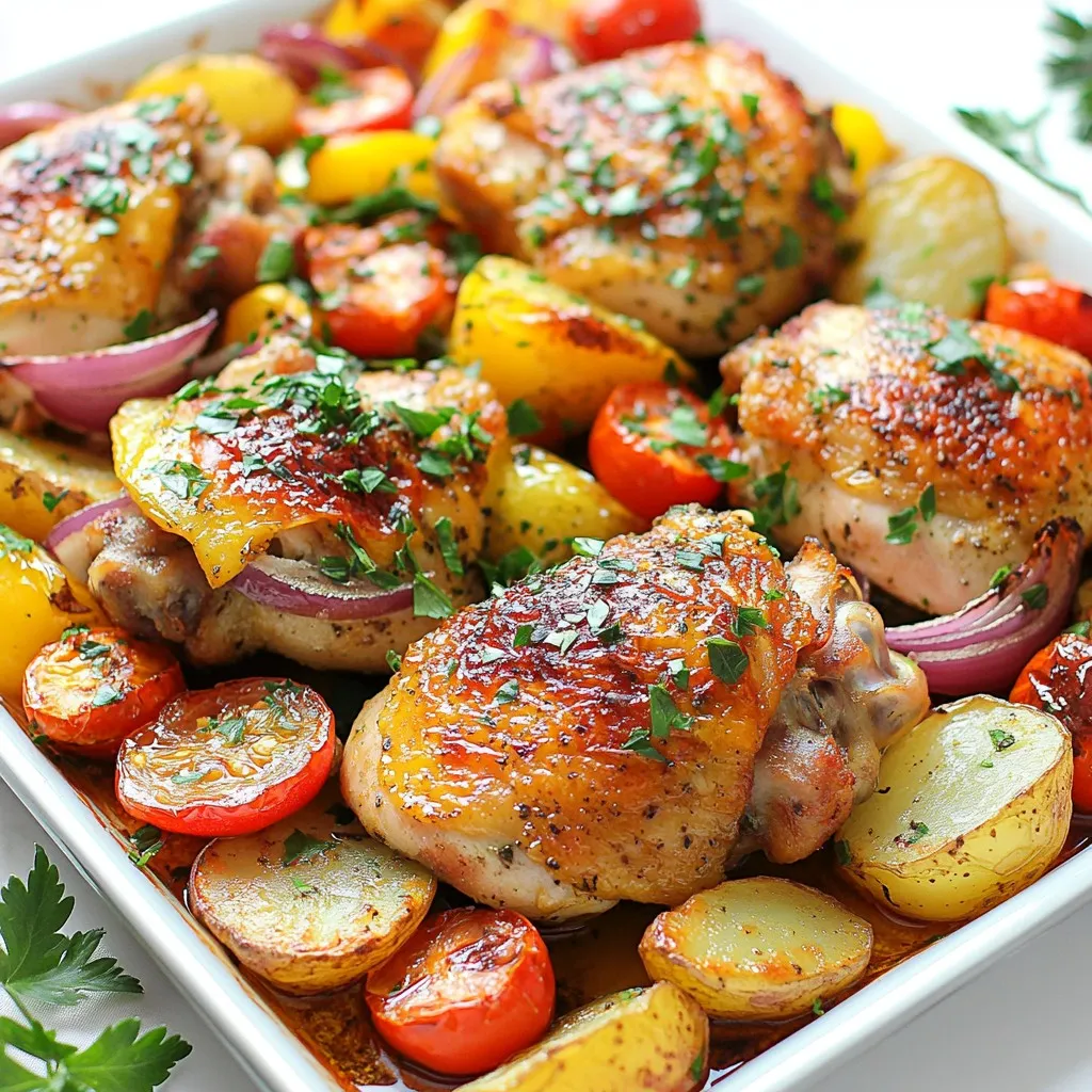 For this dish, you will need: - 4 chicken thighs (bone-in, skin-on for extra flavor) - 4 cloves garlic, minced - Juice of 1 lemon - 3 tablespoons olive oil - 1 teaspoon dried oregano - 1 teaspoon dried thyme - 1 teaspoon smoked paprika - Salt and pepper to taste These chicken thighs bring great taste and texture. The skin adds crispiness. You'll also need these tasty vegetables: - 3 medium potatoes, cut into wedges - 1 red bell pepper, sliced - 1 yellow bell pepper, sliced - 1 small red onion, sliced into rings - 2 cups cherry tomatoes, halved These veggies add color and crunch. They soak up the chicken’s flavors during cooking. The seasonings and oils are key: - 3 tablespoons olive oil - 1 teaspoon dried oregano - 1 teaspoon dried thyme - 1 teaspoon smoked paprika - Salt and pepper to taste Olive oil helps everything cook well. The spices give it that Greek flair. {{ingredient_image_1}} 1. Start by preheating your oven to 400°F (200°C). This step is key for cooking. 2. Grab a large mixing bowl. Add the chicken thighs, olive oil, and lemon juice. 3. Next, add minced garlic, oregano, thyme, smoked paprika, salt, and pepper. 4. Mix well until the chicken is coated in the marinade. Let it sit for a few. 5. In a second bowl, toss the potato wedges with olive oil, salt, and pepper. 6. Line a large baking sheet with parchment paper or foil for easy cleanup. 1. Place the marinated chicken thighs on one side of the sheet pan. 2. On the other side, arrange the seasoned potatoes, bell peppers, red onion, and halved tomatoes. 3. Spread the veggies out in a single layer for a nice roast. 4. Roast everything in the oven for 35-40 minutes. Check for the chicken’s internal temp; it should reach 165°F (75°C). 5. If the chicken skin isn’t crispy, broil for 2-3 minutes. Watch it closely! 6. Once done, remove the pan from the oven and let it rest for a few minutes. - Use bone-in, skin-on thighs for more flavor. They stay juicy and tender. - Make sure to coat the chicken evenly with the marinade. This adds great taste. - Let the chicken rest after cooking. This helps keep it juicy. - If you want crispy skin, broil at the end but keep an eye on it! Follow these steps and tips, and you’ll have a tasty Greek Sheet Pan Chicken ready to enjoy! To get that perfect crispy chicken skin, start with bone-in, skin-on thighs. The fat under the skin helps it crisp up as it cooks. Make sure to dry the chicken with paper towels before adding your marinade. This helps remove extra moisture. When you roast the chicken, place it skin-side up. If the skin is still soft, turn on the broiler for 2-3 minutes at the end. Keep a close eye to avoid burning. You can easily swap ingredients in this dish. If you don’t have chicken thighs, chicken drumsticks work well too. For veggies, try zucchini or carrots if you want variety. Instead of potatoes, you can use sweet potatoes for a sweeter taste. If you don’t have fresh lemon, use vinegar or lime juice as a substitute. Dried herbs can replace fresh, but use less since they are stronger. To ensure even cooking, cut your veggies to a similar size. This way, they roast at the same rate. Spread everything out on the sheet pan. Avoid crowding the pan to let the heat circulate. If your oven has hot spots, rotate the pan halfway through cooking. Always check the internal temperature of the chicken with a meat thermometer. Aim for 165°F (75°C) for safe eating. Pro Tips Marinate Longer: For even more flavor, marinate the chicken thighs for at least 1 hour or overnight in the refrigerator. Vegetable Choices: Feel free to add other vegetables like zucchini or carrots for a more colorful and nutritious dish. Crispy Skin: To ensure crispy chicken skin, pat the chicken dry with paper towels before marinating. Serving Suggestions: Serve this dish with a side of tzatziki sauce for a refreshing dip that pairs beautifully. {{image_2}} You can add more veggies to your Greek Sheet Pan Chicken. Try adding zucchini, carrots, or eggplant for extra flavor. Just remember to cut them into similar sizes so they cook evenly. Toss your vegetables with olive oil, salt, and pepper. This keeps them bright and tasty. You can even add olives or feta cheese before serving for a classic touch. Want a kick? Try a spicy version! Just add crushed red pepper flakes or cayenne pepper to the marinade. This will give your dish a nice heat without losing its Greek flair. You can also use spicy sausage pieces along with the chicken. The sausage adds a rich flavor and pairs well with the spices. Not a fan of chicken? You can swap it out for other proteins. Try using bone-in pork chops or even salmon. Both options roast well and soak up the tasty marinade. If you want a vegetarian version, use chickpeas instead. They add protein and a nice texture. Just make sure to adjust the cooking time based on what you choose. To keep your Greek sheet pan chicken fresh, let it cool first. Place the chicken and veggies in an airtight container. Store it in the fridge for up to three days. If you want to keep it longer, consider freezing. When you’re ready to eat, take the chicken out of the fridge. Preheat your oven to 350°F (175°C). Place the chicken and veggies on a baking sheet. Heat for about 15-20 minutes, or until warm. This helps keep the chicken juicy and the veggies crisp. If you freeze the dish, use a freezer-safe container. It can last up to three months. To thaw, move it to the fridge overnight. Reheat as mentioned above. Enjoy your tasty meal again! You can serve Greek Sheet Pan Chicken with several tasty sides. Here are some ideas: - Greek salad: Fresh cucumbers, tomatoes, and feta cheese add a nice crunch. - Rice or quinoa: These grains soak up the juices and add texture. - Pita bread: Warm pita is great for scooping up the chicken and veggies. - Tzatziki sauce: This yogurt sauce adds a creamy, cool touch. Mix and match these sides to create a fun meal. To check if the chicken is cooked, use a meat thermometer. Insert it into the thickest part of the thigh. It should read 165°F (75°C) when done. If you don't have a thermometer, cut into it. The juices should run clear, not pink. Cooking times may vary, so keep an eye on it. Yes, you can use boneless chicken thighs. They cook faster than bone-in thighs. Reduce the cooking time by about 10 minutes. Check for that same 165°F (75°C) internal temperature. Boneless thighs will still be juicy and flavorful with the marinade. Enjoy the ease of cooking with boneless chicken! This article covers the key steps to create a tasty Greek sheet pan chicken. We discussed the ingredients needed, including chicken, veggies, and seasonings. We listed helpful cooking tips to ensure your chicken is perfect every time. You learned about variations and how to store the dish properly. In conclusion, with simple steps and easy swaps, you can make this dish your own. Enjoy cooking and sharing this meal with others!