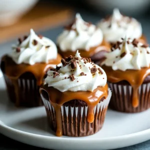 To bake these delightful cupcakes, gather these key ingredients: - 1 &frac12; cups all-purpose flour - 1 cup granulated sugar - &frac12; cup unsweetened cocoa powder - 1 teaspoon baking powder - &frac12; teaspoon baking soda - &frac12; teaspoon salt - &frac12; cup unsalted butter, softened - 2 large eggs - 1 teaspoon vanilla extract - &frac12; cup brewed coffee, cooled - &frac12; cup milk - 1 cup caramel sauce for drizzling - 1 cup heavy whipping cream - 2 tablespoons powdered sugar - 1 teaspoon vanilla extract (for whipped cream) Each of these ingredients plays a role. The flour gives structure, while sugar adds sweetness. Cocoa powder brings a rich chocolate flavor. Eggs help bind everything together. The brewed coffee enhances the caramel taste. Feel free to add a personal touch with these extras: - Chocolate shavings for garnish Chocolate shavings not only enhance the look but also add a nice flavor contrast. You can also experiment with different flavors in the whipped cream, like almond or hazelnut extract. Make sure you have the right tools: - Muffin tin - Cupcake liners - Mixing bowls - Whisk - Electric mixer - Measuring cups and spoons - Toothpick for testing doneness - Wire rack for cooling Using the right equipment makes baking easier and more fun. A good mixer helps achieve smooth batter, while a wire rack cools cupcakes evenly. {{ingredient_image_1}} Start by preheating your oven to 350&deg;F (175&deg;C). This step is key for even baking. While the oven heats, line a muffin tin with cupcake liners. This makes for easy removal later. In a large bowl, add the dry ingredients. Combine 1 &frac12; cups of all-purpose flour, 1 cup of granulated sugar, and &frac12; cup of unsweetened cocoa powder. Then, add 1 teaspoon of baking powder, &frac12; teaspoon of baking soda, and &frac12; teaspoon of salt. Whisk these together until they are well mixed. This helps to evenly distribute the leavening agents. In another bowl, take &frac12; cup of softened unsalted butter. Cream it until it is smooth. Next, add 2 large eggs one at a time. Mix well after each egg. Finally, stir in 1 teaspoon of vanilla extract. This mixture adds richness and flavor to the cupcakes. Gradually add the dry mix to the butter and egg mixture. Alternate with &frac12; cup of brewed coffee and &frac12; cup of milk. Mix until the batter is smooth. This step is crucial for a light texture in your cupcakes. Fill each cupcake liner about two-thirds full with the batter. Bake for 18 to 20 minutes. To check for doneness, insert a toothpick into the center. If it comes out clean, they are ready. Let the cupcakes cool in the tin for 5 minutes, then move them to a wire rack. While the cupcakes cool, make the whipped cream. In a mixing bowl, beat 1 cup of heavy whipping cream with 2 tablespoons of powdered sugar and 1 teaspoon of vanilla extract. Whip until stiff peaks form. This fluffy cream will be the perfect topping. Once the cupcakes are cool, make a small indentation in the center of each. Fill this with caramel sauce. Top with the whipped cream generously. Drizzle more caramel sauce on top for extra sweetness. Optionally, sprinkle chocolate shavings for a fancy touch. Enjoy your treats! To make soft and fluffy cupcakes, use room temperature ingredients. This helps your batter mix well. Always use a light hand when mixing. Over-mixing can make cupcakes dense. Fill your liners about two-thirds full. This allows room for the cupcakes to rise. Bake until a toothpick comes out clean. Cool them completely before adding toppings. For the best whipped cream, start with cold heavy cream. Use a chilled bowl to keep it cold while you whip. Beat the cream on medium speed. Add powdered sugar slowly for sweetness. Mix until you see stiff peaks. This means it can hold its shape. Do not over-whip or it will turn grainy. To drizzle caramel sauce nicely, warm it slightly. This makes it easier to pour. Use a spoon or squeeze bottle to control the flow. Start from the center of the cupcake and work your way out. This creates a nice pattern. Drizzle generously for a rich flavor. Top with chocolate shavings to add some flair. Pro Tips Use Room Temperature Ingredients: Make sure your butter, eggs, and milk are at room temperature before mixing. This helps create a smoother batter and better texture in your cupcakes. Don&rsquo;t Overmix the Batter: Once you combine the wet and dry ingredients, mix just until incorporated. Overmixing can lead to dense cupcakes instead of light and fluffy ones. Test for Doneness: Insert a toothpick into the center of a cupcake; it should come out clean or with a few moist crumbs. If it comes out wet, bake for a few more minutes. Chill the Whipped Cream: For a firmer whipped cream topping, chill your mixing bowl and beaters before whipping. This helps achieve stiff peaks and prevents the cream from becoming too soft. {{image_2}} You can switch up the flavor of these cupcakes with ease. Try adding a hint of hazelnut or mocha. Use hazelnut coffee instead of regular brewed coffee for a nutty touch. For mocha, mix in some chocolate chips into the batter. You could also use vanilla extract with a touch of almond for a different twist. Each change brings a new taste to enjoy! If you need gluten-free cupcakes, swap the all-purpose flour for a gluten-free blend. Look for a mix that works well in baking. For a dairy-free version, use coconut milk instead of regular milk. You can also use dairy-free butter. Make sure to choose a dairy-free whipped cream for the topping. These simple swaps keep the flavor while meeting dietary needs. Garnishing can make your cupcakes look stunning! Besides caramel sauce, consider adding a sprinkle of sea salt. It enhances the sweet flavor beautifully. You can also use crushed nuts or toffee bits for extra crunch. Chocolate shavings add a rich touch too. For a fun look, place a coffee bean on top of the whipped cream. Each idea adds flair to your treat! To keep your caramel macchiato cupcakes fresh, place them in an airtight container. Store them at room temperature for up to three days. If you live in a humid area, refrigeration works too. Just make sure to put them in a container to avoid drying out. You can freeze these cupcakes if you want to save some for later. First, let them cool completely. Then wrap each cupcake in plastic wrap. Place the wrapped cupcakes in a freezer-safe bag. They will stay fresh for up to three months. When you are ready to eat them, just remove them from the freezer. To reheat your cupcakes, remove them from the fridge or freezer. If they are frozen, let them thaw in the fridge overnight. For a warm treat, microwave each cupcake for about 10-15 seconds. Check to see if they are warm enough. Avoid overheating, or they will dry out. Enjoy them warm with a drizzle of fresh caramel sauce! Yes, you can make these cupcakes ahead of time. Bake them and let them cool. Then, store them in an airtight container. You can keep them at room temperature for up to two days. If you want them fresh for longer, put them in the fridge for about a week. Just remember to add the whipped cream and caramel sauce right before serving. To check if your cupcakes are done, insert a toothpick into the center of one. If it comes out clean, they are ready. This usually takes about 18-20 minutes of baking. Keep an eye on them near the end of the baking time to avoid overbaking. Yes, you can use coffee substitutes. Brewed tea or a coffee alternative works well. Just choose a flavor that you enjoy. Remember that the taste will change slightly, but your cupcakes will still be tasty. Serve these cupcakes on a nice platter. Drizzle extra caramel sauce on top and add some chocolate shavings for a special touch. They make a great treat for parties or gatherings. You can also serve them with a cup of coffee or tea for a delightful pairing. You can find caramel macchiato cupcakes at many bakeries, cafes, or specialty dessert shops. Some grocery stores may also carry them. If you want to ensure quality, check local shops known for their baked goods. You now have all you need to make caramel macchiato cupcakes. We covered key ingredients, from essentials to fun options. The step-by-step guide ensures you bake with ease. Tips for texture and whipped cream will help you shine. Explore variations for dietary needs and fun flavors. Store leftovers properly to enjoy later. If you have questions, our FAQ section has clear answers. Go ahead, bake, and enjoy these tasty treats!