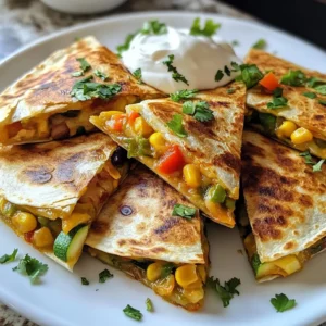 - 4 large whole wheat tortillas - 1 bell pepper, diced (any color) - 1 zucchini, grated - 1 cup corn kernels (fresh or frozen) - 1 cup black beans, drained and rinsed - 1 cup shredded cheese (cheddar, Monterey Jack, or a mix) - 1 teaspoon ground cumin - 1 teaspoon smoked paprika - 1 tablespoon olive oil - Salt and pepper to taste These main ingredients make the quesadillas tasty and healthy. Whole wheat tortillas give a nice texture. The bell pepper and zucchini add color and crunch. Corn and black beans boost fiber. Cheese makes everything creamy and rich. - 1 avocado, sliced (for serving) - Sour cream or Greek yogurt (for serving) - Fresh cilantro, chopped (for garnish) Feel free to add other veggies you like. Spinach, mushrooms, or onions work great. You can also try different cheeses. Pepper jack adds a spicy kick. Customize to fit your taste! - Fresh salsa - Guacamole - Hot sauce These sides make the meal complete. Fresh salsa adds a zesty touch. Guacamole brings creaminess. Hot sauce can kick up the heat. Enjoy your loaded veggie quesadillas with these tasty sides! {{ingredient_image_1}} Start by heating one tablespoon of olive oil in a large skillet over medium heat. Once the oil is warm, add one diced bell pepper and one grated zucchini. Cook these for about five minutes until they soften. Next, add one cup of corn kernels and one cup of drained and rinsed black beans. Sprinkle in one teaspoon of ground cumin and one teaspoon of smoked paprika. Season with salt and pepper to taste. Cook this mixture for another two to three minutes. This step ensures all the flavors blend well together. Once heated, remove the skillet from the heat and set the veggie mix aside. Take a clean, dry skillet and place it over medium heat. Lay one large whole wheat tortilla in the skillet. On one half of the tortilla, add a layer of shredded cheese. Use about one cup of your favorite cheese, like cheddar or Monterey Jack. Spoon a portion of the veggie mixture over the cheese. Fold the tortilla in half to create a quesadilla. Cook for about three to four minutes on one side until it turns golden and crispy. Then, flip it carefully and cook the other side for another three to four minutes. Repeat this process with the remaining tortillas, cheese, and veggie mixture until done. Once all the quesadillas are cooked, take a sharp knife and slice them into wedges. Arrange these wedges on a large platter. For a beautiful presentation, garnish with freshly chopped cilantro. Serve with sliced avocado on the side. A dollop of sour cream or Greek yogurt adds a creamy touch for dipping. Enjoy the colorful display and the delightful flavors of your loaded veggie quesadillas! When making loaded veggie quesadillas, choose whole wheat tortillas. They add more fiber and taste great. You can also use corn tortillas for a gluten-free option. Make sure they are large enough to hold all the yummy fillings. To get crispy quesadillas, heat the skillet before adding the tortilla. Use medium heat to cook them slowly. This helps the cheese melt well and the outside get nice and crispy. Apply a little olive oil on both sides of the tortilla for extra crunch. Add fresh herbs like cilantro for a burst of flavor. You can also try jalape&ntilde;os for some heat. A squeeze of lime juice brightens up the taste. Experiment with spices like chili powder or garlic powder to find your favorite mix. Don't forget to serve with avocado and sour cream for a creamy finish! Pro Tips Use Fresh Ingredients: Fresh vegetables enhance the flavor and nutritional value of your quesadillas, so choose ripe and seasonal produce whenever possible. Customize Your Fillings: Feel free to swap in your favorite veggies or proteins, such as spinach, mushrooms, or grilled chicken, to make the quesadillas your own. Cheese Melting Tips: For ultimate cheese stretchiness, grate your cheese instead of using pre-shredded varieties, as they often contain anti-caking agents that can affect melting. Keep Quesadillas Warm: If you're making multiple quesadillas, keep them warm in a low oven (around 200&deg;F) while you cook the rest to ensure they stay crispy and delicious. {{image_2}} You can easily make loaded veggie quesadillas gluten-free. Instead of whole wheat tortillas, use corn tortillas. They taste great and work well with the filling. Look for brands labeled gluten-free to be safe. You can find them at most grocery stores. For a dairy-free version, skip the cheese or use a dairy-free cheese. Many brands offer great tasting options. You can also use mashed avocado as a creamy spread. It gives a nice flavor and texture. Get creative with your veggies! You can use spinach, mushrooms, or even sweet potatoes. Try adding your favorite vegetables for a unique twist. Combine what you love, and make it your own. After you enjoy your loaded veggie quesadillas, store any leftovers in an airtight container. Make sure they are cooled down to room temperature first. This will help keep them fresh. Place a piece of parchment paper between layers if you stack them. This will stop them from sticking together. To reheat your quesadillas, use a skillet over medium heat. This method keeps them crispy. Heat them for about 2-3 minutes on each side. You can also use a toaster oven if you want. Just set it to 350&deg;F and heat for about 10 minutes. You can freeze quesadillas for later. Wrap each one in plastic wrap first. Then place them in a freezer bag. This keeps them fresh for up to three months. When ready to eat, just thaw them overnight in the fridge. You can then reheat them in a skillet as mentioned before. This way, they taste almost like fresh! Yes, you can make Loaded Veggie Quesadillas ahead of time. Prepare the veggie filling and let it cool. Store it in the fridge for up to three days. When you are ready to eat, just assemble and cook the quesadillas. This saves time and makes a quick meal. The best cheese for quesadillas is a mix of cheddar and Monterey Jack. Cheddar adds sharpness, while Monterey Jack melts well. You can also try pepper jack for a spicy kick. Feel free to experiment with different cheeses for unique flavors. To make Loaded Veggie Quesadillas spicier, add chopped jalape&ntilde;os to the veggie filling. You can also use spicy cheese like pepper jack. A dash of hot sauce or a sprinkle of red pepper flakes will heat things up too. Adjust the spice level to match your taste! You learned about the key ingredients for loaded veggie quesadillas, their preparation, and cooking steps. We explored tips for crafting the crispiest quesadillas and delved into tasty variations for different diets. I also covered how to store and reheat leftovers effectively. Quesadillas are fun and flexible. You can easily make them your own. Now, you can impress your family and friends with delicious quesadillas. Enjoy cooking and experimenting with flavors!