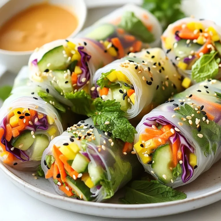 - 8 rice paper wrappers - 1 cup red cabbage, shredded - 1 cup carrots, julienned - 1 cup cucumbers, julienned - 1 cup bell peppers (mixed colors), sliced - 1 avocado, sliced - 1 cup fresh mint leaves - 1 cup fresh cilantro leaves - 1/4 cup sesame seeds (toasted) These spring rolls are all about fresh colors and flavors. Rice paper wrappers give a soft bite. They are easy to find in stores. You can fill them with your favorite veggies. I love using red cabbage for its crunch and color. Carrots add sweetness, while cucumbers bring coolness. Mixed bell peppers introduce a burst of color and taste. Avocado gives creaminess that balances the crunch. Fresh herbs like mint and cilantro add a bright note. Toasted sesame seeds offer a nutty flavor and fun texture. All these ingredients come together for a fresh and colorful dish. - 1/4 cup peanut butter - 2 tablespoons soy sauce (low sodium) - 2 tablespoons lime juice - 1 teaspoon honey or agave syrup The dipping sauce is key to these spring rolls. Peanut butter adds rich flavor. Low sodium soy sauce gives saltiness without too much sodium. Lime juice brightens the sauce with acidity. Honey or agave syrup brings in a hint of sweetness. Mix these ingredients until smooth. You can adjust the flavors to your taste. This sauce will elevate your spring rolls and make them even more enjoyable. {{ingredient_image_1}} Start by washing all your veggies. Use cold water to rinse away dirt and germs. Then, cut them into thin, uniform pieces. This step is key! Uniform pieces help your spring rolls look neat and eat evenly. For this recipe, I use red cabbage, carrots, cucumbers, and bell peppers. Each veggie adds its own fun color and crunch. Next, soak the rice paper wrappers. Fill a shallow dish with warm water. Dip one wrapper in the water for about 10-15 seconds. You want it soft, not mushy. Once pliable, lay the wrapper flat on a clean surface or a damp kitchen towel. Now, it’s time to layer your ingredients. In the center, add a small handful of red cabbage, carrots, cucumbers, bell peppers, and a slice of avocado. Top this with a few mint and cilantro leaves, plus some toasted sesame seeds. Now, let’s wrap it up! Fold in the sides of the wrapper. Then, roll it from the bottom up. Make sure to tuck in the filling as you go. This helps keep everything inside. You want each roll to be tight and secure. Repeat these steps with the rest of your rice paper wrappers and filling ingredients. Each spring roll should look colorful and inviting. Enjoy the fun of making these fresh delights! To make the best spring rolls, focus on your rolling technique. One common mistake is overstuffing the wrapper. This can lead to tears and messy rolls. Instead, use a small handful of each vegetable. This helps keep the roll tight and neat. Another mistake is not soaking the rice paper long enough. Dip the wrapper for about 10-15 seconds in warm water. It should feel soft but not too soggy. When you place it on your surface, ensure it’s flat and even. To wrap, fold the sides in first. Then, roll from the bottom up. Tuck in the filling as you go. This method keeps everything secure inside. For the best taste, use equal parts of each vegetable. Aim for 1 cup of red cabbage, carrots, cucumbers, and bell peppers. This balance adds color and crunch. Don’t forget the avocado; it gives a creamy texture. To enhance your dipping sauce, mix peanut butter, low sodium soy sauce, lime juice, and honey. Use 1/4 cup of peanut butter for a rich flavor. Adjust lime juice to your taste. A little extra honey can add sweetness if you prefer. Experiment with your sauce by adding a pinch of garlic powder or a dash of chili flakes. This can give your spring rolls a kick! Pro Tips Fresh Ingredients: Use the freshest vegetables possible for the best flavor and texture. Crisp veggies will enhance the overall taste of your spring rolls. Soak with Care: Don't soak the rice paper too long, or it will become too fragile. A quick dip ensures it remains pliable yet sturdy for wrapping. Rolling Technique: Tightly roll the spring rolls, tucking in the filling as you go. This prevents them from falling apart and keeps the ingredients secure. Creative Dipping Sauces: Experiment with different dipping sauces such as hoisin or a spicy chili sauce for a unique twist on the traditional peanut sauce. {{image_2}} You can easily switch up the veggies in your spring rolls. If you want a twist, try using zucchini or asparagus. These vegetables add unique flavors and textures. Just slice them thinly, like the other veggies. For those who prefer a vegan dip, you can replace the peanut butter with tahini or almond butter. Both options taste great and keep the rolls creamy. While the peanut butter dipping sauce is tasty, you can also experiment with other sauces. Sweet chili sauce adds a nice kick and sweetness. It pairs well with fresh veggies. You can also try different soy sauce variations. For a richer flavor, use a dark soy sauce. You can mix it with garlic or ginger for extra zest. So many choices mean you can enjoy your spring rolls in new ways! To keep your spring rolls fresh, wrap them in damp paper towels. Place them in an airtight container. This method helps maintain their moisture and prevents them from drying out. You can stack them, but make sure they don’t touch each other. If you have a lot, separate layers with parchment paper. This keeps everything neat and fresh. For the dipping sauce, place it in a clean, airtight jar. Store it in the fridge to keep it fresh. The sauce will last about a week in the refrigerator. If you see any changes in color or smell, it’s best to throw it out. Remember, always check your sauce before using it. Spring rolls stay fresh in the fridge for about 2 to 3 days. To keep them crisp, store them in an airtight container. Make sure to place a damp paper towel inside to maintain moisture without making them soggy. Always check for any signs of spoilage before eating. Yes, you can prep your spring rolls ahead of time! I suggest rolling them a few hours before you serve. To keep them fresh, cover them with a damp cloth. This helps prevent drying out. If you plan to store them longer, keep the veggies and rice paper separate until you're ready to eat. These spring rolls pair well with many sides! Here are some ideas: - A fresh green salad with a light vinaigrette. - A bowl of edamame sprinkled with sea salt. - A refreshing fruit salad for a sweet touch. - For drinks, try coconut water or green tea for a nice balance. Rainbow veggie spring rolls are fun and healthy. You learned how to choose colorful veggies and herbs, layer them, and roll them correctly. I shared tips for making your rolls tasty and avoiding common mistakes. We explored variations and storage methods to keep them fresh. In the end, these rolls are versatile and can fit anyone’s taste. Make them your own and enjoy every bite!
