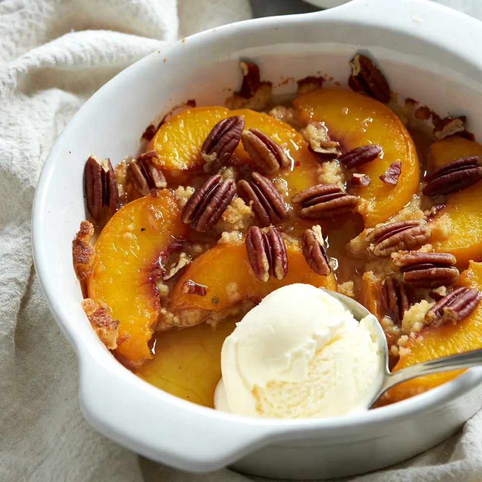 To make this easy and tasty dessert, you need the following main ingredients: - 2 cans (15 oz each) sliced peaches in syrup, drained (or fresh peaches, sliced) - 1 cup granulated sugar - 1 teaspoon ground cinnamon - 1 box (15.25 oz) yellow cake mix - 1 cup unsalted butter, melted These ingredients come together to create a delicious peach cobbler that is rich and satisfying. The peaches provide sweetness, while the cake mix forms a lovely, golden crust on top. You may want to add some extra flavors or textures. Here are optional ingredients you can use: - 1/2 cup chopped pecans - Vanilla ice cream, for serving Chopped pecans add a nice crunch. A scoop of vanilla ice cream on top makes each bite even better. To prepare your peach cobbler dump cake, you will need a few simple tools: - 9x13 inch baking dish - Mixing bowl - Measuring cups and spoons - Nonstick spray or butter for greasing Having these tools on hand will help you make the process smooth and easy. Get ready to enjoy a warm and delightful dessert! {{ingredient_image_1}} Start by preheating your oven to 350°F (175°C). While it heats, grab a 9x13 inch baking dish. Grease it with nonstick spray or butter. This step helps the cake come out easily after baking. In a large mixing bowl, combine the two cans of drained peaches, sugar, and ground cinnamon. Stir gently until the peaches are well-coated. This mix will bring out the sweet flavor in the peaches. Pour the peach mixture into your greased baking dish. Spread it evenly across the bottom. Next, sprinkle the dry yellow cake mix evenly on top of the peaches. Do not mix it in; just let it rest on top. Drizzle the melted butter over the cake mix, making sure to cover all areas. If you like, sprinkle chopped pecans on top for extra crunch. Place your baking dish in the preheated oven. Bake for 45-50 minutes. Watch for the top to turn golden brown and bubble up. This shows the cake is ready. Once done, take it out and let it cool for a few minutes. Serve warm, and don’t forget a scoop of vanilla ice cream on top! To make your Peach Cobbler Dump Cake even tastier, add a splash of lemon juice. This brightens the peach flavor. You can also mix in a dash of vanilla extract with the peaches for extra depth. For spice lovers, try adding nutmeg or ginger to the cinnamon. A pinch of salt can also help balance the sweetness. If you want a softer top, check the cake after 40 minutes. If you like it crispier, let it bake longer. Every oven is different, so keep an eye on it. A golden brown top means it’s almost ready. If you find it browning too fast, cover it loosely with foil. To make this dish a bit healthier, use whole wheat cake mix instead of yellow cake mix. You can also swap the sugar for a natural sweetener like honey or maple syrup. For a lighter version, replace half the butter with unsweetened applesauce. You can skip the pecans if you want to cut down on calories. Pro Tips Use Fresh Peaches: If you have access to fresh peaches, use them instead of canned for a more vibrant flavor and a fresher texture. Butter Coverage: Make sure to drizzle the melted butter evenly over the cake mix; this will help achieve that perfect crispy topping. Let it Cool: Allow the dump cake to cool for a few minutes before serving. This helps the layers set and makes it easier to serve. Serve with Ice Cream: For an extra treat, top each serving with a scoop of vanilla ice cream. The creamy texture pairs wonderfully with the warm cake. {{image_2}} To make a gluten-free peach cobbler dump cake, swap the yellow cake mix. Use a gluten-free cake mix instead. Many brands offer great alternatives. Just check the label for gluten-free marks. Follow the same steps as the original recipe. Your cake will still taste amazing! For a vegan version, replace the butter with a plant-based option. Use coconut oil or vegan butter. Also, choose a cake mix that is dairy-free. Many brands now offer vegan cake mixes. Follow the same method for mixing and baking. You’ll enjoy a delicious vegan dessert! Don’t be afraid to get creative! You can add spices like nutmeg or ginger for more flavor. Fresh fruits like berries or apples can also work well. For a nutty twist, try adding walnuts or almonds. A splash of vanilla extract enhances the taste too. Experiment with different flavors to find your favorite mix! To store leftover dump cake, let it cool completely. Then, cover it tightly with plastic wrap or aluminum foil. You can also use an airtight container. This will keep it fresh for about three days at room temperature. If you want to keep it longer, consider refrigerating it. The cool air helps maintain its taste. When you want to enjoy your leftover dump cake, preheat your oven to 350°F (175°C). Place the cake in an oven-safe dish. Cover it with foil to prevent burning. Heat for about 15-20 minutes. You want it warm, not hot. If you need a quicker option, use a microwave. Heat a slice for 30 seconds or until warm. To freeze your peach cobbler dump cake, first let it cool completely. Cut it into portions for easy serving later. Wrap each piece in plastic wrap, then place them in a freezer bag. Squeeze out the air to prevent freezer burn. Your cake will last up to three months in the freezer. When ready to eat, thaw it in the fridge overnight before reheating. Yes, you can use fresh peaches. Slice them and remove the pits. Fresh peaches give a bright taste. You will need about 4 cups of sliced fresh peaches. Just be sure to mix them with sugar and cinnamon like the canned ones. You can use brown sugar or coconut sugar. Both will add a rich flavor. You can also try honey or maple syrup. If using liquid sweeteners, reduce the other liquids slightly. Your dump cake is done when the top is golden brown. You can also look for bubbling around the edges. A toothpick inserted in the center should come out clean. Yes, you can prepare the peach layer ahead. Store it in the fridge for a few hours. Just add the cake mix and butter right before baking. This keeps the cake fresh and tasty. Peach cobbler dump cake is easy and fun to make. With simple ingredients and easy steps, you can create a dessert everyone will love. Remember to try variations, like gluten-free or vegan options, to suit your needs. Store leftovers properly for later enjoyment. Feel free to experiment with flavors to make it your own. This recipe promises sweet moments for you and your loved ones. Now, grab your tools and get baking!