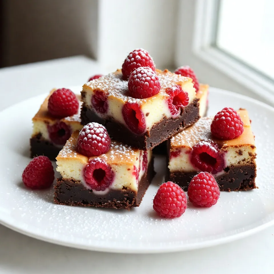To make Raspberry Cheesecake Brownies, gather these simple ingredients: - 1 cup unsalted butter, melted - 1 1/4 cups granulated sugar - 1 cup brown sugar, packed - 4 large eggs - 1 teaspoon vanilla extract - 1 cup all-purpose flour - 1/2 cup unsweetened cocoa powder - 1/4 teaspoon salt - 8 ounces cream cheese, softened - 1/4 cup powdered sugar - 1/2 teaspoon vanilla extract (for the cheesecake layer) - 1 cup fresh raspberries (plus extra for garnish) These ingredients come together to create a rich, layered treat. Each one plays a role in building flavor and texture. The mix of cocoa and raspberries gives the brownies a unique twist. If you're missing an ingredient or want to make adjustments, try these substitutions: - Butter: Use coconut oil for a dairy-free option. - Granulated Sugar: Use coconut sugar for a healthier choice. - Brown Sugar: You can use more granulated sugar, but the brownies may be less moist. - Eggs: Replace each egg with 1/4 cup unsweetened applesauce if needed. - Cream Cheese: Use vegan cream cheese for a plant-based version. These swaps can change the flavor and texture but can still yield a delicious result. To make your Raspberry Cheesecake Brownies even more special, consider these garnishes: - A dusting of powdered sugar on top adds a sweet touch. - Fresh raspberries on top give a bright pop of color. - A drizzle of chocolate sauce elevates the dessert's look and taste. These additions not only enhance the flavor but also make your brownies more appealing when served. Enjoy the fun of making these delightful treats! {{ingredient_image_1}} First, gather all your ingredients. You will need: - 1 cup unsalted butter, melted - 1 1/4 cups granulated sugar - 1 cup brown sugar, packed - 4 large eggs - 1 teaspoon vanilla extract - 1 cup all-purpose flour - 1/2 cup unsweetened cocoa powder - 1/4 teaspoon salt - 8 ounces cream cheese, softened - 1/4 cup powdered sugar - 1/2 teaspoon vanilla extract (for the cheesecake layer) - 1 cup fresh raspberries (plus extra for garnish) Next, preheat your oven to 350°F (175°C). Grease a 9x13 inch baking pan or line it with parchment paper. This will help with easy removal later. In a large bowl, mix the melted butter, granulated sugar, and brown sugar. Whisk until you have a smooth mix. Add the eggs one at a time, stirring well after each one. Then, stir in 1 teaspoon of vanilla extract. In another bowl, combine the flour, cocoa powder, and salt. Gradually add this dry mix to the wet mix. Stir just until combined. Don’t overmix; a few lumps are okay! Pour half of the brownie batter into the prepared pan. Smooth it out evenly. In a new bowl, beat the cream cheese, powdered sugar, and 1/2 teaspoon of vanilla. Mix until it's smooth and fluffy. Gently fold in the fresh raspberries. Spread this cream cheese mix over the brownie layer. Pour the rest of the brownie batter on top. Use a spatula to smooth it out. Then, take a toothpick or knife and swirl the batter with the cheesecake layer. Make sure not to mix it too much! Bake in your preheated oven for 30-35 minutes. Check if done by inserting a toothpick into the center. It should come out with a few moist crumbs. Let the brownies cool completely in the pan. This step is key for cutting them easily. Once cooled, cut them into squares. For a lovely finish, dust the top with powdered sugar. Add extra fresh raspberries for garnish. Now, you are ready to enjoy your delicious Raspberry Cheesecake Brownies! To get that beautiful swirl, you need patience. After you spread the cheesecake layer, drop the brownie batter in spoonfuls on top. Then, take a toothpick or a knife. Gently drag it through the layers in a figure-eight motion. Don't mix too much! Just a few swirls give a nice marbled look. The oven should be set at 350°F (175°C). Bake for 30 to 35 minutes. Use a toothpick to check if they are done. Insert it in the center; it should come out with a few moist crumbs. If you bake them too long, they will dry out. If your oven runs hot, check them a few minutes early. Mixing too much is a big mistake. Overmixing can make your brownies tough. Also, don’t skip softening the cream cheese. Cold cream cheese will not mix well. Lastly, let the brownies cool completely before cutting. If you cut them too soon, they will be messy and fall apart. Pro Tips Use Room Temperature Ingredients: Ensure your cream cheese is at room temperature for easier blending, resulting in a smoother cheesecake layer. Don’t Overmix: When combining the dry and wet ingredients, mix until just combined to keep the brownies fudgy and chewy. Swirling Technique: Use a toothpick or knife to gently swirl the brownie and cheesecake layers, creating a beautiful marbled effect without fully mixing them. Cool Completely: Allow the brownies to cool completely in the pan before cutting to ensure clean, neat squares. {{image_2}} You can make these brownies gluten-free. Use a gluten-free flour blend instead of all-purpose flour. This swap keeps the texture and flavor great. Make sure the cocoa powder you choose is also gluten-free. When you follow these tips, you will have gluten-free treats that taste just as good. If you want a vegan version, replace the eggs with flax eggs. Mix 1 tablespoon of ground flaxseed with 2.5 tablespoons of water. Let it sit for 5 minutes until it thickens. Use vegan cream cheese instead of regular cream cheese. Swap the butter with coconut oil or vegan butter. These changes keep the rich taste while making it plant-based. You can add fun twists to your brownies. Try a chocolate swirl by melting dark chocolate and swirling it into the batter. This adds a deeper flavor. For a nutty touch, fold in chopped walnuts or pecans into the brownie mix. You can also add a hint of almond extract for a unique flavor boost. Get creative and mix flavors that you love! To keep your Raspberry Cheesecake Brownies fresh, store them in an airtight container. You can place parchment paper between layers. This helps to stop them from sticking together. Store them in the fridge for up to five days. If you want to keep them longer, freezing is a great option. To freeze these brownies, first, let them cool completely. Once cool, cut them into squares. Wrap each square in plastic wrap. Place the wrapped brownies in a freezer-safe bag or container. They can last in the freezer for about three months. When you are ready to enjoy them, simply thaw in the fridge overnight. For the best taste, reheat your brownies in the oven. Preheat your oven to 350°F (175°C). Place the brownies in an oven-safe dish and cover with foil. Heat for about 10 to 15 minutes. This keeps them soft and tasty. You can also use the microwave. Heat for about 10 seconds to warm them up. Enjoy them warm or at room temperature! Yes, you can use frozen raspberries. Just make sure to thaw them first. Drain excess liquid to avoid soggy brownies. Frozen raspberries may break apart more. This can add a nice texture to the cheesecake layer. To check if the brownies are done, insert a toothpick in the center. If it comes out with a few moist crumbs, they are ready. Do not wait for it to come out clean. This will keep the brownies fudgy and rich. Yes, you can make these brownies ahead of time. Bake them, cool completely, and store in an airtight container. They stay fresh for up to three days at room temperature. You can also freeze them for longer storage. Just wrap them well to keep them moist. This blog covered how to make delicious raspberry cheesecake brownies. We explored the key ingredients, provided substitutions, and shared optional toppings. The step-by-step instructions made baking easy. Tips and tricks helped you avoid common mistakes and find variations, like gluten-free and vegan options. We also discussed how to store, freeze, and reheat brownies for later. Embrace your creativity and enjoy baking these brownies. You’ll impress friends and family with your tasty treats!