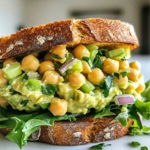 - 1 ripe avocado, mashed - 1 can (15 oz) chickpeas, drained and rinsed - 1/4 cup red onion, finely chopped - 1/4 cup celery, diced - 2 tablespoons fresh lemon juice - 2 tablespoons mayonnaise (or Greek yogurt for a lighter option) - 1 teaspoon Dijon mustard - 1/2 teaspoon garlic powder - Salt and pepper to taste - 4 slices of whole grain bread (or your choice of bread) - Leafy greens (like spinach or arugula) for serving You can swap the avocado for hummus for a different taste. If you need a nut-free option, use a dairy-free mayo. You can also use any beans, like black beans or white beans, instead of chickpeas. For a different crunch, try using bell peppers instead of celery. Avocados are great for heart health. They have healthy fats that help lower bad cholesterol. Chickpeas pack protein and fiber, which keep you full and help digestion. Red onions add antioxidants, while celery offers hydration and crunch. Lemon juice gives a vitamin C boost, helping your immune system. Whole grain bread gives you fiber and energy. This sandwich is not just tasty; it is also good for you! {{ingredient_image_1}} Making the avocado chickpea salad sandwich is easy and quick. First, you mash the avocado and chickpeas together. Next, add the diced veggies. Then, mix up the dressing. Finally, combine everything and assemble your sandwich. 1. Mash the Avocado and Chickpeas: In a large bowl, combine the mashed avocado and drained chickpeas. Use a fork to mash them together. Leave some chickpeas whole for a nice texture. 2. Add Veggies: Next, add the finely chopped red onion and diced celery to the bowl. This gives the salad a nice crunch. 3. Mix the Dressing: In a small bowl, whisk together the fresh lemon juice, mayonnaise (or Greek yogurt), Dijon mustard, garlic powder, salt, and pepper. Make sure it&rsquo;s well combined. 4. Combine Everything: Pour the dressing over the avocado and chickpea mixture. Gently stir until everything is coated. Taste and adjust salt and pepper. 5. Toast the Bread: If you want a crunchy sandwich, toast the slices of whole grain bread. This step is optional but adds great texture. 6. Assemble the Sandwich: On two slices of bread, layer leafy greens like spinach or arugula. Spoon a generous amount of the avocado chickpea mixture on top. Finish with the other slices of bread. 7. Serve: Cut the sandwiches in half and serve right away. Enjoy the fresh flavors! Currently, I don't have a visual guide or video link to share. But following these steps will help you create a delicious avocado chickpea salad sandwich! To get the right texture, mash the avocado and chickpeas together gently. Use a fork for this. Leave some chickpeas whole for a nice bite. The mix should be creamy but still have some chunks. Add celery and red onion for crunch. They bring a nice contrast to the soft avocado. Toasting the bread makes the sandwich better. It adds a nice crunch. You can use a toaster or an oven. For extra flavor, brush the bread with a little olive oil before toasting. This gives it a golden color and rich taste. Toast until it's crispy but not too dark. You can add extra ingredients for more flavor. Try fresh herbs like cilantro or parsley. They add a bright taste. You can also add spices like cumin or paprika for warmth. For more nutrition, mix in some chopped spinach or kale. These greens boost the vitamins in your meal. Enjoy experimenting with what you love! Pro Tips Freshness Matters: Use ripe avocados for the best flavor and creaminess in your salad mixture. Chickpea Texture: For a more varied texture, mash some chickpeas while leaving others whole; this gives a delightful bite. Customizing the Dressing: Feel free to add herbs like dill or cilantro to the dressing for extra flavor. Serving Suggestions: Serve with a side of crunchy veggies or chips for a satisfying meal. {{image_2}} You can make this sandwich vegan easily. Just skip the mayonnaise. Use mashed avocado to add creaminess. You can also use a vegan mayo if you want. This keeps the sandwich rich and tasty. Feel free to mix in extras. Fresh herbs like cilantro or parsley boost flavor. Chopped bell peppers add crunch and color. You can try spices too, like cumin or paprika. These will make each bite more exciting. Pair your sandwich with a fresh side. A simple salad with mixed greens works well. You can also serve it with carrot sticks or cucumber slices. For a dip, try hummus. It adds creaminess and flavor. Enjoy your meal with a refreshing drink, like iced tea or lemonade. To store leftovers, place your avocado chickpea salad in an airtight container. Keep it in the fridge for the best taste and freshness. Make sure to seal the container tightly to prevent air from getting in. This helps to keep the salad from turning brown. If you have leftover bread, store it separately to avoid sogginess. You do not need to reheat this salad. It tastes great cold. However, if you prefer warm bread, toast it just before serving. This adds a nice crunch to your sandwich without affecting the salad's flavor. The avocado chickpea salad will stay fresh for about 2-3 days in the fridge. The taste might change after a day due to the avocado. If it turns brown, it is still safe to eat, but it may not look as nice. Use your best judgment to decide if it's still good. Always check for any off smells or textures before consuming. Yes, you can make the salad ahead of time. Just store it in the fridge. The avocado may brown a bit, but the lemon juice helps slow this down. I suggest making the salad and keeping the bread separate until you&rsquo;re ready to enjoy your sandwich. If you don't have chickpeas, try using cooked white beans or lentils. Both options give a nice texture. You can also use diced tofu for a different twist. Each choice brings its own flavor and nutrition to your meal. Absolutely! This sandwich is perfect for meal prep. You can make the salad in bulk for the week. Just store it in an airtight container. Pair it with your favorite bread and greens when you&rsquo;re ready to eat. It keeps well and tastes great! This blog post covers all you need for your salad sandwich. You learned about the key ingredients and their health perks. We discussed simple steps for prep and shared tips for great texture and flavor. You can also explore fun variations and storage ideas. Remember, making it your own is part of the fun. Enjoy crafting your perfect sandwich!