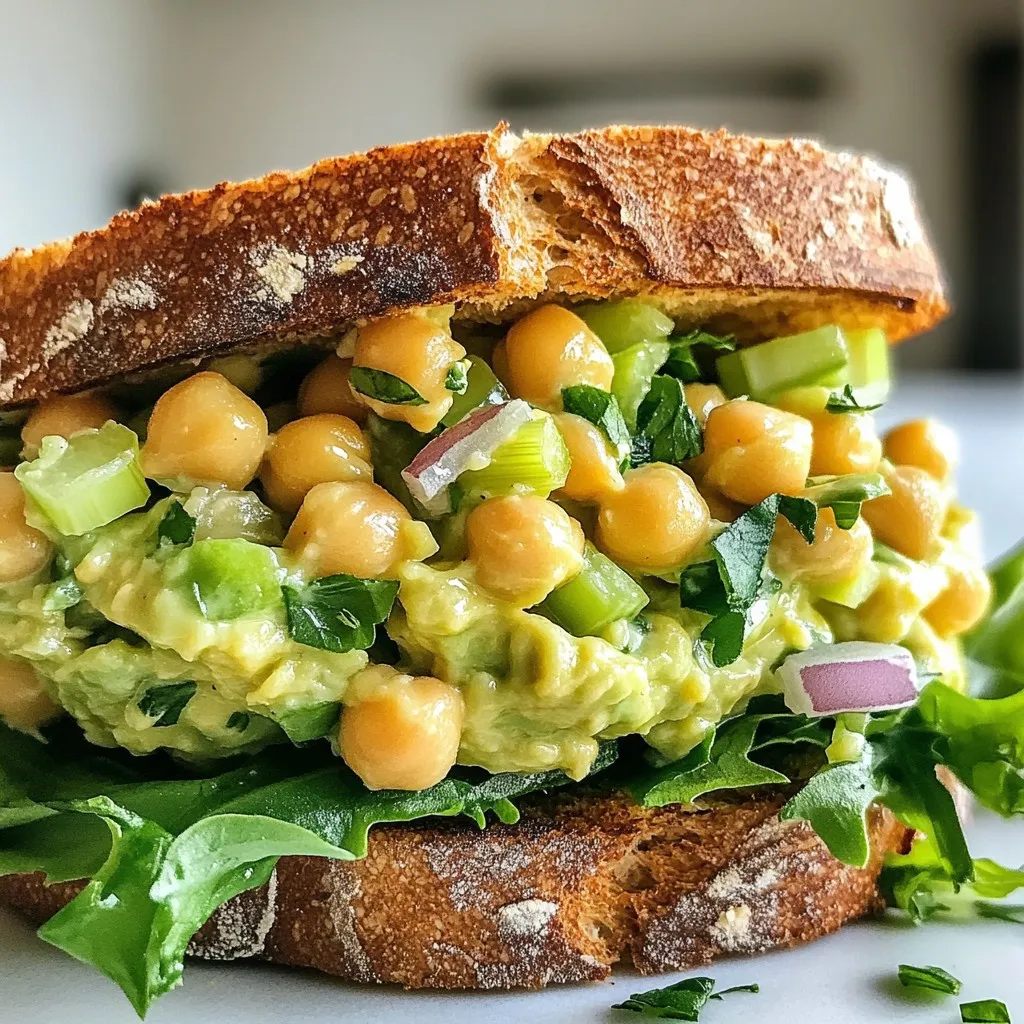 - 1 ripe avocado, mashed - 1 can (15 oz) chickpeas, drained and rinsed - 1/4 cup red onion, finely chopped - 1/4 cup celery, diced - 2 tablespoons fresh lemon juice - 2 tablespoons mayonnaise (or Greek yogurt for a lighter option) - 1 teaspoon Dijon mustard - 1/2 teaspoon garlic powder - Salt and pepper to taste - 4 slices of whole grain bread (or your choice of bread) - Leafy greens (like spinach or arugula) for serving You can swap the avocado for hummus for a different taste. If you need a nut-free option, use a dairy-free mayo. You can also use any beans, like black beans or white beans, instead of chickpeas. For a different crunch, try using bell peppers instead of celery. Avocados are great for heart health. They have healthy fats that help lower bad cholesterol. Chickpeas pack protein and fiber, which keep you full and help digestion. Red onions add antioxidants, while celery offers hydration and crunch. Lemon juice gives a vitamin C boost, helping your immune system. Whole grain bread gives you fiber and energy. This sandwich is not just tasty; it is also good for you! {{ingredient_image_1}} Making the avocado chickpea salad sandwich is easy and quick. First, you mash the avocado and chickpeas together. Next, add the diced veggies. Then, mix up the dressing. Finally, combine everything and assemble your sandwich. 1. Mash the Avocado and Chickpeas: In a large bowl, combine the mashed avocado and drained chickpeas. Use a fork to mash them together. Leave some chickpeas whole for a nice texture. 2. Add Veggies: Next, add the finely chopped red onion and diced celery to the bowl. This gives the salad a nice crunch. 3. Mix the Dressing: In a small bowl, whisk together the fresh lemon juice, mayonnaise (or Greek yogurt), Dijon mustard, garlic powder, salt, and pepper. Make sure it’s well combined. 4. Combine Everything: Pour the dressing over the avocado and chickpea mixture. Gently stir until everything is coated. Taste and adjust salt and pepper. 5. Toast the Bread: If you want a crunchy sandwich, toast the slices of whole grain bread. This step is optional but adds great texture. 6. Assemble the Sandwich: On two slices of bread, layer leafy greens like spinach or arugula. Spoon a generous amount of the avocado chickpea mixture on top. Finish with the other slices of bread. 7. Serve: Cut the sandwiches in half and serve right away. Enjoy the fresh flavors! Currently, I don't have a visual guide or video link to share. But following these steps will help you create a delicious avocado chickpea salad sandwich! To get the right texture, mash the avocado and chickpeas together gently. Use a fork for this. Leave some chickpeas whole for a nice bite. The mix should be creamy but still have some chunks. Add celery and red onion for crunch. They bring a nice contrast to the soft avocado. Toasting the bread makes the sandwich better. It adds a nice crunch. You can use a toaster or an oven. For extra flavor, brush the bread with a little olive oil before toasting. This gives it a golden color and rich taste. Toast until it's crispy but not too dark. You can add extra ingredients for more flavor. Try fresh herbs like cilantro or parsley. They add a bright taste. You can also add spices like cumin or paprika for warmth. For more nutrition, mix in some chopped spinach or kale. These greens boost the vitamins in your meal. Enjoy experimenting with what you love! Pro Tips Freshness Matters: Use ripe avocados for the best flavor and creaminess in your salad mixture. Chickpea Texture: For a more varied texture, mash some chickpeas while leaving others whole; this gives a delightful bite. Customizing the Dressing: Feel free to add herbs like dill or cilantro to the dressing for extra flavor. Serving Suggestions: Serve with a side of crunchy veggies or chips for a satisfying meal. {{image_2}} You can make this sandwich vegan easily. Just skip the mayonnaise. Use mashed avocado to add creaminess. You can also use a vegan mayo if you want. This keeps the sandwich rich and tasty. Feel free to mix in extras. Fresh herbs like cilantro or parsley boost flavor. Chopped bell peppers add crunch and color. You can try spices too, like cumin or paprika. These will make each bite more exciting. Pair your sandwich with a fresh side. A simple salad with mixed greens works well. You can also serve it with carrot sticks or cucumber slices. For a dip, try hummus. It adds creaminess and flavor. Enjoy your meal with a refreshing drink, like iced tea or lemonade. To store leftovers, place your avocado chickpea salad in an airtight container. Keep it in the fridge for the best taste and freshness. Make sure to seal the container tightly to prevent air from getting in. This helps to keep the salad from turning brown. If you have leftover bread, store it separately to avoid sogginess. You do not need to reheat this salad. It tastes great cold. However, if you prefer warm bread, toast it just before serving. This adds a nice crunch to your sandwich without affecting the salad's flavor. The avocado chickpea salad will stay fresh for about 2-3 days in the fridge. The taste might change after a day due to the avocado. If it turns brown, it is still safe to eat, but it may not look as nice. Use your best judgment to decide if it's still good. Always check for any off smells or textures before consuming. Yes, you can make the salad ahead of time. Just store it in the fridge. The avocado may brown a bit, but the lemon juice helps slow this down. I suggest making the salad and keeping the bread separate until you’re ready to enjoy your sandwich. If you don't have chickpeas, try using cooked white beans or lentils. Both options give a nice texture. You can also use diced tofu for a different twist. Each choice brings its own flavor and nutrition to your meal. Absolutely! This sandwich is perfect for meal prep. You can make the salad in bulk for the week. Just store it in an airtight container. Pair it with your favorite bread and greens when you’re ready to eat. It keeps well and tastes great! This blog post covers all you need for your salad sandwich. You learned about the key ingredients and their health perks. We discussed simple steps for prep and shared tips for great texture and flavor. You can also explore fun variations and storage ideas. Remember, making it your own is part of the fun. Enjoy crafting your perfect sandwich!