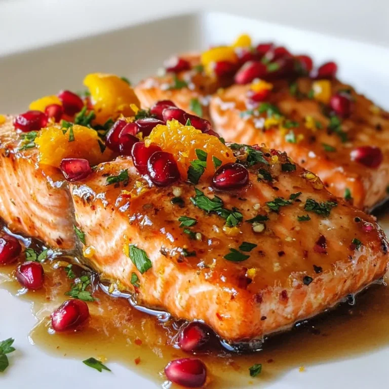 - 2 salmon fillets - 1/2 cup pomegranate seeds - 1 orange (juiced and zested) - 2 tablespoons honey - 1 tablespoon olive oil - 2 cloves garlic (minced) - Salt and pepper to taste - Fresh parsley for garnish To make Pomegranate Orange Salmon, gather fresh ingredients. Start with two salmon fillets. They should be thick and bright in color. Next, grab pomegranate seeds, which add a burst of flavor and color. An orange gives the dish a zesty kick. Use both the juice and zest for the best taste. For the marinade, you’ll need honey to sweeten, olive oil for richness, and minced garlic for depth. Salt and pepper enhance the flavors, while fresh parsley adds a pop of green when serving. This recipe is flexible. You can always swap ingredients or adjust them to fit your taste. Enjoy the process! {{ingredient_image_1}} 1. First, preheat your oven to 400°F (200°C). This step is key for even cooking. 2. Next, grab a small bowl. Mix together the orange juice, orange zest, honey, and minced garlic. This creates a sweet and tangy marinade. 3. Now, take your salmon fillets and place them in a shallow dish. Pour half of the marinade over the salmon. Let it marinate for about 15 minutes. This time helps the salmon absorb those tasty flavors. 4. While the salmon is soaking in the marinade, prepare your baking sheet. Line it with parchment paper to keep the salmon from sticking. 1. After the salmon has marinated, take it out and season it with salt and pepper. This adds a nice touch of flavor. 2. Drizzle olive oil over the salmon to keep it moist while baking. Then, sprinkle the pomegranate seeds on top. They add a burst of color and flavor. 3. Pour the rest of the marinade over the salmon and pomegranate seeds. This ensures each bite is full of flavor. 4. Place the baking sheet in the preheated oven. Bake for 15-20 minutes. Check for doneness by seeing if the salmon flakes easily with a fork. It should be cooked through but still juicy. 1. Once done, carefully take the salmon out of the oven. Let it rest for a couple of minutes. This helps the juices settle. 2. Garnish the salmon with fresh parsley. This adds a pop of color and freshness. 3. For a great presentation, serve the salmon on a bed of quinoa or sautéed greens. Add extra pomegranate seeds and orange slices on the side for a splash of color. Enjoy your meal! To ensure your salmon is perfectly flaky, choose fresh fillets. Press your fork into the fish gently. If it breaks easily, it is done. Avoid overcooking; salmon cooks quickly. You can adjust sweetness with honey. If you want it sweeter, add a bit more honey to the marinade. For less sweetness, reduce the honey. This gives you control over the flavor. For the best flavor infusion, marinate your salmon for at least 15 minutes. This gives the salmon enough time to soak up those delicious flavors. To adapt the marinade for your taste, try adding herbs or spices. Fresh dill or thyme can add a nice twist. You can also add a dash of soy sauce for a savory kick. Pro Tips Fresh Ingredients: Use the freshest salmon and pomegranates you can find for the best flavor and nutritional benefits. Marinating Time: For deeper flavor, consider marinating the salmon for up to an hour in the refrigerator. Cooking Techniques: If you prefer a crispy texture, broil the salmon for the last 2-3 minutes of cooking. Serving Suggestions: Pair with a light white wine or a refreshing green salad to complement the citrus flavors. {{image_2}} You can switch up the fruits in this dish. Instead of pomegranate seeds, try diced mango or fresh blueberries. These fruits add a sweet twist. If you want a different sweetener, maple syrup works well. It gives a rich flavor that blends nicely with salmon. For the fish, salmon is great, but feel free to use trout or even cod. These fish have a mild taste that pairs well with the marinade. Just adjust the cooking time as needed. Thinner fillets will cook faster. Adding spices can make this dish even better. Try a pinch of cayenne for heat or smoked paprika for depth. If you love herbs, mix in fresh thyme or dill. They add a fresh note that brightens the meal. Incorporating nuts can add crunch. Chopped walnuts or slivered almonds work well. Sprinkle them on top after baking for a nice texture contrast. This little touch takes your dish to the next level. To keep your leftover pomegranate orange salmon fresh, store it in an airtight container. Place the salmon in the fridge right after it cools down. Make sure to eat it within two days for the best taste and quality. When reheating salmon, you want it to stay moist. A great way is to use the oven. Preheat it to 275°F (135°C). Place the salmon on a baking sheet and cover it with foil. Heat for about 15 minutes or until warm. This method keeps the salmon tender and juicy. Yes, you can freeze pomegranate orange salmon! Wrap the cooled salmon tightly in plastic wrap and then in foil. It can stay in the freezer for up to three months. When you’re ready to eat, thaw it overnight in the fridge. Then, reheat it using the tips above for the best results. You can serve many tasty sides with Pomegranate Orange Salmon. Try quinoa or sautéed greens. Both add color and nutrients. You can also make a fresh salad with mixed greens and citrus slices. Roasted vegetables work well too. They add texture and flavor. Salmon is done when it flakes easily with a fork. It should look opaque, not shiny. The thickest part should reach 145°F (63°C). If you have a food thermometer, check the temperature. This ensures your salmon is safe to eat. Yes, Pomegranate Orange Salmon is very healthy. Salmon is rich in omega-3 fatty acids, which are good for your heart. Pomegranate seeds are full of antioxidants. They help fight disease. The orange adds vitamin C, which boosts your immune system. This dish is both tasty and nutritious. Yes, you can use frozen salmon. Just thaw it first in the fridge overnight. If you are in a hurry, you can use the microwave. Make sure it is fully thawed before marinating. This helps the flavors soak in better. This article covered a tasty recipe for Pomegranate Orange Salmon, focusing on key ingredients, steps, and tips. You learned how to marinate salmon to enhance flavor and baking tips for perfect results. Remember to experiment with flavors and adapt the recipe to your taste. Proper storage and reheating will keep your dish fresh. Enjoy this easy and flavorful meal anytime!