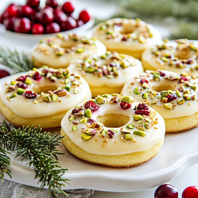 To make these tasty pistachio cranberry wreath cookies, gather the following items: - 1 cup unsalted butter, softened - 1 cup powdered sugar - 1 teaspoon vanilla extract - 2 ½ cups all-purpose flour - 1 teaspoon baking powder - ½ teaspoon salt - ½ cup pistachios, chopped - ½ cup dried cranberries, chopped - 1 egg yolk (for egg wash) - Additional chopped pistachios and cranberries for garnish You can swap some ingredients if needed: - Use salted butter instead of unsalted. Just cut back on the added salt. - Replace powdered sugar with regular sugar if you don't have any. The texture will change slightly. - If you need a gluten-free option, use a gluten-free flour blend instead of all-purpose flour. - Almonds or walnuts can replace pistachios for a different nut flavor. - For cranberries, you can use raisins or dried cherries. Using high-quality ingredients makes a big difference. Choose fresh butter for a rich taste. When picking powdered sugar, ensure it is finely ground for a smooth texture. Fresh vanilla extract adds depth to the cookies. For the flour, look for a good brand that hasn't been sitting too long. The nuts should be unsalted and fresh for the best flavor. Lastly, dried cranberries should be plump and sweet, enhancing the cookie's taste. {{ingredient_image_1}} First, preheat your oven to 350°F (175°C). This ensures that your cookies bake evenly. While the oven warms up, line two baking sheets with parchment paper. This will help prevent sticking and make clean-up easy. In a large bowl, cream 1 cup of softened butter and 1 cup of powdered sugar. Mix until it looks light and fluffy. Then, add 1 teaspoon of vanilla extract and mix again until smooth. In another bowl, whisk together 2 ½ cups of all-purpose flour, 1 teaspoon of baking powder, and ½ teaspoon of salt. Gradually combine this dry mix with the wet ingredients. Stir until just mixed. Now, fold in ½ cup of chopped pistachios and ½ cup of chopped dried cranberries. This adds a nice crunch and a pop of color. Once your dough is ready, take a small portion, about 2 tablespoons. Roll it into a rope that is about 6 inches long. Then, shape it into a circle and seal the ends to form a wreath. Place the wreaths on your prepared baking sheets. Make sure to leave space between each one. Brush the tops of the cookies with an egg yolk. This gives them a lovely shine. Sprinkle more chopped pistachios and cranberries on top for extra flair. Bake these cookies for 12-15 minutes. Watch for the edges to turn lightly golden. After baking, let them cool on the baking sheet for 5 minutes. Then, transfer them to a wire rack to cool completely. When shaping your wreaths, keep your hands floured. This helps prevent the dough from sticking. If the dough feels too soft, chill it in the fridge for about 10 minutes. This will make it easier to work with. For a uniform size, use a scoop for the dough. This helps each cookie look the same. Lastly, don’t worry if they are not perfect. Each wreath will have its own charm! To get the best texture for your Pistachio Cranberry Wreath Cookies, start with softened butter. This step helps create a light and fluffy dough. Make sure you cream the butter and powdered sugar well. This mixes air into the dough. Use fresh baking powder for a good rise. Don't overmix once you add the flour; mix just until combined. This keeps the cookies tender. Lastly, be sure to let them cool on a wire rack. This helps them set and retain their shape. One common mistake is using cold butter. This can lead to dense cookies. Another error is not measuring flour correctly. Too much flour makes the dough dry. Make sure to spoon flour into your measuring cup and level it off. Avoid adding too many extra toppings before baking. They can weigh down the cookies and affect the shape. Lastly, resist the urge to skip the egg wash. It gives the cookies a shiny, appealing look. When you serve these cookies, presentation matters. Arrange your wreath cookies on a festive platter. You can add fresh cranberries and rosemary sprigs around them. This adds color and a holiday vibe. For an extra touch, dust the cookies lightly with powdered sugar. This makes them look even more inviting. You can also package them in clear bags tied with a ribbon for gifts. They make a sweet and thoughtful treat for friends and family. Pro Tips Chill the Dough: If the dough feels too soft to handle, refrigerate it for 15-30 minutes. This will make it easier to shape the wreaths. Use Fresh Ingredients: Ensure your dried cranberries and pistachios are fresh for the best flavor and texture in your cookies. Uniform Size: To ensure even baking, try to keep the size of each wreath consistent when shaping them. Store Properly: Keep the cookies in an airtight container at room temperature for up to a week to maintain their freshness. {{image_2}} You can change the taste of your pistachio cranberry wreath cookies. Try adding orange zest for a bright twist. This adds a fresh flavor that pairs well with cranberries. For a richer taste, mix in some almond extract. You can also swap out cranberries for cherries or raisins. This gives you a fun, fruity change. Experimenting with flavors can lead to new favorites. If you want a gluten-free option, use gluten-free flour instead of all-purpose flour. It works well in this recipe. For a vegan version, replace the butter with coconut oil. Use a flax egg in place of the egg yolk for the wash. Simply mix one tablespoon of ground flaxseed with three tablespoons of water. Let it sit for a few minutes until it thickens. These swaps let everyone enjoy the cookies. You can adjust these cookies for different seasons. In the fall, try adding pumpkin spice to the dough. It gives a warm flavor that fits the season. For winter, mix in some peppermint extract for a festive touch. These changes keep the cookies exciting throughout the year. You can also decorate them with seasonal sprinkles or edible glitter. This adds a fun and cheerful look for any holiday. To keep your pistachio cranberry wreath cookies fresh, store them in an airtight container. Layer parchment paper between the cookies to avoid sticking. This method preserves their texture and flavor. Keep the container in a cool, dry place. Avoid direct sunlight, which can cause the cookies to dry out. When stored properly, these cookies can last up to one week at room temperature. If you want them to last longer, consider freezing them. The flavors of pistachio and cranberry will remain intact for about three months in the freezer. Just make sure they are well-wrapped to prevent freezer burn. To freeze your wreath cookies, first let them cool completely. Then, place them in a single layer on a baking sheet. Freeze until solid, about an hour. After that, transfer them to a freezer bag or container. Label the bag with the date for easy reference. When ready to enjoy, thaw them in the fridge overnight or at room temperature for a few hours. You can use walnuts or almonds instead of pistachios. Both nuts offer great crunch and flavor. If you prefer a nut-free option, try using sunflower seeds. They add a nice texture without nuts. Chopped chocolate or dried fruits can also work for added sweetness. Using fresh cranberries is fine, but they are more tart. If you choose fresh, I suggest adding a bit more sugar to balance the flavors. Chop them into smaller pieces to help with even distribution. Keep in mind that they may make the dough wetter, so adjust flour slightly if needed. To prevent spreading, chill the dough for 30 minutes before baking. This helps the butter firm up, which keeps the cookies from spreading too much. Make sure you measure the flour accurately. Too little flour can lead to spread as well. Lastly, bake on a parchment-lined sheet to ensure even cooking. This blog post covered the key ingredients and essential steps for making wreath cookies. I included tips on achieving the best texture and common mistakes to avoid. We explored flavor variations and dietary alternatives, ensuring everyone can enjoy these treats. Finally, I shared storage tips to keep them fresh. Remember, you can customize these cookies for any season or occasion. With a bit of care, you’ll create delicious wreath cookies that impress everyone who tries them. Enjoy baking!