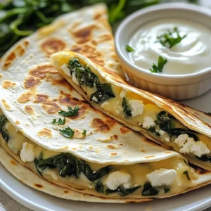 To make delicious spinach and feta quesadillas, you need fresh and simple ingredients. Here&rsquo;s what you will need: - 2 cups fresh spinach, chopped - 1 cup feta cheese, crumbled - 1 cup shredded mozzarella cheese - 1 small onion, finely chopped - 2 cloves garlic, minced - 4 large flour tortillas - 2 tablespoons olive oil - 1/2 teaspoon black pepper - 1/4 teaspoon red pepper flakes (optional) - Salt to taste Every ingredient adds a unique flavor. Fresh spinach brings a nice green touch. Feta cheese offers a salty kick, while mozzarella adds creaminess. Onions and garlic give depth to each bite. The olive oil helps in cooking and adds richness. Black pepper and red pepper flakes give a hint of spice. Finally, salt ties all the flavors together. These ingredients make the quesadillas tasty and appealing. You can find them easily at your local store. Don't skip any; each plays a key role in making your dish a hit! {{ingredient_image_1}} - Saut&eacute;ing onions and garlic Start by heating 1 tablespoon of olive oil in a skillet over medium heat. Add the finely chopped onion. Saut&eacute; it for about 3 to 4 minutes. You want the onion to turn soft and translucent. Then, add 2 minced garlic cloves. Saut&eacute; for another minute. The garlic should smell great, adding a nice flavor. - Cooking spinach Next, add 2 cups of chopped fresh spinach to the skillet. Cook it for about 2 to 3 minutes. Stir until the spinach wilts down. Season it with salt, black pepper, and red pepper flakes if you like some heat. Once done, remove the skillet from heat and let it cool slightly. - Mixing the filling In a bowl, mix the wilted spinach with 1 cup of crumbled feta cheese and 1 cup of shredded mozzarella cheese. Stir well to combine all the flavors. This filling is creamy and delicious, perfect for our quesadillas. - Heating the skillet and preparing tortillas Heat a clean skillet over medium heat. Take a large flour tortilla and brush one side with olive oil. Place the tortilla, oiled side down, in the skillet. This helps it crisp up nicely. - Spreading the filling On one half of the tortilla, spread a generous amount of the spinach and cheese mixture. Make sure to leave some space at the edges. This helps keep the filling from spilling out when you fold the tortilla. - Cooking and flipping Fold the tortilla over to create a half-moon shape. Cook it for about 2 to 3 minutes until the bottom is golden brown and the cheese is melted. Carefully flip the quesadilla and cook for another 2 to 3 minutes on the other side. When both sides are golden, remove it from the skillet. Repeat this process with the remaining tortillas and filling. Let the quesadillas cool for a minute, then cut them into wedges, ready to serve! - Maintaining ideal tortilla texture: Use medium heat when cooking the tortillas. This helps them become golden brown and crispy. Brush one side with olive oil for extra flavor. Cook until crispy but not burnt. - Ensuring melted cheese: Mix both feta and mozzarella cheese. Feta adds a tangy taste, while mozzarella melts well. Cook the quesadilla until the cheese is bubbly and gooey. This creates a perfect cheesy bite. - Recommended seasonings: To boost flavor, use black pepper and salt. Red pepper flakes add a nice kick if you like spice. You can also add some herbs like oregano or thyme for more depth. - Best dips to serve with: Pair your quesadillas with yogurt or tzatziki sauce. These dips add a cool contrast to the warm quesadillas. You can also try salsa or guacamole for a fresh twist. Pro Tips Fresh Spinach: Always use fresh spinach for the best flavor and texture. Avoid pre-packaged spinach that may have wilted leaves. Cheese Choice: Mixing feta with mozzarella gives a great flavor and texture. Feel free to experiment with other cheeses like goat cheese or cheddar. Cooking Temperature: Cook the quesadillas on medium heat to ensure the tortillas get crispy without burning while allowing the cheese to melt thoroughly. Serving Suggestions: Serve with a side of salsa or guacamole for extra flavor. Adding a squeeze of lemon or lime on top just before serving can brighten the dish. {{image_2}} You can change the cheese for more flavor. Try goat cheese or cheddar. Both give a rich taste. Mixing these cheeses with feta works well too. You can also add other vegetables. Bell peppers and mushrooms add texture. Zucchini or corn can enhance the dish. Just chop them small and cook them with the spinach. If you need gluten-free options, use gluten-free tortillas. These are now easy to find in stores. They cook just like regular ones. For vegan alternatives, skip the cheese. Use plant-based cheese or nutritional yeast for flavor. Spinach and veggies will still make a tasty filling. You can enjoy these quesadillas in different ways. To keep your quesadillas fresh, first, let them cool. Place them in an airtight container. Store them in the fridge for up to three days. If you want to keep them longer, you can freeze them. Wrap each quesadilla tightly in plastic wrap, then place them in a freezer bag. They will stay good for about two months. When you are ready to eat your quesadillas, reheating them is key. The best way is to use a skillet. Heat the skillet on medium. Place the quesadilla in the skillet for about three to four minutes. This method keeps the quesadilla crispy. You can also use an oven. Preheat it to 350&deg;F (175&deg;C) and bake the quesadilla for about 10 minutes. This also helps keep it crunchy. Enjoy your tasty meal! How long do Spinach & Feta Quesadillas last in the fridge? Spinach and feta quesadillas stay fresh for 3 to 4 days in the fridge. Store them in an airtight container. This keeps them from drying out or absorbing other flavors. Always check for signs of spoilage before eating. Can I make these ahead of time? You can prepare the filling ahead of time. Just store it in the fridge. When you are ready, assemble and cook the quesadillas. This way, you can enjoy a quick meal any time. What can I serve alongside Quesadillas? Pair your quesadillas with a side of yogurt or tzatziki for dipping. A simple salad or some fresh veggies works well, too. You can also add salsa or guacamole for extra flavor. In this blog post, I shared a simple way to make delicious spinach and feta quesadillas. We covered all the needed ingredients, step-by-step cooking tips, and storage ideas. You can easily modify the recipe to fit your taste or diet. Whether you want to add more veggies or pick a different cheese, the options are endless. Enjoy making this dish that is quick and full of flavor. I hope you try it soon!