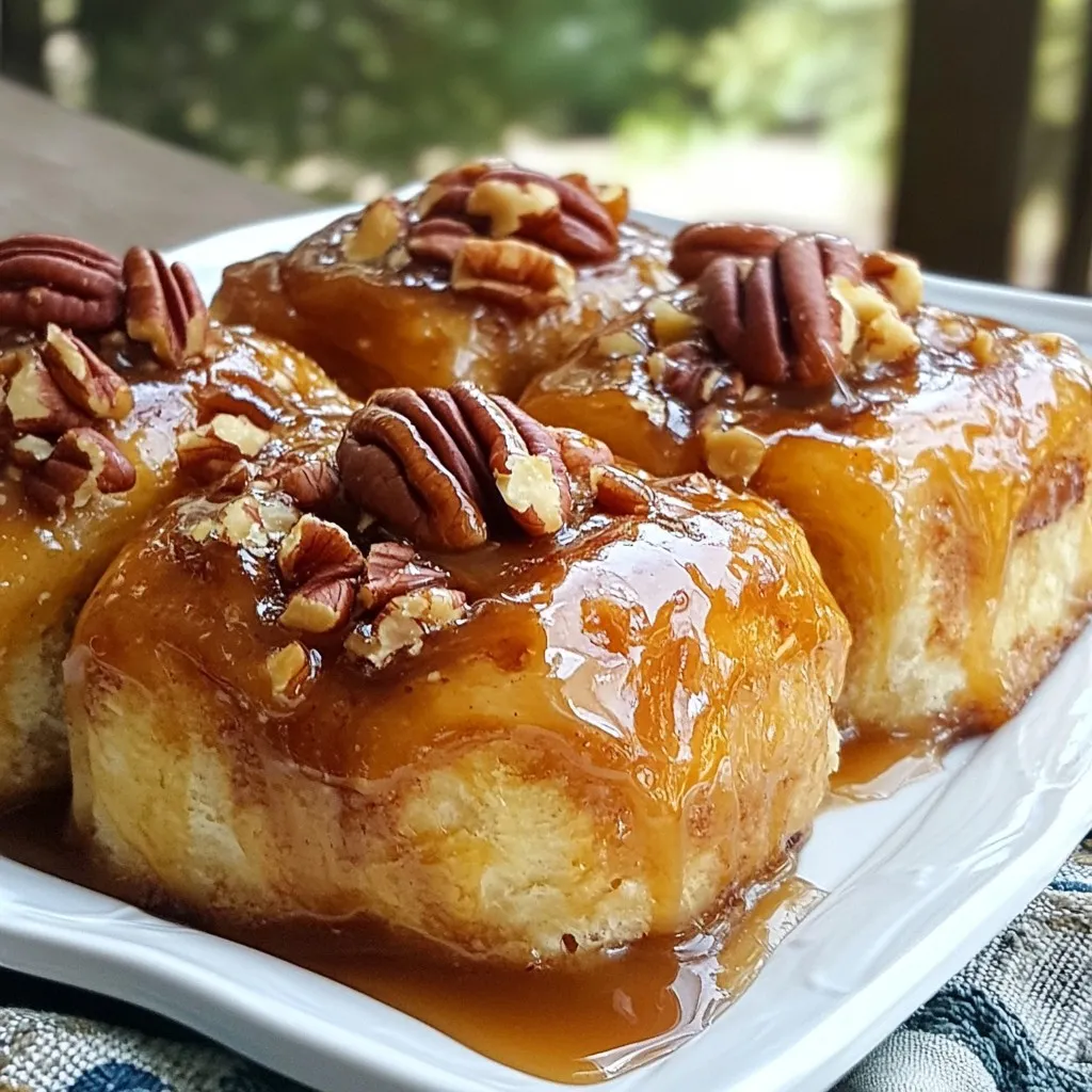 - 2 cups all-purpose flour - 1 cup milk, warmed - 1/4 cup granulated sugar - 1 packet (2 1/4 teaspoons) active dry yeast These basic items are key to making your sticky buns rise and shine. The all-purpose flour gives the dough its structure. Warm milk helps dissolve the sugar and activates the yeast. Granulated sugar sweetens the dough and feeds the yeast, allowing it to bloom. The active dry yeast is what makes the dough rise. - 1/4 cup unsalted butter, melted - 1 large egg - 1 teaspoon vanilla extract - 1/2 teaspoon salt Next, we have some important extras. Unsalted butter adds richness to the dough. The large egg helps bind everything together. Vanilla extract gives a warm flavor, while salt balances all the sweetness. - 1 cup pecans, chopped - 1/2 cup brown sugar, packed - 1/4 cup light corn syrup - 1 tablespoon ground cinnamon Now for the fun part—the toppings! Chopped pecans add crunch and flavor. Brown sugar gives the caramel a rich taste. Light corn syrup helps create that sticky texture. Ground cinnamon adds warmth, making your sticky buns smell amazing! Gather all these ingredients, and you're ready to make some delicious caramel pecan sticky buns. Each item plays an important role in creating the perfect treat! {{ingredient_image_1}} To start, we need to activate the yeast. In a small bowl, mix warm milk, sugar, and yeast. Wait about five minutes. The mixture should get frothy. This shows the yeast is ready to work. Next, we mix the wet ingredients. In a large bowl, combine melted butter, egg, vanilla, and salt. Add the frothy yeast mixture and stir well. Now, let’s add the dry ingredients. Gradually mix in the flour. Stir until a soft dough forms. Kneading is next. Place the dough on a floured surface. Knead it for five to seven minutes. The dough should feel smooth and elastic. Now, it's time for the first rise. Place the dough in a greased bowl. Cover it with a kitchen towel. Let it rise in a warm spot for about an hour. It should double in size. While the dough rises, prepare the caramel mixture. In a saucepan, combine brown sugar, corn syrup, and butter. Cook over medium heat. Stir until the mixture is smooth and bubbling. Once ready, remove it from the heat and stir in chopped pecans. Once the dough has risen, roll it out on a floured surface. Aim for a rectangle about twelve by fifteen inches. Then, spread melted butter over the dough. Sprinkle brown sugar and cinnamon evenly on top. This adds sweetness and spice. Next, roll the dough tightly from the long side into a log. Cut the log into twelve equal pieces. Place them cut side down in the greased baking pan. Cover the pan with a towel. Let the buns rise for another thirty minutes. After this rise, preheat your oven to 350°F (175°C). Once the buns have risen, bake them for twenty-five to thirty minutes. They should turn golden brown. Allow the buns to cool in the pan for about five minutes. Then, carefully invert them onto a serving platter, so the caramel is on top. Enjoy your delicious creation! - Under-kneading the dough: Kneading helps develop gluten. This gives your buns a nice rise. If you skip this step, your buns may turn out dense. Knead until the dough feels smooth and elastic. - Skipping the rise times: Allowing the dough to rise is key. This step helps the yeast work. If you rush this, the buns won’t be fluffy. Always wait until the dough has doubled in size. - Tips for a smooth caramel: Use medium heat to melt your sugar. Stir gently and watch closely. If it gets too hot, it can burn. Stir until your caramel is bubbly and smooth. - Adjusting sweetness levels: Taste your caramel before pouring it. If it’s too sweet, add a pinch of salt. This can balance the flavors nicely. You want the richness without overwhelming sweetness. - Best serving temperature: Serve your sticky buns warm. This enhances the gooey caramel and soft texture. They taste best right out of the oven. - Presentation ideas: Drizzle extra caramel over the tops. Add whole pecans for a nice touch. Arrange them on a pretty platter to impress your guests. Pro Tips Fresh Yeast: Always check the expiration date on your yeast package to ensure it’s active for the best rise. Room Temperature Ingredients: Make sure your egg and butter are at room temperature for a smoother dough texture. Grease Well: Don’t skimp on greasing the baking pan to prevent the sticky buns from sticking to the bottom. Cooling Time: Allow the buns to cool slightly before inverting to prevent the caramel from running off. {{image_2}} You can switch things up with flavor variations. Adding chocolate chips to the dough gives a sweet twist. Just sprinkle a cup of chips when you add the brown sugar and cinnamon. This adds richness and fun to each bite. You can also adjust spices to your taste. If you like a warm touch, add a pinch of nutmeg or allspice. This small change makes a big difference in flavor. If you need dietary modifications, there are great options. For gluten-free buns, use a gluten-free flour blend. Make sure the blend has xanthan gum for the best texture. You can also make these buns vegan. Replace the egg with a flax egg, made from one tablespoon of flaxseed meal and three tablespoons of water. Substitute milk with almond or oat milk and use vegan butter. Change up the toppings for more variety. Cream cheese frosting on top adds a creamy, sweet layer. Make it by mixing cream cheese with powdered sugar and vanilla. For a fruity touch, try adding sliced bananas or apples. You can switch nuts too! Walnuts or almonds work well, giving a different crunch. These small changes keep the recipe fresh and exciting. To keep your sticky buns fresh, store them properly. For short-term storage, place them in the fridge. Use an airtight container or cover them tightly with plastic wrap. They will last up to five days in the fridge. For long-term storage, consider freezing them. This method allows you to enjoy sticky buns later. Reheating your sticky buns is easy! The best method is using an oven. Preheat your oven to 350°F (175°C). Place the buns on a baking sheet and cover them with foil. Heat for about 10 to 15 minutes. This method keeps the buns warm and soft. You can also use a microwave. Heat each bun for about 15 to 20 seconds. This will warm them quickly, but they may lose some texture. You can freeze sticky buns both before and after baking. To freeze before baking, assemble the buns in the pan, cover with plastic wrap, and freeze. Bake them straight from the freezer, adding a few extra minutes to the baking time. For freezing after baking, let the buns cool completely. Wrap each bun in plastic wrap, then place them in a freezer-safe bag. They will stay fresh for up to three months. You can use instant yeast as a great alternative. Use the same amount; there’s no need to activate it first. This speeds up the process since it can be mixed directly into the dry ingredients. If you don't have yeast, baking powder is another option. Use two teaspoons of baking powder for each packet of yeast. Just remember, using baking powder will change the texture and flavor slightly. You can prepare the dough in advance. After making the dough, let it rise. Then, cover it and place it in the fridge. You can leave it there overnight. When you are ready, take it out and let it come to room temperature. This saves you time on baking day. Another option is to prepare the sticky buns fully and refrigerate them. Just remember, make sure they rise while in the fridge. Yes, you can double the recipe easily. Just remember to double each ingredient. Keep in mind that you may need to adjust the baking time. Check the buns a few minutes earlier. They might need a bit more time to bake fully, depending on your oven. In this blog post, we explored making sticky buns from scratch. We covered essential ingredients, step-by-step instructions, and helpful tips. We looked at tasty variations and smart storage solutions. Remember, careful kneading and proper rising are key. Whether you add chocolate or go vegan, these buns can fit your taste. Enjoy creating a warm treat that brightens any day! With these tips, you’ll impress everyone with your baking skills. Enjoy your sticky buns and share them with friends and family!