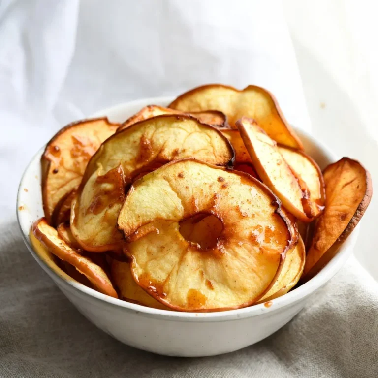 To make caramel cinnamon apple chips, gather these key ingredients: - 2 large apples (Honeycrisp or Fuji recommended) - 1/2 cup granulated sugar - 1 tablespoon cinnamon - 2 tablespoons unsalted butter, melted - Pinch of sea salt These ingredients create a perfect mix of sweet and spicy flavors. The apples provide a crisp base, while the sugar and cinnamon add a warm touch. If you want to try different flavors or have allergies, consider these options: - Use other apple types like Granny Smith or Gala for a tart twist. - Swap granulated sugar for brown sugar for a deeper caramel flavor. - Try coconut oil instead of butter for a dairy-free option. - Add a sprinkle of nutmeg for extra spice if you love bold flavors. These alternatives can change the taste and texture of your chips while keeping them delicious. Here's a quick look at the nutritional info for the main ingredients: - Apples: Low in calories and high in fiber, they help with digestion. - Granulated Sugar: Adds sweetness but has no nutrients. - Cinnamon: May help control blood sugar and has anti-inflammatory properties. - Unsalted Butter: Adds richness and flavor, but is high in fat. - Sea Salt: Enhances flavor, but too much can raise blood pressure. Overall, this snack is a tasty treat, but enjoy it in moderation. {{ingredient_image_1}} Start by gathering your ingredients. You will need two large apples, sugar, cinnamon, melted butter, and a pinch of sea salt. I like Honeycrisp or Fuji apples for their sweetness. Next, preheat your oven to 200°F (95°C). Line a baking sheet with parchment paper. This step keeps the apple chips from sticking. Wash the apples well to remove any dirt. Use a sharp knife or a mandoline to slice the apples thinly. Aim for about 1/8 inch thick. Thin slices bake better and become crispier. In a small bowl, mix together the granulated sugar, cinnamon, and sea salt. This blend adds sweet flavor and warmth to your chips. In another bowl, combine the apple slices with melted butter. Toss them gently to coat every slice. Now, sprinkle the cinnamon-sugar mixture over the apple slices. Toss lightly again to ensure all slices are covered evenly. Arrange the apple slices in a single layer on the prepared baking sheet. Make sure they do not overlap. This allows even baking and crisping. Place the baking sheet in the preheated oven. Bake for about 2 to 3 hours. Keep an eye on them after the first hour to avoid burning. The chips will turn golden and crisp. Once the apple chips are done, take them out of the oven. Let them cool completely on the baking sheet. They will continue to crisp as they cool. After they are cool, store the chips in an airtight container. Keep them at room temperature for up to a week. Enjoy these crunchy snacks anytime! To make the best apple chips, you need thin slices. Aim for about 1/8 inch thick. Use a mandoline for even cuts. If you don't have one, a sharp knife works too. Just take your time to keep the slices uniform. This helps them bake evenly. I recommend using Honeycrisp or Fuji apples. They have the right balance of sweetness and tartness. These apples also hold their shape well when baked. Other good options include Granny Smith for a tangy twist or Gala for extra sweetness. Choose what you love! One common mistake is overlapping apple slices. If they touch, they won’t crisp up right. Make sure to place them in a single layer on your baking sheet. Another tip is to watch the baking time. Keep an eye on them after an hour. Every oven is different, so adjust the time if needed. Pro Tips Choose the Right Apples: Honeycrisp and Fuji apples are ideal for this recipe due to their sweetness and crisp texture, providing the best flavor and crunch. Uniform Slicing: Use a mandoline for even slicing. This ensures that all the apple chips bake at the same rate, preventing some from burning while others remain chewy. Monitor Baking Time: Keep an eye on the chips as they bake. Ovens may vary, and checking them after the first hour can prevent over-baking and burning. Storage Tip: To keep your apple chips fresh and crispy, store them in an airtight container at room temperature, away from moisture. {{image_2}} You can add new flavors to your caramel cinnamon apple chips. Here are some fun ideas: - Nutmeg: This spice adds warmth. Just sprinkle a little on the apple slices with cinnamon. - Vanilla: Add a splash of vanilla extract to the melted butter. It gives a sweet, rich taste. - Chocolate: Drizzle melted chocolate over the chips once they cool. This adds a tasty surprise. Mixing in these flavors keeps the snack fresh and exciting. Apple chips are great on their own. But pairing them with dips makes them even better. Try these: - Caramel Sauce: Serve with warm caramel for a sweet treat. - Nut Butter: Almond or peanut butter adds protein and creaminess. - Yogurt: Plain or flavored yogurt makes a nice, cool dip. These pairings make your snack time fun and tasty. You can easily adjust this recipe to fit your diet. Here’s how: - Vegan: Replace the butter with coconut oil or a plant-based spread. This keeps it dairy-free. - Sugar-Free: Use a sugar substitute like stevia or monk fruit. These will sweeten without extra calories. These changes let everyone enjoy the crunchy and tasty snack without worry. To keep your caramel cinnamon apple chips fresh, store them in an airtight container. This helps lock in the crunch. Place them in a cool, dry area away from sunlight. Avoid keeping them in the fridge, as moisture can make them soggy. Use parchment paper between layers if you stack the chips. This prevents sticking and keeps them crisp. When stored properly, your apple chips can last up to one week. After that, they may lose their crunch. You'll want to check for any signs of moisture or softness. If they feel chewy, it’s time to toss them. For the best taste, enjoy them within the first few days. If you want to keep the chips longer, you can freeze them. Lay the chips in a single layer on a baking sheet. Freeze them for about an hour until solid. After that, transfer them to a freezer bag or container. Remove as much air as possible to prevent freezer burn. They can last up to three months in the freezer. When ready to enjoy, just let them thaw at room temperature. You can make apple chips without caramel by skipping the butter and sugar. Simply slice your apples thinly and season them with salt and cinnamon. Bake them in the oven at 200°F (95°C) for 2 to 3 hours. This method gives you a crispy, healthy snack. You can enjoy the natural sweetness of the apples without any added sugars. Yes, you can use other fruits to make chips. Pears, bananas, and peaches work well. Just slice them thinly like apples. Adjust the baking time based on the fruit's moisture level. For example, bananas may take less time than apples. Always check them to avoid burning. Yes, you can easily make a larger batch of apple chips. Simply multiply the ingredients based on how many apples you want to use. Make sure to use multiple baking sheets if needed. Just keep an eye on them in the oven. Each batch may bake at a slightly different rate due to size and moisture. You now have a clear guide to making tasty apple chips. We explored the key ingredients, step-by-step instructions, useful tips, and exciting variations. You learned how to store them properly and answered common questions. Making apple chips is fun and rewarding. Try different flavors and enjoy this healthy snack with friends and family. Enjoy your cooking and let your apple chips impress everyone!