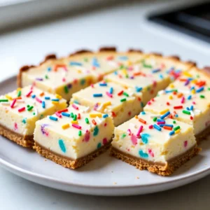 To make Funfetti Cheesecake Bars, you need some simple and tasty ingredients. Here&rsquo;s what you will need: - 1 &frac12; cups graham cracker crumbs - &frac12; cup unsalted butter, melted - 1 cup granulated sugar - 16 oz cream cheese, softened - 2 large eggs - 1 teaspoon vanilla extract - &frac12; cup sour cream - &frac12; cup rainbow sprinkles (plus extra for garnish) - Pinch of salt These ingredients come together to create a creamy, sweet treat that everyone loves. The graham cracker crumbs form a crunchy base, while the cream cheese gives the bars a rich and smooth texture. The eggs help the cheesecake set, and the sour cream adds a nice tang. Don't forget the rainbow sprinkles! They add fun and color, making these bars perfect for any celebration. Using high-quality ingredients makes a big difference. Fresh cream cheese and real vanilla extract enhance the flavor. If you want to add a twist, you can try different types of sprinkles or even mix in some chocolate chips. The possibilities are endless! {{ingredient_image_1}} First, set your oven to 325&deg;F (163&deg;C). This hot oven will help the bars bake just right. Next, take an 8x8-inch baking pan. Line it with parchment paper, letting the edges hang out. This makes it easy to lift the bars out later. In a medium bowl, mix together 1 &frac12; cups of graham cracker crumbs, &frac12; cup of melted butter, and &frac14; cup of granulated sugar. Stir until it looks crumbly. Now, press this mix firmly into the bottom of your pan. Make sure it is even. Bake this crust in the preheated oven for 10 minutes. When done, take it out and let it cool a bit. Grab a large bowl and add 16 oz of softened cream cheese. Use an electric mixer to beat it until it&rsquo;s smooth and creamy. Then, add the rest of the sugar, mixing until it blends well. Add in 2 large eggs one at a time, mixing well after each. Now, pour in 1 teaspoon of vanilla extract and &frac12; cup of sour cream. Mix until it is all smooth. Next, gently fold in &frac12; cup of rainbow sprinkles. Be careful not to mix too hard, or the colors will run. Pour this cheesecake mix over your cooled crust. Use a spatula to smooth out the top. Bake this in the oven for 30 to 35 minutes. The center should still jiggle a bit. It will set up as it cools. Turn off the oven after baking. Leave the bars inside for 1 hour. This helps them cool down slowly. After that, let them cool to room temp. Then, move them to the fridge. Chill for at least 4 hours, but overnight is best for flavor. When ready to serve, lift the bars out of the pan using the parchment paper. Cut them into squares. For a fun touch, sprinkle some extra rainbow sprinkles on top before serving. Enjoy your Funfetti Cheesecake Bars! To make the best Funfetti Cheesecake Bars, follow these tips: - Use room temperature cream cheese. This mix makes a smoother filling. - Don&rsquo;t over-mix the batter. Fold in the sprinkles gently to keep colors bright. - Check for doneness. The center should be slightly jiggly when you take them out. - Chill overnight. This helps the flavors blend well and improves the texture. Avoid these common mistakes: - Skipping the cooling step. Letting them cool in the oven prevents cracks. - Using cold eggs. Cold eggs can cause lumps in the batter. - Not lining the pan. Parchment paper helps with easy removal later. - Overbaking. This will make your bars dry and tough; check them early. Here are some tools you&rsquo;ll need: - 8x8-inch baking pan. This is perfect for the size of the bars. - Electric mixer. It helps mix the cream cheese easily. - Spatula. Use it to smooth the filling and scrape the bowl. - Parchment paper. This makes lifting the bars out simple. - Cooling rack. It aids in cooling the bars evenly. By following these tips and avoiding common mistakes, you&rsquo;ll make delightful Funfetti Cheesecake Bars that everyone will love! Pro Tips Use Room Temperature Ingredients: Ensure your cream cheese and eggs are at room temperature for a smoother, creamier filling. This helps achieve a uniform texture without lumps. Don&rsquo;t Overmix the Batter: When folding in the sprinkles, mix gently to avoid color bleeding. Overmixing can also incorporate too much air, which may cause cracks in your cheesecake. Chill Overnight for Best Results: Allowing the cheesecake bars to chill overnight enhances the flavor and texture, making them firmer and easier to cut. Use a Sharp Knife: For clean cuts, use a sharp knife dipped in hot water, wiping it clean between cuts. This will give you perfectly shaped bars for presentation. {{image_2}} You can change the flavor of your Funfetti Cheesecake Bars easily. Here are some ideas: - Chocolate Funfetti: Add &frac12; cup of cocoa powder to the cream cheese mix. This gives a rich, chocolate taste. - Fruit-Infused: Fold in 1 cup of fresh berries, like strawberries or blueberries, instead of sprinkles. The fruit adds a nice, tart flavor. - Citrus Twist: Mix in a tablespoon of lemon or orange zest. This adds a fresh, zesty note to the bars. These ideas let you customize the bars to match your taste! You can make Funfetti Cheesecake Bars to fit different diets. Here are some options: - Gluten-Free: Use gluten-free graham crackers for the crust. This keeps the bars safe for those with gluten issues. - Vegan: Substitute cream cheese with a vegan cream cheese and use flax eggs. This makes a plant-based version that everyone can enjoy. - Sugar-Free: Replace granulated sugar with a sugar substitute. Make sure it works well for baking. These adjustments let you enjoy the bars without worries! Garnishing can make your cheesecake bars look even more fun. Here are some suggestions: - Extra Sprinkles: Top with more rainbow sprinkles before serving. They add color and joy. - Drizzle of Chocolate: Melt some chocolate and drizzle it on top. This adds a sweet touch. - Fresh Fruit: Place slices of fresh fruit on each bar. It adds a nice pop of color and flavor. These garnishes can turn your cheesecake bars into a showstopper! Store your Funfetti cheesecake bars in an airtight container. This keeps them fresh. Make sure they are fully chilled before sealing. If you want extra protection, wrap them in plastic wrap first. This helps avoid freezer burn if you freeze them. In the fridge, these bars last about 5 days. They stay tasty and fresh during this time. If you want to keep them longer, freeze them. In the freezer, they can last up to 3 months. Just make sure to label your container with the date. If you want to enjoy your cheesecake bars warm, you can reheat them. Just microwave a piece for about 10-15 seconds. Check to see if it&rsquo;s warm enough. You can also let them sit at room temperature for 30 minutes before serving again. This makes them creamy and soft, just like fresh. To cut cheesecake bars well, use a sharp knife. Dip the knife in hot water, then wipe it dry. This helps make clean cuts. Cut your bars in even squares. After each cut, clean the knife again. This keeps the edges nice and neat. Yes, you can make these bars ahead of time. They taste even better after chilling. You can prepare them a day before serving. Just remember to store them in the fridge. This keeps them fresh and tasty. You know the bars are done when the center is set but still jiggles a bit. They should not look wet or overly wobbly. If you insert a toothpick, it should come out mostly clean. The bars will firm up as they cool. Absolutely! You can swap out rainbow sprinkles for any fun sprinkles you like. Try chocolate sprinkles for a rich twist. You can also use seasonal sprinkles for holidays. Just make sure to fold them in gently to keep the colors bright. You now know how to make delicious Funfetti Cheesecake Bars. We covered the key ingredients, step-by-step instructions, and helpful tips to make this treat special. Don't forget to explore fun variations and proper storage methods. These bars are perfect for any occasion. With your new skills, you can impress friends and family with this fun dessert. Enjoy making, sharing, and savoring your cheesecake creation!