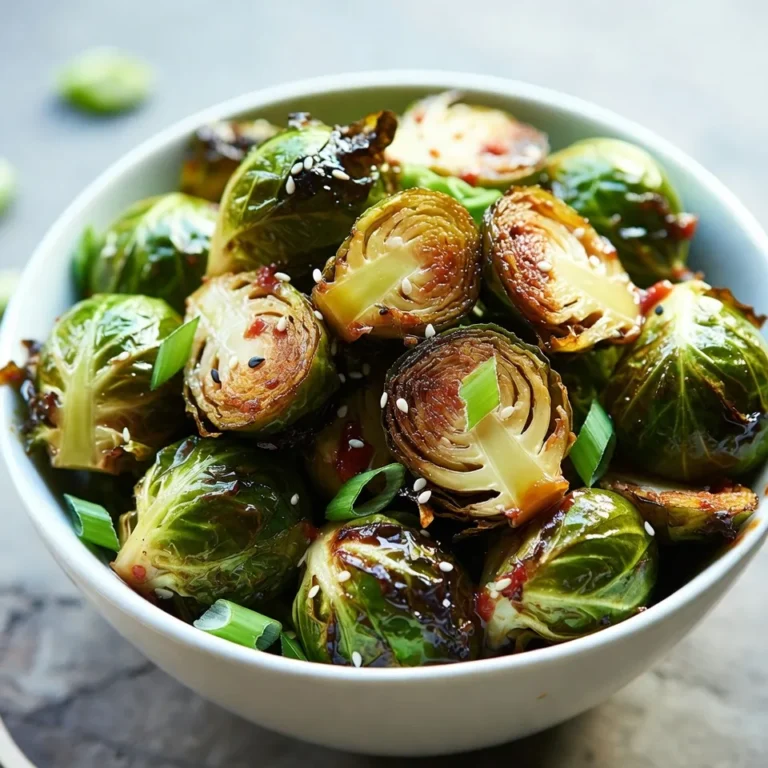 To make Honey Sriracha Brussels sprouts, gather these items: - 1 pound Brussels sprouts, trimmed and halved - 2 tablespoons olive oil - 3 tablespoons honey - 2 tablespoons Sriracha sauce - 1 tablespoon soy sauce (or tamari for gluten-free) - 1 teaspoon garlic powder - Salt and pepper to taste - 1 tablespoon sesame seeds (for garnish) - 2 green onions, sliced (for garnish) You can swap ingredients based on what you have. Use maple syrup instead of honey for a vegan option. If you want less heat, reduce the Sriracha. You can use coconut aminos instead of soy sauce for a gluten-free option. If garlic powder is not on hand, fresh garlic works well too. For a nutty flavor, try adding chopped nuts like almonds or cashews as a topping. Fresh Brussels sprouts taste best for this dish. They stay crisp and have a great flavor. Look for bright green sprouts without blemishes. If you can't find fresh ones, frozen sprouts can work too. Just make sure to thaw and drain them well before cooking. They may not be as crunchy, but they will still soak up the honey Sriracha sauce nicely. {{ingredient_image_1}} Start by preheating your oven to 400°F (200°C). This step is key for crispiness. While the oven heats, take your pound of Brussels sprouts. Trim the ends and cut them in half. In a large bowl, mix the halved sprouts with 2 tablespoons of olive oil. Add salt and pepper to taste. Toss them well until every sprout is coated. Now, spread the Brussels sprouts on a baking sheet. Make sure they are in a single layer. This helps them cook evenly. Bake them in the preheated oven for 20-25 minutes. Stir them halfway through to ensure they turn golden brown and crispy. As the Brussels sprouts bake, make the sauce. In a small saucepan, combine 3 tablespoons of honey, 2 tablespoons of Sriracha sauce, 1 tablespoon of soy sauce, and 1 teaspoon of garlic powder. Heat this mixture over medium heat. Whisk it together for about 2-3 minutes. Once it’s warm and well mixed, take it off the heat. When the Brussels sprouts are done baking, move them back to the bowl. Drizzle the honey Sriracha sauce over them. Toss until each sprout is coated. Then, return the sprouts to the baking sheet. Bake them for an extra 5 minutes. This helps the sauce caramelize. Finally, take them out and place on a platter. Garnish with sesame seeds and sliced green onions for a tasty finish. To get your Brussels sprouts crispy, start with dry sprouts. After washing them, pat them dry. Use enough olive oil to coat them well. This oil helps them crisp up in the oven. Arrange the sprouts in a single layer on the baking sheet. If they are too crowded, they will steam instead of roast. Stir them halfway through baking for even crispiness. You can boost the flavor with a few simple tweaks. Add fresh garlic for a stronger taste. You can also sprinkle in some red pepper flakes for extra heat. If you like a tangy kick, mix in a splash of lime juice before serving. For a nutty flavor, toss in some chopped nuts, like almonds or cashews. These small changes can take your dish to the next level. Serve your Honey Sriracha Brussels sprouts as a side dish or a snack. They pair well with grilled chicken or fish. You can also serve them over rice or quinoa for a complete meal. For a fun twist, put them on tacos or in wraps. Don't forget to garnish with sesame seeds and green onions for extra color and crunch. Pro Tips Use Fresh Brussels Sprouts: For the best flavor and texture, choose fresh Brussels sprouts that are firm and vibrant green. Avoid any that are yellowing or wilting. Adjust Heat Level: If you prefer a milder dish, reduce the amount of Sriracha sauce. You can also add more honey to balance the spiciness. Perfectly Crispy Sprouts: Make sure to space the Brussels sprouts out on the baking sheet. Overcrowding can cause them to steam instead of roast, preventing that desired crispy texture. Garnish for Flavor: Don't skip the sesame seeds and green onions! They add not only visual appeal but also extra flavor and texture to the dish. {{image_2}} You can easily add protein to this dish. Chicken or tofu works great. For chicken, use bite-sized pieces. Cook them in the oven or pan-fry them until golden. Toss the cooked chicken with the Brussels sprouts and sauce. For tofu, use firm or extra-firm types. Press it to remove water, then cube it. Sauté or bake the tofu until crispy. Mix it with the sprouts and sauce for a filling meal. This recipe is already vegetarian. To make it vegan, ensure you use a vegan honey substitute. Maple syrup or agave syrup can work well. Both add sweetness without the honey. You can also add nuts for extra texture. Try adding chopped walnuts or almonds. They add crunch and flavor to the dish. If you want more heat, add extra Sriracha to the sauce. Start with one more tablespoon and taste it. If it's too spicy, balance it with more honey. You can also add crushed red pepper flakes for a different heat. For less spice, reduce the Sriracha to one tablespoon. This keeps the sweet flavor while lowering the heat. Adjust according to your taste and enjoy! After you enjoy your Honey Sriracha Brussels sprouts, cool them down. Place the leftovers in an airtight container. They last in the fridge for about 3 to 5 days. When you are ready to eat, just take them out and enjoy. You can freeze these sprouts too! First, let them cool completely. Then, place them in a freezer-safe bag or container. Make sure you remove as much air as possible. They can stay frozen for up to 3 months. When you want to eat them, thaw them in the fridge overnight. To reheat, you can use the oven or a skillet. For the oven, preheat to 350°F (175°C) and bake for about 10-15 minutes. This helps keep them crispy. If you use a skillet, heat on medium and stir until warm. You can add a bit of oil if they seem dry. Enjoy your flavorful sprouts again! Yes, you can make this recipe gluten-free. Simply use tamari sauce instead of soy sauce. Tamari has a similar taste and works well. Always check the label to ensure it is gluten-free. To store leftovers, let the Brussels sprouts cool down. Place them in an airtight container. They will stay fresh in the fridge for about 3 to 4 days. Reheat them in the oven for best results. Absolutely! You can try a different sauce. A sweet chili sauce or BBQ sauce works nicely. Experiment with your favorite flavors to find a new twist. These Brussels sprouts go well with many dishes. Try them with grilled chicken or fish. They also pair nicely with rice or quinoa. You can serve them as a side or a main dish. This blog post covered how to make delicious Honey Sriracha Brussels sprouts. We explored the key ingredients, step-by-step instructions, and tips for perfect crispiness. You learned about variations and how to store leftovers too. Brussels sprouts can be easy and fun to prepare. With simple swaps, you can find flavors you love. Enjoy experimenting with spices and proteins to make these sprouts your own! Dive in and savor the taste of your creation.
