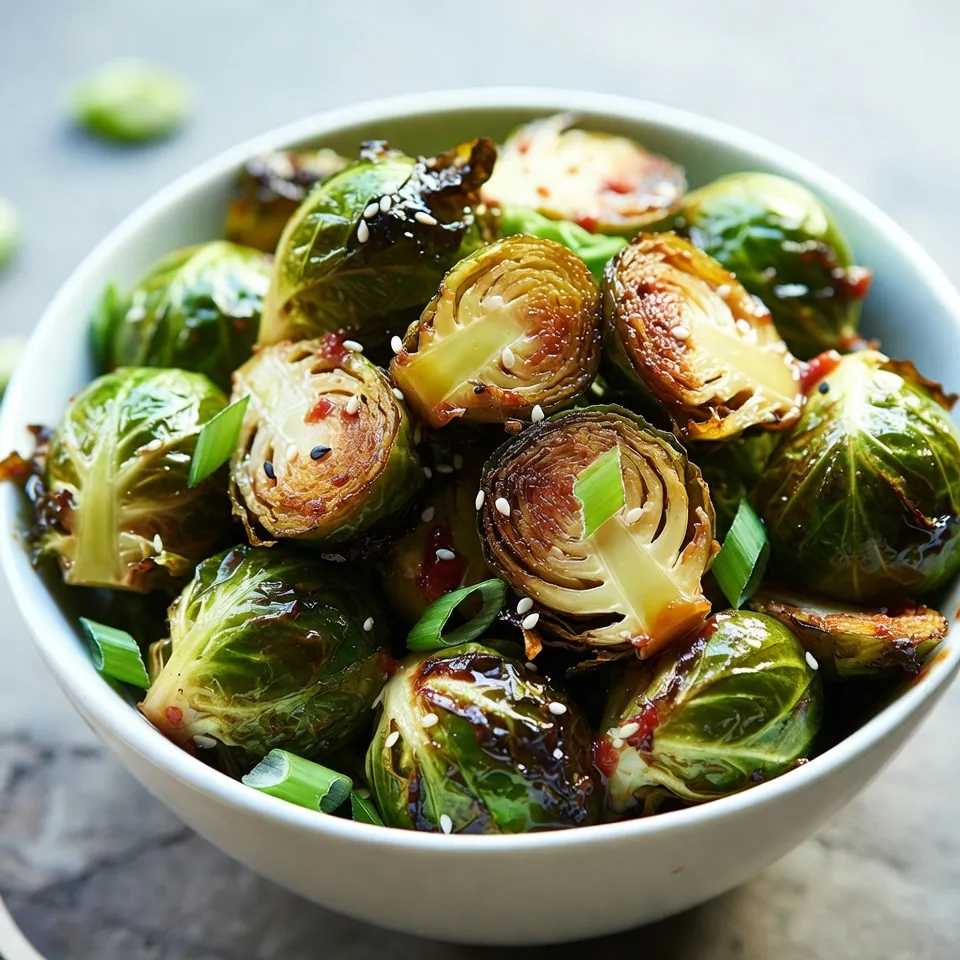 To make Honey Sriracha Brussels sprouts, gather these items: - 1 pound Brussels sprouts, trimmed and halved - 2 tablespoons olive oil - 3 tablespoons honey - 2 tablespoons Sriracha sauce - 1 tablespoon soy sauce (or tamari for gluten-free) - 1 teaspoon garlic powder - Salt and pepper to taste - 1 tablespoon sesame seeds (for garnish) - 2 green onions, sliced (for garnish) You can swap ingredients based on what you have. Use maple syrup instead of honey for a vegan option. If you want less heat, reduce the Sriracha. You can use coconut aminos instead of soy sauce for a gluten-free option. If garlic powder is not on hand, fresh garlic works well too. For a nutty flavor, try adding chopped nuts like almonds or cashews as a topping. Fresh Brussels sprouts taste best for this dish. They stay crisp and have a great flavor. Look for bright green sprouts without blemishes. If you can't find fresh ones, frozen sprouts can work too. Just make sure to thaw and drain them well before cooking. They may not be as crunchy, but they will still soak up the honey Sriracha sauce nicely. {{ingredient_image_1}} Start by preheating your oven to 400°F (200°C). This step is key for crispiness. While the oven heats, take your pound of Brussels sprouts. Trim the ends and cut them in half. In a large bowl, mix the halved sprouts with 2 tablespoons of olive oil. Add salt and pepper to taste. Toss them well until every sprout is coated. Now, spread the Brussels sprouts on a baking sheet. Make sure they are in a single layer. This helps them cook evenly. Bake them in the preheated oven for 20-25 minutes. Stir them halfway through to ensure they turn golden brown and crispy. As the Brussels sprouts bake, make the sauce. In a small saucepan, combine 3 tablespoons of honey, 2 tablespoons of Sriracha sauce, 1 tablespoon of soy sauce, and 1 teaspoon of garlic powder. Heat this mixture over medium heat. Whisk it together for about 2-3 minutes. Once it’s warm and well mixed, take it off the heat. When the Brussels sprouts are done baking, move them back to the bowl. Drizzle the honey Sriracha sauce over them. Toss until each sprout is coated. Then, return the sprouts to the baking sheet. Bake them for an extra 5 minutes. This helps the sauce caramelize. Finally, take them out and place on a platter. Garnish with sesame seeds and sliced green onions for a tasty finish. To get your Brussels sprouts crispy, start with dry sprouts. After washing them, pat them dry. Use enough olive oil to coat them well. This oil helps them crisp up in the oven. Arrange the sprouts in a single layer on the baking sheet. If they are too crowded, they will steam instead of roast. Stir them halfway through baking for even crispiness. You can boost the flavor with a few simple tweaks. Add fresh garlic for a stronger taste. You can also sprinkle in some red pepper flakes for extra heat. If you like a tangy kick, mix in a splash of lime juice before serving. For a nutty flavor, toss in some chopped nuts, like almonds or cashews. These small changes can take your dish to the next level. Serve your Honey Sriracha Brussels sprouts as a side dish or a snack. They pair well with grilled chicken or fish. You can also serve them over rice or quinoa for a complete meal. For a fun twist, put them on tacos or in wraps. Don't forget to garnish with sesame seeds and green onions for extra color and crunch. Pro Tips Use Fresh Brussels Sprouts: For the best flavor and texture, choose fresh Brussels sprouts that are firm and vibrant green. Avoid any that are yellowing or wilting. Adjust Heat Level: If you prefer a milder dish, reduce the amount of Sriracha sauce. You can also add more honey to balance the spiciness. Perfectly Crispy Sprouts: Make sure to space the Brussels sprouts out on the baking sheet. Overcrowding can cause them to steam instead of roast, preventing that desired crispy texture. Garnish for Flavor: Don't skip the sesame seeds and green onions! They add not only visual appeal but also extra flavor and texture to the dish. {{image_2}} You can easily add protein to this dish. Chicken or tofu works great. For chicken, use bite-sized pieces. Cook them in the oven or pan-fry them until golden. Toss the cooked chicken with the Brussels sprouts and sauce. For tofu, use firm or extra-firm types. Press it to remove water, then cube it. Sauté or bake the tofu until crispy. Mix it with the sprouts and sauce for a filling meal. This recipe is already vegetarian. To make it vegan, ensure you use a vegan honey substitute. Maple syrup or agave syrup can work well. Both add sweetness without the honey. You can also add nuts for extra texture. Try adding chopped walnuts or almonds. They add crunch and flavor to the dish. If you want more heat, add extra Sriracha to the sauce. Start with one more tablespoon and taste it. If it's too spicy, balance it with more honey. You can also add crushed red pepper flakes for a different heat. For less spice, reduce the Sriracha to one tablespoon. This keeps the sweet flavor while lowering the heat. Adjust according to your taste and enjoy! After you enjoy your Honey Sriracha Brussels sprouts, cool them down. Place the leftovers in an airtight container. They last in the fridge for about 3 to 5 days. When you are ready to eat, just take them out and enjoy. You can freeze these sprouts too! First, let them cool completely. Then, place them in a freezer-safe bag or container. Make sure you remove as much air as possible. They can stay frozen for up to 3 months. When you want to eat them, thaw them in the fridge overnight. To reheat, you can use the oven or a skillet. For the oven, preheat to 350°F (175°C) and bake for about 10-15 minutes. This helps keep them crispy. If you use a skillet, heat on medium and stir until warm. You can add a bit of oil if they seem dry. Enjoy your flavorful sprouts again! Yes, you can make this recipe gluten-free. Simply use tamari sauce instead of soy sauce. Tamari has a similar taste and works well. Always check the label to ensure it is gluten-free. To store leftovers, let the Brussels sprouts cool down. Place them in an airtight container. They will stay fresh in the fridge for about 3 to 4 days. Reheat them in the oven for best results. Absolutely! You can try a different sauce. A sweet chili sauce or BBQ sauce works nicely. Experiment with your favorite flavors to find a new twist. These Brussels sprouts go well with many dishes. Try them with grilled chicken or fish. They also pair nicely with rice or quinoa. You can serve them as a side or a main dish. This blog post covered how to make delicious Honey Sriracha Brussels sprouts. We explored the key ingredients, step-by-step instructions, and tips for perfect crispiness. You learned about variations and how to store leftovers too. Brussels sprouts can be easy and fun to prepare. With simple swaps, you can find flavors you love. Enjoy experimenting with spices and proteins to make these sprouts your own! Dive in and savor the taste of your creation.