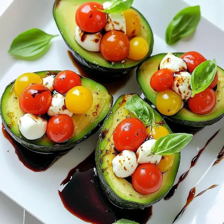 To make Caprese stuffed avocados, gather these fresh ingredients: - 2 ripe avocados, halved and pitted - 1 cup cherry tomatoes, halved - 1 cup fresh mozzarella balls, halved - 1/4 cup fresh basil leaves, chopped - 2 tablespoons balsamic glaze - 1 tablespoon olive oil - Salt and pepper to taste Each serving of Caprese stuffed avocados offers a great mix of nutrients. You get: - Calories: 250 - Protein: 8 grams - Carbohydrates: 12 grams - Dietary Fiber: 7 grams - Fats: 20 grams This dish is a healthy balance of fats, protein, and carbs. Using fresh ingredients makes your Caprese stuffed avocados shine. Fresh avocados give a creamy texture. Ripe cherry tomatoes add sweetness and color. Fresh mozzarella provides a delightful chew. Lastly, bright basil enhances the flavor. When you choose fresh, you boost taste and nutrition. Enjoy the fresh flavors as they come together in each bite! {{ingredient_image_1}} Start by taking your ripe avocados. Carefully slice each avocado in half. Remove the pit gently. If you want a bit more filling space, use a spoon. Scoop out a small amount of the flesh. This step helps hold more of that tasty filling. In a medium bowl, add the halved cherry tomatoes. Next, include the halved fresh mozzarella balls. Toss in the chopped basil leaves. Drizzle two tablespoons of olive oil over the mixture. Add two tablespoons of balsamic glaze for flavor. Stir the ingredients gently until they mix well. Add salt and pepper to your taste. Now, take your avocado halves. Spoon the Caprese mixture into each half. Press down slightly to fill them well. Arrange the filled avocados on a nice serving platter. For a pretty touch, drizzle more balsamic glaze on top. Serve them right away to enjoy the fresh flavors. To find ripe avocados, look for dark skin. Gently squeeze the avocado; it should feel soft but not mushy. If it is firm, leave it at room temperature for a few days. Once ripe, store them in the fridge to slow down the ripening. You can prepare the Caprese filling a few hours early. Mix the tomatoes, mozzarella, and basil, then store it in the fridge. Cut the avocados just before serving to keep them fresh. If you must prep in advance, sprinkle lemon juice on the avocado to slow browning. For a beautiful display, use a large platter. Arrange the stuffed avocados in a circle or line. Drizzle extra balsamic glaze over the top for a glossy finish. Add fresh basil leaves for a pop of color. This makes the dish inviting and ready for guests! Pro Tips Choose Ripe Avocados: Ensure your avocados are perfectly ripe for the best flavor and texture. They should yield slightly to gentle pressure when squeezed. Fresh Ingredients Matter: Use the freshest mozzarella and basil possible. Fresh ingredients enhance the overall taste and presentation of the dish. Customize the Filling: Feel free to add additional ingredients like diced red onion or a sprinkle of red pepper flakes for extra flavor and heat. Serve Immediately: These stuffed avocados are best enjoyed fresh. If you need to prepare them in advance, keep the filling separate until ready to serve. {{image_2}} You can change up the ingredients to match your taste. Try using different cheeses like feta or goat cheese for a tangy twist. You can also swap cherry tomatoes for sun-dried tomatoes for a deeper flavor. Add some diced cucumbers for crunch, or even include roasted red peppers for a smoky taste. These simple swaps keep the dish fresh and exciting. If you want a vegan or dairy-free version, remove the mozzarella. You can use vegan cheese or marinated tofu instead. For added creaminess, consider using avocado or cashew cream. This way, you keep the dish rich while staying true to plant-based eating. Experiment with dressings to add your unique flair. Instead of balsamic glaze, use lemon juice for a zesty touch. A drizzle of pesto can also bring fresh herb flavors. Top with crushed nuts or seeds for a crunchy texture. Fresh herbs like cilantro or parsley can brighten up the dish, too. Store any leftover Caprese stuffed avocados in an airtight container. Cover them well to keep moisture out. It's best to eat them within one day. The avocado may brown quickly, so use lemon juice to slow this down. To keep your ingredients fresh, store them separately. Place the cherry tomatoes and mozzarella in the fridge. Keep basil in a damp paper towel in a bag. This helps them stay green and crisp. Only cut avocados when you are ready to use them. You should not reheat stuffed avocados. They taste best fresh. If you have leftover filling, you can use it in salads or on toast. Just be sure to eat it within a couple of days for the best flavor. Yes, you can prepare the filling ahead of time. Mix the tomatoes, mozzarella, and basil, and store it in the fridge. Cut the avocados just before serving. This keeps them fresh and green. If you fill the avocados too early, they may brown and lose flavor. If you need a substitute for mozzarella, try feta cheese or goat cheese. Both add great flavor. You can also use vegan cheese if you're dairy-free. These options keep the dish tasty while fitting your diet. To stop avocados from browning, use lemon or lime juice. Just squeeze some over the cut sides. This helps keep that vibrant green color. Cover the avocados tightly with plastic wrap if you need to store them. This reduces air exposure and slows down browning. In this article, we explored how to make delicious Caprese Stuffed Avocados. We covered the key ingredients and their nutrition, showed you how to prepare and assemble them, and shared useful tips for picking, storing, and presenting your dish. Remember, fresh ingredients make a big difference. Feel free to customize your recipe based on your taste. With these insights, you can create a delightful meal that impresses anyone. Enjoy making this tasty dish!