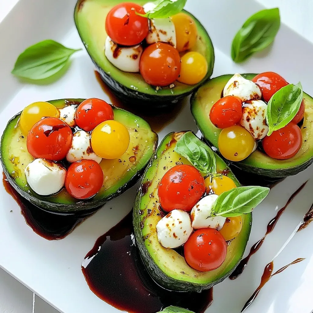 To make Caprese stuffed avocados, gather these fresh ingredients: - 2 ripe avocados, halved and pitted - 1 cup cherry tomatoes, halved - 1 cup fresh mozzarella balls, halved - 1/4 cup fresh basil leaves, chopped - 2 tablespoons balsamic glaze - 1 tablespoon olive oil - Salt and pepper to taste Each serving of Caprese stuffed avocados offers a great mix of nutrients. You get: - Calories: 250 - Protein: 8 grams - Carbohydrates: 12 grams - Dietary Fiber: 7 grams - Fats: 20 grams This dish is a healthy balance of fats, protein, and carbs. Using fresh ingredients makes your Caprese stuffed avocados shine. Fresh avocados give a creamy texture. Ripe cherry tomatoes add sweetness and color. Fresh mozzarella provides a delightful chew. Lastly, bright basil enhances the flavor. When you choose fresh, you boost taste and nutrition. Enjoy the fresh flavors as they come together in each bite! {{ingredient_image_1}} Start by taking your ripe avocados. Carefully slice each avocado in half. Remove the pit gently. If you want a bit more filling space, use a spoon. Scoop out a small amount of the flesh. This step helps hold more of that tasty filling. In a medium bowl, add the halved cherry tomatoes. Next, include the halved fresh mozzarella balls. Toss in the chopped basil leaves. Drizzle two tablespoons of olive oil over the mixture. Add two tablespoons of balsamic glaze for flavor. Stir the ingredients gently until they mix well. Add salt and pepper to your taste. Now, take your avocado halves. Spoon the Caprese mixture into each half. Press down slightly to fill them well. Arrange the filled avocados on a nice serving platter. For a pretty touch, drizzle more balsamic glaze on top. Serve them right away to enjoy the fresh flavors. To find ripe avocados, look for dark skin. Gently squeeze the avocado; it should feel soft but not mushy. If it is firm, leave it at room temperature for a few days. Once ripe, store them in the fridge to slow down the ripening. You can prepare the Caprese filling a few hours early. Mix the tomatoes, mozzarella, and basil, then store it in the fridge. Cut the avocados just before serving to keep them fresh. If you must prep in advance, sprinkle lemon juice on the avocado to slow browning. For a beautiful display, use a large platter. Arrange the stuffed avocados in a circle or line. Drizzle extra balsamic glaze over the top for a glossy finish. Add fresh basil leaves for a pop of color. This makes the dish inviting and ready for guests! Pro Tips Choose Ripe Avocados: Ensure your avocados are perfectly ripe for the best flavor and texture. They should yield slightly to gentle pressure when squeezed. Fresh Ingredients Matter: Use the freshest mozzarella and basil possible. Fresh ingredients enhance the overall taste and presentation of the dish. Customize the Filling: Feel free to add additional ingredients like diced red onion or a sprinkle of red pepper flakes for extra flavor and heat. Serve Immediately: These stuffed avocados are best enjoyed fresh. If you need to prepare them in advance, keep the filling separate until ready to serve. {{image_2}} You can change up the ingredients to match your taste. Try using different cheeses like feta or goat cheese for a tangy twist. You can also swap cherry tomatoes for sun-dried tomatoes for a deeper flavor. Add some diced cucumbers for crunch, or even include roasted red peppers for a smoky taste. These simple swaps keep the dish fresh and exciting. If you want a vegan or dairy-free version, remove the mozzarella. You can use vegan cheese or marinated tofu instead. For added creaminess, consider using avocado or cashew cream. This way, you keep the dish rich while staying true to plant-based eating. Experiment with dressings to add your unique flair. Instead of balsamic glaze, use lemon juice for a zesty touch. A drizzle of pesto can also bring fresh herb flavors. Top with crushed nuts or seeds for a crunchy texture. Fresh herbs like cilantro or parsley can brighten up the dish, too. Store any leftover Caprese stuffed avocados in an airtight container. Cover them well to keep moisture out. It's best to eat them within one day. The avocado may brown quickly, so use lemon juice to slow this down. To keep your ingredients fresh, store them separately. Place the cherry tomatoes and mozzarella in the fridge. Keep basil in a damp paper towel in a bag. This helps them stay green and crisp. Only cut avocados when you are ready to use them. You should not reheat stuffed avocados. They taste best fresh. If you have leftover filling, you can use it in salads or on toast. Just be sure to eat it within a couple of days for the best flavor. Yes, you can prepare the filling ahead of time. Mix the tomatoes, mozzarella, and basil, and store it in the fridge. Cut the avocados just before serving. This keeps them fresh and green. If you fill the avocados too early, they may brown and lose flavor. If you need a substitute for mozzarella, try feta cheese or goat cheese. Both add great flavor. You can also use vegan cheese if you're dairy-free. These options keep the dish tasty while fitting your diet. To stop avocados from browning, use lemon or lime juice. Just squeeze some over the cut sides. This helps keep that vibrant green color. Cover the avocados tightly with plastic wrap if you need to store them. This reduces air exposure and slows down browning. In this article, we explored how to make delicious Caprese Stuffed Avocados. We covered the key ingredients and their nutrition, showed you how to prepare and assemble them, and shared useful tips for picking, storing, and presenting your dish. Remember, fresh ingredients make a big difference. Feel free to customize your recipe based on your taste. With these insights, you can create a delightful meal that impresses anyone. Enjoy making this tasty dish!