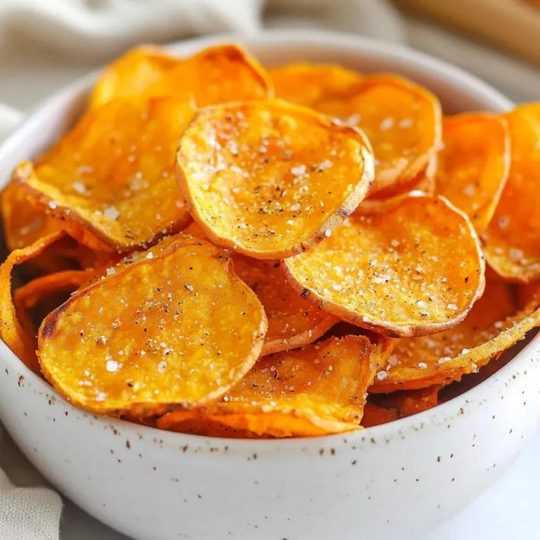 To make tasty air fryer sweet potato chips, gather these items: - 2 medium sweet potatoes - 2 tablespoons olive oil - 1 teaspoon garlic powder - 1 teaspoon paprika - 1/2 teaspoon cumin - Salt and pepper to taste You can mix up the flavors of your sweet potato chips. Here are some fun ideas: - Add chili powder for heat. - Sprinkle cinnamon for a sweet treat. - Try rosemary for a herb twist. - Use nutritional yeast for a cheesy flavor. These chips taste great on their own or with dips. Here are some yummy pairings: - Serve with hummus for a creamy dip. - Pair with avocado dip for a fresh taste. - Enjoy with salsa for a zesty kick. - Try them with yogurt sauce for coolness. These options make your chips even more fun. Enjoy exploring different flavors! {{ingredient_image_1}} Start by washing your sweet potatoes well under cool water. This removes dirt and grit. Next, peel the sweet potatoes using a good peeler. Aim for thin slices, about 1/8 inch thick. You can use a mandoline for even slices or a sharp knife if you prefer. Even thickness helps them cook evenly. Soaking the sweet potato slices is key for crispiness. Place the sliced potatoes in a bowl of cold water. Let them soak for about 30 minutes. This step helps remove extra starch, which can make them soggy. After soaking, drain the slices and pat them dry with a kitchen towel. The drier they are, the crispier they will get. Next, preheat your air fryer to 350°F (175°C). This step ensures the chips cook evenly. Once hot, arrange the sweet potato slices in a single layer in the basket. Avoid overcrowding, or they won’t crisp up well. Air fry them for about 12 to 15 minutes. Shake the basket halfway through cooking for even crispiness. Keep an eye on them towards the end. You want them nice and crunchy, but not burnt. Once done, let them cool slightly. They will continue to crisp up as they cool. Enjoy your crunchy snack delight! To make the best sweet potato chips, slice them thin. Aim for 1/8 inch thick slices. Use a mandoline for even cuts. Soaking the slices in cold water helps. This step removes extra starch. After soaking, dry the slices well. Moisture makes chips soggy. Toss them in olive oil. Ensure each slice gets a light coat. Air fry them in a single layer. This allows hot air to reach all sides. Shake the basket halfway through cooking. This helps them crisp evenly. One common mistake is slicing too thick. Thicker slices will not become crispy. Another mistake is overcrowding the air fryer. Give the chips space to cook well. If you skip soaking, your chips may turn out chewy. Not drying the slices enough leads to soggy chips. Always keep an eye on the cooking time. Each air fryer may work a bit differently. You can adjust the time for your taste. To boost flavor, add seasonings before air frying. Garlic powder, paprika, and cumin work well together. You can also try other spices. Chili powder adds heat, while cinnamon adds sweetness. Experiment with your favorites. Serve the chips with dips like hummus or avocado. You can also garnish with fresh herbs. This makes your dish more colorful and tasty. Enjoy your crunchy snack delight! Pro Tips Slice Evenly: Ensure sweet potato slices are uniform in thickness to promote even cooking and crispiness. Soaking is Key: Soaking the sweet potato slices for 30 minutes helps remove excess starch, leading to crispier chips. Don’t Overcrowd: Arrange the slices in a single layer in the air fryer basket to allow hot air to circulate freely for optimal crisping. Watch the Timing: Keep an eye on the chips towards the end of the cooking time to ensure they reach your desired level of crispiness. {{image_2}} You can change the flavor of your sweet potato chips easily. Try different seasonings! Here are some tasty options: - Cinnamon and sugar for a sweet twist. - Chili powder and lime for a spicy kick. - Italian herbs like oregano and basil for a savory blend. Mix and match these flavors to find your favorite! Sweet potatoes are great, but other veggies work too! Try these: - Beets for a sweet and earthy flavor. - Zucchini for a mild and fresh taste. - Carrots for a crunchy and sweet bite. Slice them thin and follow the same steps. You can choose sweet or savory snacks. Sweet options include cinnamon and sugar. Savory options can have garlic powder and paprika. You can also mix sweet and savory! Try a little maple syrup with chili powder for a fun combo. Your taste buds will love the variety! To keep your sweet potato chips fresh, let them cool completely. Then, place them in a container. You can keep them at room temperature for up to two days. If you want to keep them longer, store them in the fridge. They will stay good for about a week in the fridge. Just remember, these chips are best eaten fresh! When you're ready to enjoy your leftover chips, reheat them to get that crunch back. The air fryer is the best choice for this. Set it to 350°F (175°C) and heat the chips for about 3 to 5 minutes. This will help restore their crispy texture. You can also use an oven as an option. Just spread the chips on a baking sheet and heat at the same temperature. For storing your chips, use airtight containers. Glass jars work well, but plastic containers are fine too. Make sure they are sealed tightly. If you want to avoid moisture, you can add a paper towel inside. This helps keep the chips crisp and tasty. Avoid using bags, as they may not keep the chips fresh for long. You can use frozen sweet potatoes, but fresh is best. Frozen slices may lack crunch. If you choose frozen, thaw them first. Pat them dry after thawing. This step helps remove excess moisture. I recommend using orange-fleshed sweet potatoes. They are sweet and creamy. Look for firm potatoes with smooth skin. Avoid any with bruises or soft spots. These qualities help make the best chips. Let the chips cool before storing. Use an airtight container for storage. They will stay fresh for about three days. Keep them in a cool, dry place. For longer storage, freeze them in a freezer-safe bag. In this post, we explored how to make tasty sweet potato chips in an air fryer. We covered ingredients, detailed steps, and tips for perfect crispiness. You learned about seasoning options and how to store leftovers. Making these chips is simple and fun, and you can easily customize them. As you try different variations, remember that experimentation leads to your best snack. Enjoy your tasty, homemade chips anytime!