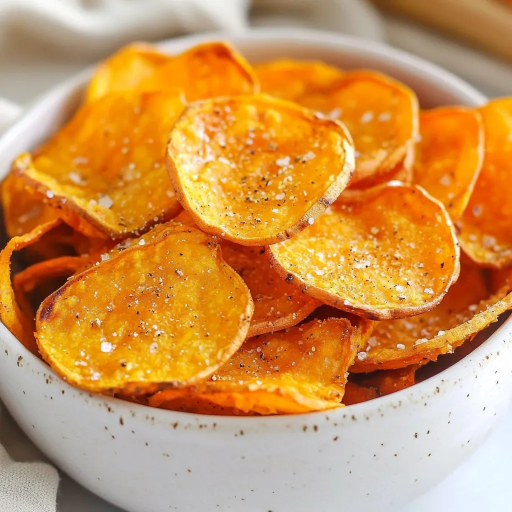 To make tasty air fryer sweet potato chips, gather these items: - 2 medium sweet potatoes - 2 tablespoons olive oil - 1 teaspoon garlic powder - 1 teaspoon paprika - 1/2 teaspoon cumin - Salt and pepper to taste You can mix up the flavors of your sweet potato chips. Here are some fun ideas: - Add chili powder for heat. - Sprinkle cinnamon for a sweet treat. - Try rosemary for a herb twist. - Use nutritional yeast for a cheesy flavor. These chips taste great on their own or with dips. Here are some yummy pairings: - Serve with hummus for a creamy dip. - Pair with avocado dip for a fresh taste. - Enjoy with salsa for a zesty kick. - Try them with yogurt sauce for coolness. These options make your chips even more fun. Enjoy exploring different flavors! {{ingredient_image_1}} Start by washing your sweet potatoes well under cool water. This removes dirt and grit. Next, peel the sweet potatoes using a good peeler. Aim for thin slices, about 1/8 inch thick. You can use a mandoline for even slices or a sharp knife if you prefer. Even thickness helps them cook evenly. Soaking the sweet potato slices is key for crispiness. Place the sliced potatoes in a bowl of cold water. Let them soak for about 30 minutes. This step helps remove extra starch, which can make them soggy. After soaking, drain the slices and pat them dry with a kitchen towel. The drier they are, the crispier they will get. Next, preheat your air fryer to 350°F (175°C). This step ensures the chips cook evenly. Once hot, arrange the sweet potato slices in a single layer in the basket. Avoid overcrowding, or they won’t crisp up well. Air fry them for about 12 to 15 minutes. Shake the basket halfway through cooking for even crispiness. Keep an eye on them towards the end. You want them nice and crunchy, but not burnt. Once done, let them cool slightly. They will continue to crisp up as they cool. Enjoy your crunchy snack delight! To make the best sweet potato chips, slice them thin. Aim for 1/8 inch thick slices. Use a mandoline for even cuts. Soaking the slices in cold water helps. This step removes extra starch. After soaking, dry the slices well. Moisture makes chips soggy. Toss them in olive oil. Ensure each slice gets a light coat. Air fry them in a single layer. This allows hot air to reach all sides. Shake the basket halfway through cooking. This helps them crisp evenly. One common mistake is slicing too thick. Thicker slices will not become crispy. Another mistake is overcrowding the air fryer. Give the chips space to cook well. If you skip soaking, your chips may turn out chewy. Not drying the slices enough leads to soggy chips. Always keep an eye on the cooking time. Each air fryer may work a bit differently. You can adjust the time for your taste. To boost flavor, add seasonings before air frying. Garlic powder, paprika, and cumin work well together. You can also try other spices. Chili powder adds heat, while cinnamon adds sweetness. Experiment with your favorites. Serve the chips with dips like hummus or avocado. You can also garnish with fresh herbs. This makes your dish more colorful and tasty. Enjoy your crunchy snack delight! Pro Tips Slice Evenly: Ensure sweet potato slices are uniform in thickness to promote even cooking and crispiness. Soaking is Key: Soaking the sweet potato slices for 30 minutes helps remove excess starch, leading to crispier chips. Don’t Overcrowd: Arrange the slices in a single layer in the air fryer basket to allow hot air to circulate freely for optimal crisping. Watch the Timing: Keep an eye on the chips towards the end of the cooking time to ensure they reach your desired level of crispiness. {{image_2}} You can change the flavor of your sweet potato chips easily. Try different seasonings! Here are some tasty options: - Cinnamon and sugar for a sweet twist. - Chili powder and lime for a spicy kick. - Italian herbs like oregano and basil for a savory blend. Mix and match these flavors to find your favorite! Sweet potatoes are great, but other veggies work too! Try these: - Beets for a sweet and earthy flavor. - Zucchini for a mild and fresh taste. - Carrots for a crunchy and sweet bite. Slice them thin and follow the same steps. You can choose sweet or savory snacks. Sweet options include cinnamon and sugar. Savory options can have garlic powder and paprika. You can also mix sweet and savory! Try a little maple syrup with chili powder for a fun combo. Your taste buds will love the variety! To keep your sweet potato chips fresh, let them cool completely. Then, place them in a container. You can keep them at room temperature for up to two days. If you want to keep them longer, store them in the fridge. They will stay good for about a week in the fridge. Just remember, these chips are best eaten fresh! When you're ready to enjoy your leftover chips, reheat them to get that crunch back. The air fryer is the best choice for this. Set it to 350°F (175°C) and heat the chips for about 3 to 5 minutes. This will help restore their crispy texture. You can also use an oven as an option. Just spread the chips on a baking sheet and heat at the same temperature. For storing your chips, use airtight containers. Glass jars work well, but plastic containers are fine too. Make sure they are sealed tightly. If you want to avoid moisture, you can add a paper towel inside. This helps keep the chips crisp and tasty. Avoid using bags, as they may not keep the chips fresh for long. You can use frozen sweet potatoes, but fresh is best. Frozen slices may lack crunch. If you choose frozen, thaw them first. Pat them dry after thawing. This step helps remove excess moisture. I recommend using orange-fleshed sweet potatoes. They are sweet and creamy. Look for firm potatoes with smooth skin. Avoid any with bruises or soft spots. These qualities help make the best chips. Let the chips cool before storing. Use an airtight container for storage. They will stay fresh for about three days. Keep them in a cool, dry place. For longer storage, freeze them in a freezer-safe bag. In this post, we explored how to make tasty sweet potato chips in an air fryer. We covered ingredients, detailed steps, and tips for perfect crispiness. You learned about seasoning options and how to store leftovers. Making these chips is simple and fun, and you can easily customize them. As you try different variations, remember that experimentation leads to your best snack. Enjoy your tasty, homemade chips anytime!