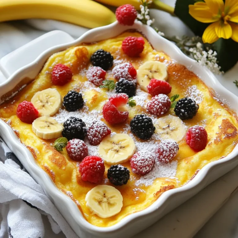 - 4 large eggs - 1 cup whole milk - 1 cup all-purpose flour - 1 teaspoon vanilla extract - 1/2 teaspoon salt - 1/4 cup unsalted butter - Powdered sugar for dusting - Fresh fruits (such as berries or sliced bananas) - Maple syrup for serving Gathering fresh ingredients makes a big difference. Start with four large eggs. They provide the base for our fluffy pancake. Next, grab one cup of whole milk. This adds creamy richness. You also need one cup of all-purpose flour. It gives structure and helps the pancake rise. Don’t forget one teaspoon of vanilla extract. It adds a sweet, warm flavor that makes everything better. Now, let’s talk about a few more ingredients. You need half a teaspoon of salt. It enhances all the flavors, so don’t skip it. Then, use a quarter cup of unsalted butter. We’ll melt this for a rich, buttery taste. Finally, have some powdered sugar on hand. This will dust the pancake before serving. It adds a nice touch and looks beautiful. For toppings, fresh fruits are a must. Berries or sliced bananas work great. A drizzle of maple syrup adds sweetness and pairs well with the pancake. {{ingredient_image_1}} Preheating the Oven First, preheat your oven to 425°F (220°C). While the oven heats, place a 9x13 inch baking dish or an oven-safe skillet inside. This will make the dish hot and perfect for baking. Mixing the Ingredients Next, grab a mixing bowl. In it, whisk together these ingredients: - 4 large eggs - 1 cup whole milk - 1 cup all-purpose flour - 1 teaspoon vanilla extract - 1/2 teaspoon salt Mix until your batter is smooth. Make sure there are no lumps. Set this bowl aside for now. Using the Hot Baking Dish Carefully take the hot baking dish or skillet out of the oven. Use oven mitts to keep your hands safe. Add 1/4 cup of unsalted butter to the dish. Swirl it around to melt it. You want it bubbly and hot. Pouring the Batter Now, pour the batter into the hot, buttered dish. Be quick! Then, return it to the oven right away. Baking Time and Checking Doneness Bake your pancake for 20-25 minutes. Look for it to puff up and turn golden brown at the edges. Do not open the oven door during this time. Opening the door can make your pancake fall flat. Dusting with Powdered Sugar Once the pancake is done, take it out and let it cool for a bit. Dust it generously with powdered sugar. This adds a sweet touch and makes it look lovely! - Ensuring the Perfect Puff To get that fluffy rise, use a hot baking dish. Preheat it in the oven while you mix the batter. When you pour the batter into the hot dish, it starts cooking right away. This helps the pancake puff up perfectly. - Avoiding Oven Door Openings During Baking Keep the oven door closed while the pancake bakes. Opening the door lets heat escape. This can cause the pancake to sink. Set a timer and resist the urge to peek! - Presentation Ideas for Brunch Serve this pancake right from the baking dish. It looks rustic and inviting. You can also plate slices with a sprinkle of powdered sugar. Add fresh fruits for color and fun! - Enhancing Flavors with Seasonal Fruits Top your pancake with seasonal fruits like berries or sliced bananas. These add sweetness and a pop of color. Drizzle some maple syrup on top for extra flavor. - Overmixing the Batter Mix the batter just until combined. If you mix too much, the pancake will be dense. A few lumps are okay; they will bake out. - Using a Cold Baking Dish Avoid using a cold dish. It won’t allow the batter to puff up. Always preheat your baking dish for the best results. Pro Tips Use Room Temperature Ingredients: Ensure your eggs and milk are at room temperature for a smoother batter and better rise. Don’t Open the Oven: Avoid opening the oven door while baking, as it can cause the pancake to deflate. Experiment with Toppings: Get creative with toppings; try different fruits, flavored syrups, or even a dollop of yogurt for variety. Keep an Eye on Baking Time: Every oven is different; start checking the pancake at the 20-minute mark for doneness. {{image_2}} You can easily change the flavor of your German oven pancake. Here are a few ideas: - Adding Spices: A dash of cinnamon or nutmeg can warm up your pancake. Just add about 1/2 teaspoon of your chosen spice to the batter. This will give it a cozy, festive taste. - Using Different Extracts: Want a unique twist? Swap out vanilla extract for almond or coconut extract. Just one teaspoon can change the whole flavor. Almond adds a nutty taste, while coconut brings a tropical vibe. You can make this pancake fit different diets. Here are some options: - Gluten-Free Options: Use gluten-free flour in place of all-purpose flour. Brands like almond flour or coconut flour work well. Just make sure to adjust the amount since they absorb liquid differently. - Dairy-Free Substitutes: Replace whole milk with almond milk or oat milk. Use coconut oil instead of butter for a dairy-free version. This keeps the pancake tasty and fluffy. Toppings can take your pancake to the next level. Here are some delicious ideas: - Yogurt or Whipped Cream: Instead of syrup, try a dollop of yogurt or whipped cream on top. They add creaminess and balance the sweetness. - Different Syrups: Maple syrup is classic, but you can switch it up! Try chocolate syrup or a fruit syrup, like strawberry or raspberry. These add fun flavors and colors to your dish. To keep your leftover Fluffy German Oven Pancake fresh, store it in the fridge. Place slices in an airtight container. You can also cover it tightly with plastic wrap. This helps keep moisture in and prevents it from drying out. You can keep it in the fridge for up to three days. After this, it may lose some of its fluffiness and flavor. When it's time to enjoy your leftovers, reheating is key. The best way to reheat the pancake is in the oven. Preheat your oven to 350°F (175°C). Place slices on a baking sheet. Heat for about 10 minutes, or until warm. To keep the pancake fluffy, cover it with foil. This helps trap steam, so it won’t dry out while reheating. If you want to save some pancake for later, freezing is a great choice. Let the pancake cool completely before freezing. Slice it into portions. Wrap each slice tightly in plastic wrap. Then, place them in a freezer-safe bag or container. You can freeze it for up to two months. When you are ready to eat, take a slice out and let it thaw in the fridge overnight. To reheat, follow the same method as before. Enjoy your fluffy treat even after freezing! A German oven pancake, also known as a Dutch baby, is a fluffy dish baked in the oven. Its origins trace back to Germany, where it became popular in the U.S. in the 1900s. This pancake puffs up high while baking, creating a light and airy texture. It has a crispy edge and a soft center. Traditionally, people serve it with powdered sugar and fresh fruits. It is a delightful breakfast or brunch option. You can prepare the pancake batter ahead of time, but it is best baked fresh. If you mix the batter in advance, store it in the fridge for up to 2 hours. When ready, preheat your oven and bake as directed. Baking it fresh ensures the pancake puffs up perfectly. The flavor and texture are best enjoyed right after baking. If you need a non-dairy option, many substitutes work well. Almond milk, oat milk, and soy milk are great choices. You can use any of these in equal amounts. Each will add a slightly different flavor, but all will yield a delicious pancake. Just ensure the milk you choose is unsweetened for the best results. This blog post explored how to make a delicious German oven pancake. We covered the key ingredients, like eggs and milk, and provided step-by-step instructions for perfect results. I shared tips to avoid common mistakes and ways to customize your pancake with different flavors and toppings. Remember, a tasty pancake can impress guests at brunch or satisfy your own cravings. Enjoy experimenting with flavors and don’t forget to store leftovers properly for later enjoyment! Happy cooking!