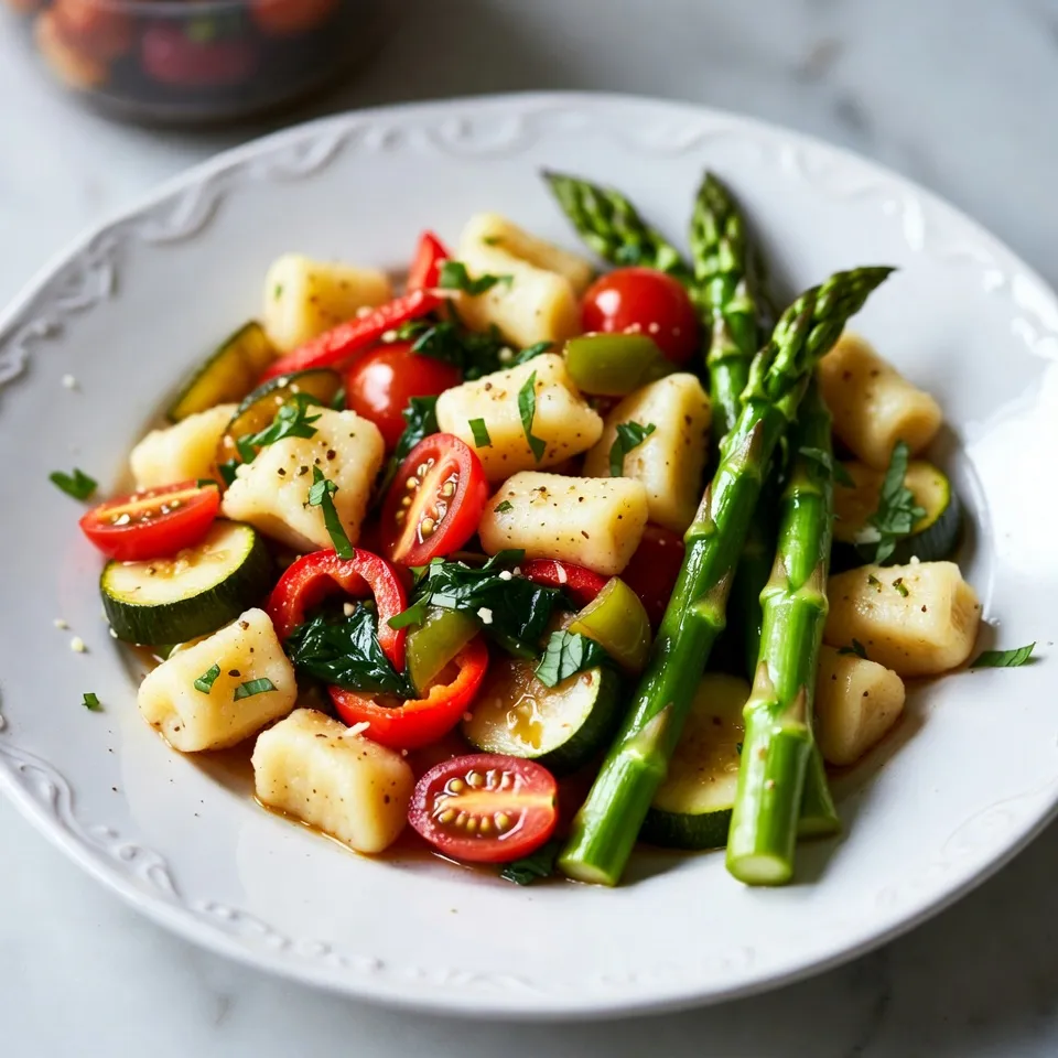 To make One-Pan Gnocchi Primavera, you will need the following ingredients: - 1 package (16 oz) potato gnocchi - 1 cup cherry tomatoes, halved - 1 bell pepper (red or yellow), chopped - 1 zucchini, sliced - 1 cup asparagus, cut into 2-inch pieces - 1 cup baby spinach - 3 cloves garlic, minced - 2 tablespoons olive oil - 1 teaspoon Italian seasoning - Salt and pepper to taste - 1/4 cup grated Parmesan cheese (optional) - Fresh basil leaves for garnish You can use fresh or frozen gnocchi. Fresh gnocchi cooks faster and has a nice texture. It often tastes better too. Frozen gnocchi is great if you want to save time. It can be stored longer and is easy to find. Just remember to cook it a bit longer. Check the package for cooking times. Using seasonal veggies makes this dish bright and tasty. Look for fresh cherry tomatoes, bell peppers, zucchini, and asparagus. These vegetables add color and crunch. They also bring great flavors to the dish. You can mix in other veggies too. Try peas, carrots, or even broccoli. Seasonal veggies are often more flavorful and cheaper, so pick what's fresh! {{ingredient_image_1}} Start by heating two tablespoons of olive oil in a large skillet over medium heat. Add three minced garlic cloves and cook for about thirty seconds. You want the garlic to smell great but not burn. This step gives the dish a strong flavor base. Next, toss in one chopped bell pepper, one sliced zucchini, and one cup of asparagus cut into two-inch pieces. Sauté these veggies for five to seven minutes. Watch for them to become tender and bright in color. Then, add one cup of halved cherry tomatoes. Cook for another three minutes until these tomatoes soften up. This mix of vegetables adds color and nutrition to the dish. Carefully add one package of potato gnocchi to the skillet. Stir in one teaspoon of Italian seasoning, along with salt and pepper to taste. Pour in half a cup of water or vegetable broth to help the gnocchi cook. Cover the skillet with a lid and let it simmer for about five minutes. This steamy process makes the gnocchi light and fluffy. After that, remove the lid and stir in one cup of baby spinach. The spinach will wilt quickly, adding a nice green touch. If you like, sprinkle a quarter cup of grated Parmesan cheese on top. This adds a rich, creamy taste. Taste your dish and adjust the seasoning if needed. Finally, garnish with fresh basil leaves before serving. Enjoy your colorful and tasty one-pan meal! To get the best gnocchi, choose fresh potato gnocchi instead of frozen. Fresh gnocchi cooks quickly and gives a light texture. If you use frozen, add a few more minutes to the cooking time. When cooking, stir gently to avoid breaking the gnocchi. Adding water or broth helps keep them fluffy and soft. For a burst of flavor, use fresh herbs like basil or parsley. You can also add lemon zest for a bright twist. Try mixing in some red pepper flakes for heat. If you love cheese, a sprinkle of grated Parmesan adds a rich taste. This dish is all about balance, so taste as you go! One common mistake is overcooking the veggies. They should be tender but still vibrant. If you add salt too early, it can draw out water and make your dish soggy. Always taste your dish before serving. Adjust seasoning at the end for the best flavor. Keep these tips in mind, and you’ll impress everyone with your One-Pan Gnocchi Primavera! Pro Tips Fresh Ingredients: Use fresh vegetables for the best flavor and texture. Seasonal produce will enhance the dish significantly. Cooking Gnocchi: Be careful not to overcook the gnocchi. They should be fluffy and tender, which usually takes about 5 minutes in the pan. Customize with Protein: For added protein, consider incorporating cooked chicken or chickpeas. This will make the dish more filling and nutritious. Serving Suggestions: Serve with extra grated Parmesan on the side and a drizzle of high-quality olive oil for an elevated presentation. {{image_2}} You can add protein to this dish for extra flavor. Chicken works well. Simply cook diced chicken in the skillet before adding the veggies. Sausage is another great choice. Slice it up and brown it in the pan. Both options make the meal heartier and more filling. To make this dish vegan, skip the cheese. You can use nutritional yeast instead for a cheesy taste. Also, check the gnocchi pack. Some brands use eggs, and you want vegan-friendly ones. Add more veggies like mushrooms or bell peppers to enhance the flavor. If you need gluten-free options, many brands offer gluten-free gnocchi. Look for those made from rice or corn. This way, you can enjoy the same taste without gluten. You can also add a touch more broth to keep it moist. To store your One-Pan Gnocchi Primavera, let it cool first. Transfer the dish into an airtight container. This helps keep it fresh. You can store it in the fridge for up to three days. Make sure to label the container with the date. This way, you can track how long it has been in there. When you're ready to eat leftovers, don't worry; reheating is easy. You can use a skillet on low heat. Just add a splash of water or broth to keep it moist. Stir occasionally until it's hot. You can also use the microwave. Place your portion in a microwave-safe dish. Heat it for one to two minutes, stirring halfway through. Check the temperature before eating. If you want to keep it longer, freezing works well. First, let the dish cool completely. Portion it into freezer-safe bags or containers. Remove as much air as possible before sealing. Label each bag with the date. You can freeze it for up to three months. When you're ready to eat, thaw it in the fridge overnight. Then, reheat as mentioned above. Enjoy your meal any time! Yes, you can use store-bought gnocchi. It saves time and effort. Many brands offer great-tasting gnocchi. Look for potato gnocchi for the best flavor. Just follow the cooking instructions on the package. This helps ensure it turns out soft and fluffy. To spice up this dish, add red pepper flakes. Start with a pinch and taste as you go. You can also use spicy Italian sausage instead of plain sausage. Another option is to add some sliced jalapeños. Be creative and adjust the spice level to your taste. You can add many different vegetables to this dish. Try using broccoli, carrots, or peas for more color and flavor. Bell peppers can be swapped for other colors like green or orange. Mushrooms also add a nice touch. Just remember to cook them until tender for the best taste. In this post, we explored the key ingredients for making gnocchi, including fresh versus frozen options and seasonal veggies. Next, I shared step-by-step instructions to help you prepare the dish easily. We covered tips to perfect texture, enhance flavor, and avoid mistakes. I also discussed variations, from protein options to vegan and gluten-free adjustments, as well as storage tips. Now you have the tools to create a tasty gnocchi dish. Enjoy experimenting with flavors and textures!