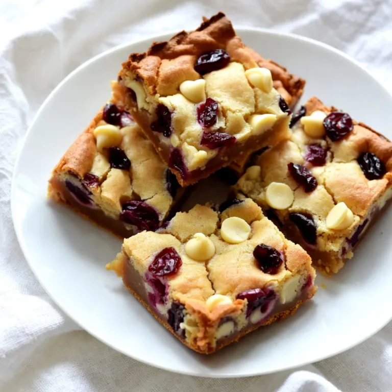 You need these simple items to make white chocolate cranberry blondies: - 1 cup unsalted butter, melted - 1 1/2 cups brown sugar, packed - 2 large eggs - 1 teaspoon vanilla extract - 2 cups all-purpose flour - 1 teaspoon baking powder - 1/2 teaspoon salt - 1 cup white chocolate chips - 1 cup dried cranberries - 1/2 cup chopped nuts (e.g., walnuts or pecans, optional) If you don't have some ingredients, here are a few easy swaps: - Butter: Use coconut oil or margarine for a dairy-free option. - Brown Sugar: White sugar or a sugar substitute can work, but they change the taste. - Eggs: Use flaxseed meal mixed with water for a vegan choice. - Flour: Almond or oat flour can replace all-purpose flour for gluten-free blondies. Add these items to change the flavor or texture: - Nuts: Add walnuts or pecans for a crunchy bite. - Spices: A dash of cinnamon or nutmeg can add warmth. - Fruits: Try dried cherries or apricots for a different fruit flavor. These ingredients make your blondies rich and sweet. Enjoy experimenting! {{ingredient_image_1}} First, preheat your oven to 350°F (175°C). This step is key for even baking. Next, grab a 9x13 inch baking pan. Grease it well and line it with parchment paper. Make sure to leave some paper hanging over the edges. This makes it easier to lift out the blondies later. In a large bowl, melt 1 cup of unsalted butter. Add 1 ½ cups of packed brown sugar and mix them well. Whisk until smooth. Then, crack in 2 large eggs, adding one at a time. Stir after each egg to blend it in. Now, add 1 teaspoon of vanilla extract for flavor. Your wet mix should look creamy and inviting. Take another bowl and mix together 2 cups of all-purpose flour, 1 teaspoon of baking powder, and ½ teaspoon of salt. It’s important to measure these accurately for the best results. Gradually add this dry mix to your wet ingredients. Stir gently until just combined. Avoid overmixing to keep your blondies soft. Now, fold in 1 cup of white chocolate chips and 1 cup of dried cranberries. If you like, add ½ cup of chopped nuts. Pour your beautiful batter into the prepared pan. Spread it evenly so it bakes nicely. Place it in the preheated oven and bake for 25-30 minutes. Keep an eye on the edges; they should turn golden brown. To check if they are done, insert a toothpick into the center. If it comes out clean, they are ready. Once baked, take them out and let them cool in the pan for about 10 minutes. Use the parchment paper to lift them out and put them on a wire rack to cool completely. Finally, cut them into squares and enjoy this sweet treat! To get that soft, chewy texture, do not overmix your batter. After adding the dry ingredients, stir just until combined. Overmixing can make your blondies tough. Also, use melted butter. It adds moisture and richness. Bake at 350°F for 25 to 30 minutes. The edges should turn golden brown. A toothpick should come out clean but moist from the center. This ensures a perfect, gooey middle. One common mistake is not measuring the flour correctly. Too much flour can dry out your blondies. Use a spoon to scoop flour into your measuring cup, then level it off. Another mistake is opening the oven door too soon. This can cause your blondies to sink. Wait until the baking time is almost up before checking. Finally, don’t forget to line your pan with parchment paper. This helps you remove the blondies easily. These blondies taste great warm or at room temperature. Serve them plain or dust with powdered sugar for a pretty touch. Pair them with a scoop of vanilla ice cream for a fun dessert. You can also serve them with a drizzle of caramel sauce. For a festive touch, add a sprinkle of sea salt on top. It enhances the sweet and tart flavors. Enjoy your delicious treat! Pro Tips Use Room Temperature Eggs: Allow your eggs to come to room temperature before adding them to the batter for better emulsification and a smoother texture. Don’t Overmix: Gently fold the dry ingredients into the wet mixture until just combined to ensure your blondies remain soft and chewy. Chill the Dough: If you have time, refrigerate the batter for about 30 minutes before baking. This helps to intensify the flavors and improve texture. Check for Doneness: Start checking your blondies a few minutes before the minimum baking time to prevent overbaking. They should be golden around the edges and slightly soft in the center. {{image_2}} Mix-ins can change the taste and feel of your blondies. You can add nuts like walnuts or pecans for crunch. Nuts give a nice texture and flavor. If you want more fruity bites, try adding other dried fruits. For example, dried cherries or apricots work well. You can also use a mix of nuts and fruits for more fun. This way, you make your blondies truly your own. Adding spices or extracts can bring new flavors to your blondies. You can try a pinch of cinnamon for warmth or a dash of nutmeg for depth. Vanilla extract is great, but you can also use almond extract for a twist. It adds a nutty flavor that pairs well with white chocolate. Experimenting with these flavors can help you create your perfect blondie. You can make these blondies fit different diets. To go gluten-free, swap all-purpose flour for a gluten-free blend. Make sure the blend has good texture and flavor. If you want vegan blondies, use flax eggs instead of regular eggs. Mix one tablespoon of flaxseed meal with three tablespoons of water. Let it sit for a few minutes to thicken. Replace the butter with coconut oil or vegan butter. These adjustments keep the blondies tasty while meeting your needs. To keep your white chocolate cranberry blondies fresh, store them in an airtight container. This helps keep them moist. Place a piece of parchment paper between layers to avoid sticking. They stay good at room temperature for about 3 days. If you want them to last longer, refrigerate them for up to a week. Freezing blondies is easy. First, let them cool completely. Then, cut them into squares. Wrap each square tightly in plastic wrap. Place the wrapped blondies in a freezer bag or an airtight container. They can stay frozen for up to 3 months. When you're ready to enjoy them, just thaw them at room temperature or in the fridge overnight. To reheat blondies, use the microwave for quick results. Place one square on a microwave-safe plate. Heat it for about 10-15 seconds. If you want them warm but not too hot, check after 10 seconds. You can also reheat them in the oven. Preheat the oven to 350°F (175°C). Place the blondies on a baking sheet for about 5-10 minutes. This method helps keep them soft and delicious. Blondies and brownies both use similar ingredients. However, blondies do not have cocoa. Blondies are sweet and buttery. They often have brown sugar, which gives them a rich flavor. Brownies are denser and chocolatey. They use cocoa or melted chocolate. So, if you want a sweet treat without chocolate, blondies are perfect! Yes, you can use other types of chocolate! If you want a twist, try dark chocolate or milk chocolate. You can also mix them. For example, add some dark chocolate chips with the white chocolate. This mix gives a rich flavor. Just remember, the sweetness level can change. Adjust the sugar if you use dark chocolate. To check if blondies are done, look at the edges. They should be golden brown. You can also use a toothpick. Insert it into the center. If it comes out clean, they are ready! If it has wet batter, bake for a few more minutes. Let them cool after baking. Enjoy the delicious taste! This guide covers everything you need for perfect blondies. We looked at key ingredients, substitutions, and add-ins. I shared step-by-step baking instructions and helpful tips to avoid common mistakes. You can also explore variations to suit your taste or diet. Lastly, I included storage tips for freshness. With all this, you can bake with confidence and enjoy delightful blondies whenever you want. Happy baking!