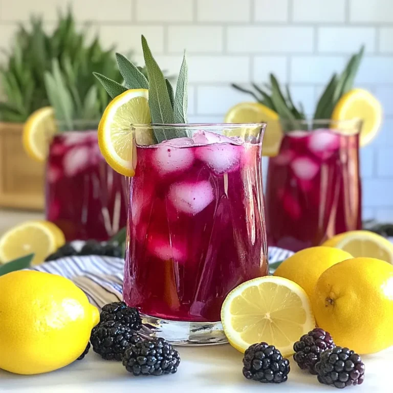 - 1 cup fresh blackberries - 1/4 cup fresh sage leaves, chopped - 1 cup granulated sugar - 1 cup freshly squeezed lemon juice - 4 cups cold water - Ice cubes, lemon slices, and extra sage for garnish Gathering the right ingredients sets the stage for your Blackberry Sage Lemonade. Fresh blackberries bring a sweet and tangy flavor. I love using only the ripest ones, as they add the best taste. Chop up some fresh sage leaves. This herb adds an earthy note that pairs so well with the sweet and sour mix. Next, you need pantry staples. Grab some granulated sugar. This sugar helps balance the tartness of the lemon. You will also need freshly squeezed lemon juice, about five to six lemons. Fresh juice gives the drink a bright, zesty kick that bottled juice cannot match. Now, let’s not forget the additional components. Cold water helps blend all the flavors. You want it chilled to make the drink refreshing. Ice cubes are a must for serving. They keep the drink cold and inviting. Finally, have lemon slices and extra sage ready for garnish. They add a touch of beauty and a hint of aroma to each glass. With these ingredients, you are ready to make a delightful drink that will cool you off this summer. {{ingredient_image_1}} To start, grab a medium saucepan. In it, combine 1 cup fresh blackberries, 1/4 cup fresh sage leaves (chopped), and 1 cup granulated sugar. This mixture forms the base of our syrup. Now, add 1 cup of water to the saucepan. Heat the mixture over medium heat. Stir until the sugar dissolves. This step takes about 5-7 minutes. As you heat it, the blackberries will release their juices. You'll see the beautiful color start to form. Once the sugar dissolves, remove the saucepan from heat. Allow the mixture to steep for 10 minutes. This time lets the sage flavor infuse into the syrup. After steeping, grab a fine mesh sieve. Strain the blackberry-sage syrup into a pitcher. Press the solids to extract as much liquid as you can. Discard the solids. Next, it’s time to add flavor! Pour in 1 cup of freshly squeezed lemon juice and the remaining 3 cups of cold water into the pitcher. Stir well to combine everything. Taste your mixture; if it needs more sweetness, add a touch more sugar or water. Now, chill the lemonade in the refrigerator for at least 1 hour. This cooling step is key for a refreshing drink. When it's time to serve, fill glasses with ice cubes. Pour the blackberry sage lemonade over the ice. For a lovely touch, garnish with lemon slices and a sprig of fresh sage. Enjoy your summer drink! To adjust the sweetness of your blackberry sage lemonade, start by tasting it after mixing. If it’s too tart, add more sugar. You can also use honey, agave, or maple syrup as sweeteners. These alternatives can give your drink a unique taste. Remember to dissolve these sweeteners in warm water first for the best results. I love serving this drink in clear glassware. It shows off the deep purple color of the lemonade. Use tall glasses for a fun look. For a snack, try pairing the lemonade with light bites like crackers and cheese or fresh fruit. These snacks balance the tartness of the drink. You can make blackberry sage lemonade up to two days ahead. Just store it in the fridge. To keep it fresh, cover the pitcher tightly. Before serving, give it a quick stir to mix in any settled flavors. Make sure to add ice only to the glasses, not the pitcher, to avoid dilution. Pro Tips Choose Ripe Blackberries: Look for plump, deep purple blackberries for the best flavor. Overripe or underripe berries can affect the sweetness and overall taste of your lemonade. Fresh Sage Matters: Use fresh sage leaves instead of dried for a more vibrant and aromatic infusion. The freshness will enhance the overall flavor profile of the drink. Chill Before Serving: Allow the lemonade to chill in the refrigerator for at least an hour. This not only enhances the flavor but also ensures that it's refreshing when served cold. Experiment with Sweetness: Adjust the sugar to your taste preference. You can substitute with honey or agave syrup for a different sweetness profile that complements the blackberry and sage. {{image_2}} You can make your blackberry sage lemonade even better by adding other fruits. Try mixing in raspberries, blueberries, or strawberries. Each fruit adds a new layer of flavor. You can also use seasonal fruits. In summer, peaches or watermelon work great. In fall, add apples or pears. These fruits not only taste good but also make your drink look colorful. Don't stop at sage! You can try other herbs for fun. Mint adds a cool touch, while rosemary gives a strong flavor. Thyme is also a great choice for a unique twist. You can mix different herbs together. Just remember to use small amounts to keep the taste balanced. This makes your drink special and exciting. Want to spice up your lemonade? You can turn it into a cocktail! Adding vodka gives it a smooth kick. If you prefer rum, that works well too. For a more tropical flavor, try coconut rum. Just remember to mix well and taste as you go. This way, you can enjoy a refreshing drink with a twist. Store leftover blackberry sage lemonade in a clean, airtight container. Glass jars work best to keep flavors fresh. I recommend using a pitcher with a lid if you have one. This helps keep the lemonade crisp and tasty. In the refrigerator, the lemonade lasts about 5 to 7 days. You’ll know it has spoiled if it starts to smell off or looks cloudy. If you see mold or separation, it’s time to toss it out. Always check before you sip! Blackberry sage lemonade is a refreshing drink that mixes sweet blackberries and herbal sage. It has a bright, tangy taste thanks to fresh lemon juice. The drink's base is a syrup made from blackberries, sage, and sugar, which gives it a rich flavor. You combine this syrup with cold water to create a delightful beverage. This drink is perfect for hot summer days and can be enjoyed by anyone looking for a tasty treat. Yes, you can use frozen blackberries. They work well in this recipe. Just remember, frozen berries may be more watery. This can change the texture of your drink slightly. When you cook them, they will release juices just like fresh blackberries. If you use frozen ones, you might want to strain the syrup a bit longer. This way, you get a smooth drink with no bits of fruit. To make blackberry sage lemonade vegan, you can replace the sugar with a vegan alternative. Try using agave syrup or maple syrup instead. These options add sweetness without using refined sugar. Just make sure to adjust the amount based on your taste. You can also check other ingredients like the lemon juice to ensure they are vegan-friendly. This way, you can enjoy this drink while sticking to a plant-based diet. This blog post guides you in making refreshing blackberry-sage lemonade. You learned about the fresh and pantry ingredients needed, along with step-by-step instructions. We shared tips for adjusting sweetness and serving suggestions. You can also experiment with variations, from fruit infusions to cocktails. Consider preparing in advance for gatherings. Store any leftovers properly so they stay fresh. Enjoy your homemade lemonade, and have fun exploring new flavors. Making this drink is simple and rewarding.