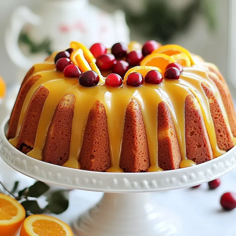 To make this tasty cake, gather these main ingredients: - 2 cups all-purpose flour - 1 ½ cups fresh cranberries, roughly chopped - 1 cup granulated sugar - ½ cup unsalted butter, softened - ½ cup Greek yogurt - 3 large eggs - 1 tablespoon orange zest - ½ cup freshly squeezed orange juice - 1 teaspoon baking powder - ½ teaspoon baking soda - ½ teaspoon salt - 1 teaspoon vanilla extract These ingredients create a perfect blend. The fresh cranberries add tartness. The orange zest and juice bring bright flavors. For a sweet glaze, you will need: - 1 cup powdered sugar - 2 tablespoons orange juice - 1 teaspoon orange zest This glaze adds a nice, glossy finish. The orange juice makes it tangy and sweet. To make your cake look special, consider these garnishes: - Whole cranberries - Slices of fresh orange These garnishes enhance the cake's look. They also add a fresh touch to each slice. {{ingredient_image_1}} Start by gathering your ingredients. You need: - 2 cups all-purpose flour - 1 ½ cups fresh cranberries, roughly chopped - 1 cup granulated sugar - ½ cup unsalted butter, softened - ½ cup Greek yogurt - 3 large eggs - 1 tablespoon orange zest - ½ cup freshly squeezed orange juice - 1 teaspoon baking powder - ½ teaspoon baking soda - ½ teaspoon salt - 1 teaspoon vanilla extract Next, preheat your oven to 350°F (175°C). Grease your bundt pan well with butter or non-stick spray. This helps the cake slide out easily later. In a large bowl, cream the softened butter and sugar together until it looks light and fluffy. This should take about two minutes. Add the eggs one at a time. Make sure to mix well after each addition. Then, stir in the Greek yogurt, orange zest, and vanilla extract. Mix until everything is smooth and combined. In a separate bowl, whisk together the flour, baking powder, baking soda, and salt. Gradually add this dry mix to the wet mix. Alternate with the orange juice, starting and ending with the flour mix. Stir just until you see no dry flour. Finally, fold in the chopped cranberries. Be gentle; you want to keep the cranberries intact. Pour the batter into your greased bundt pan. Smooth the top using a spatula. Then, place it in the oven. Bake for 50 to 60 minutes. To check if it’s done, insert a toothpick into the center. If it comes out clean, your cake is ready. Once baked, take the cake out of the oven. Let it cool in the pan for 10 to 15 minutes. This step is key; it helps the cake set. After that, flip it onto a wire rack to cool completely. To make the glaze, you will need: - 1 cup powdered sugar - 2 tablespoons orange juice - 1 teaspoon orange zest In a bowl, mix the powdered sugar, orange juice, and orange zest. Whisk until it’s smooth. Once your cake is cool, drizzle the glaze over the top. Let it drip down the sides for a lovely finish. Enjoy your beautiful cranberry orange bundt cake! To keep your cranberry orange bundt cake moist, use fresh cranberries. They add juice and flavor. Greek yogurt is also key. It gives the cake a rich texture. Make sure not to overmix the batter. Mix just until the dry ingredients blend in. This helps keep the cake tender. Greasing the bundt pan well is vital. Use softened butter or non-stick spray. Cover every corner and crevice. A light dusting of flour can help too. After greasing, tap the pan upside down to remove excess flour. This way, the cake releases easily after baking. For a lovely presentation, place the cake on a cake stand. Drizzle the orange glaze over the top. Add whole cranberries and orange slices around the base. This adds color and charm. Pair each slice with a dollop of whipped cream or a scoop of vanilla ice cream. It makes the cake even more delicious and fun! Pro Tips Use Fresh Cranberries: Fresh cranberries provide a tart flavor that complements the sweetness of the cake. If using frozen, ensure they are thawed and drained well to avoid excess moisture. Room Temperature Ingredients: Make sure your eggs and butter are at room temperature for better emulsification, resulting in a lighter and fluffier cake. Don't Overmix: When combining the wet and dry ingredients, mix just until combined. Overmixing can lead to a dense cake texture. Glaze Variations: Feel free to experiment with the glaze by adding a splash of vanilla or almond extract for a unique flavor twist that pairs well with the cranberries and orange. {{image_2}} You can easily swap some ingredients in this cake. If you don’t have Greek yogurt, use sour cream instead. It keeps the cake moist and adds a tangy flavor. For a gluten-free option, replace all-purpose flour with a gluten-free blend. Just make sure it has a good binding agent. You can also use coconut sugar or honey if you want a different sweetness. Each choice will give your cake a unique twist. Change flavors with the seasons. In spring, add lemon zest for a fresh taste. In summer, use berries like blueberries or raspberries along with cranberries. Fall is perfect for adding spices like cinnamon or nutmeg. For winter, consider adding chopped nuts for extra crunch and warmth. Each season brings a new chance to enjoy this cake in a different way. Boost the flavor with some easy enhancements. Add a splash of almond extract for a nutty touch. You can also mix in some chopped walnuts or pecans for added texture. For a citrus twist, try adding a bit of lime zest along with the orange. If you love chocolate, fold in some mini chocolate chips. These small changes can make your Cranberry Orange Bundt Cake truly special. To keep your cake fresh, wrap it tightly in plastic wrap. You can also place it in an airtight container. Store it at room temperature for up to three days. If you want to keep it longer, consider freezing it. To freeze the cake, first let it cool completely. Then, wrap it well in plastic wrap and foil. This method keeps the cake moist. You can freeze it for up to three months. When you're ready to enjoy it, simply thaw it in the fridge overnight. If you want to warm up the cake, preheat your oven to 350°F (175°C). Place slices on a baking sheet. Heat them for about 10 minutes. This will bring back the cake's soft texture. You can also microwave individual slices for about 15 seconds. Enjoy your cake warm with that lovely glaze! Yes, you can use frozen cranberries. Just make sure to thaw and drain them first. This step helps avoid extra moisture in the batter. Frozen berries may be softer, but they still taste great in the cake. You can check if the cake is done by using a toothpick. Insert it into the center of the cake. If it comes out clean or with just a few crumbs, the cake is ready. If it has wet batter on it, bake for a few more minutes. If you don’t have Greek yogurt, you can use sour cream. This will keep the cake moist. You can also use plain yogurt, but it may make the cake slightly less rich. The cake will stay fresh at room temperature for about 3 to 4 days. Make sure to cover it to keep it moist. If you want to keep it longer, consider refrigerating it. We explored the key items needed for your cranberry orange Bundt cake, including glaze ingredients and garnishes. I shared easy steps for preparation, baking, and making the glaze. You learned tips for a moist cake and best practices for greasing. We also discussed fun variations, storage tips, and answered common questions. This cake is not just tasty; it's fun to make. Your friends and family will love it! Now, gather your ingredients and start baking today. Enjoy every bite!