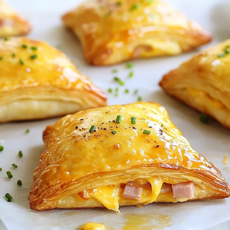 To make these tasty ham and cheese puff pastry pockets, you will need: - 1 sheet of puff pastry (thawed) - 1 cup cooked ham, diced - 1 cup shredded sharp cheddar cheese - 1/2 cup cream cheese, softened - 1 tablespoon Dijon mustard - 1 egg (beaten) - 1 tablespoon fresh chives, chopped (optional) - Salt and pepper to taste These ingredients come together to create a warm, cheesy filling wrapped in flaky pastry. You can swap some ingredients for different flavors: - Use turkey or chicken instead of ham for a lighter option. - Try Swiss or mozzarella cheese if you prefer milder flavors. - For a vegan option, use plant-based cheeses and a dairy-free puff pastry. - Mustard can be replaced with BBQ sauce for a sweet twist. These alternatives keep the recipe fun and flexible. This recipe makes four pockets. Each pocket uses: - About 1/4 cup of the filling. - Each puff pastry square should be about 5 inches wide. If you want more pockets, simply double the recipe. Adjust the baking time if you make bigger or smaller pockets. {{ingredient_image_1}} Start by preheating your oven to 400°F (200°C). This ensures even baking. Line a baking sheet with parchment paper. This prevents sticking and makes cleanup easy. On a clean, floured surface, roll out your thawed puff pastry. This helps to smooth out any creases. Cut the pastry into four equal squares. Each square will hold the tasty filling. In a medium bowl, combine the diced ham, shredded cheddar cheese, and softened cream cheese. Add Dijon mustard for a nice kick. If you like, chop some fresh chives and mix them in. Season your mixture with salt and pepper to taste. This adds flavor and makes it delicious. Take one square of pastry and place a generous spoonful of the filling in the center. Fold the pastry over to form a triangle. Make sure the edges meet well. Press them together firmly to seal. Use a fork to crimp the edges. This gives your pockets a nice look and keeps the filling inside. Brush the tops of each pocket with the beaten egg. This will help them turn golden brown when baking. Place the pockets on your prepared baking sheet. Bake for 15 to 20 minutes. Keep an eye on them. They should puff up and turn golden brown. Once done, remove them from the oven. Let them cool for a bit before serving. Enjoy your tasty ham and cheese puff pastry pockets! To get the best puff pastry pockets, focus on the temperature of your oven. Preheat it to 400°F (200°C). A hot oven helps the pastry puff up nicely. Roll the pastry thin, but not too thin. This keeps it flaky. After cutting the squares, handle them gently. If you stretch or poke them, they may not rise well. When sealing, press the edges firmly and crimp with a fork. This step keeps the filling inside and adds a nice look. You can add extra flavor to your ham and cheese pockets. Try mixing in fresh herbs like parsley or basil. For a spicy kick, add chopped jalapeños or a dash of hot sauce. If you love garlic, mix in some garlic powder or sautéed garlic. You can also swap the cheddar cheese for mozzarella or pepper jack. Each choice changes the flavor, making it fun to experiment. Timing is key when baking these pockets. Bake them for 15-20 minutes. Check them often after 15 minutes. You want them golden brown and puffed. If they look pale, give them more time. Once out of the oven, let them cool for about 5 minutes. This helps the filling set and keeps you from burning your mouth. Enjoy your tasty ham and cheese puff pastry pockets! Pro Tips Use Cold Puff Pastry: For the best result, ensure your puff pastry is cold before rolling it out. This helps achieve a flaky texture when baked. Experiment with Fillings: Feel free to substitute the ham and cheese with other ingredients like turkey, spinach, or different types of cheeses for a unique twist. Seal Well: Make sure to press the edges of the pastry firmly and crimp with a fork to prevent the filling from leaking during baking. Brush for Shine: Brushing the pockets with egg wash not only gives them a golden color but also adds a nice sheen to the finished product. {{image_2}} You can change the cheese to suit your taste. Try mozzarella for a mild flavor. Gouda adds a nice, smoky twist. If you want something sharp, use blue cheese. For a creamier texture, cream cheese works great too. Mix two types of cheese for extra flavor. Experimenting can lead to tasty surprises! Switch up the ham with other proteins. Cooked chicken or turkey can work well. You can even use crumbled bacon for extra crunch. If you like veggies, add spinach or mushrooms. You can also toss in some bell peppers for color and taste. The options are endless, so get creative! Making these pockets gluten-free is easy. Use gluten-free puff pastry instead. For a vegetarian version, skip the ham and use more veggies. Try adding lentils or beans for protein. You can mix in some nuts for crunch. These swaps keep the pockets just as delicious! Store any leftover ham and cheese puff pastry pockets in an airtight container. This keeps them fresh and tasty. Place the container in the fridge. They stay good for about 3 days. If you want to enjoy them later, consider freezing them instead. To freeze your ham and cheese pockets, let them cool first. Wrap each pocket tightly in plastic wrap. Then, place them in a freezer-safe bag or container. They can stay in the freezer for up to 2 months. When you’re ready to eat, thaw them in the fridge overnight before reheating. Reheat your pockets to keep them flaky and warm. Preheat your oven to 350°F (175°C). Place the pockets on a baking sheet. Bake for about 10-15 minutes until heated through. You can also use a microwave, but the oven gives better results. If using the microwave, heat for about 1-2 minutes on medium power. Enjoy your tasty treat! Yes, you can use other types of pastry. Instead of puff pastry, try phyllo dough or biscuit dough. Both options will change the texture and taste. Phyllo gives a flaky, crispy bite. Biscuit dough offers a soft, tender pocket. Adjust the baking time as needed for these alternatives. Look for a golden brown color on top. The pastry should be puffed and very light. You can also poke a pocket gently with a fork. If it feels firm and not doughy, it’s ready. The filling should be hot and melted inside. You have many tasty options! A fresh green salad pairs well and adds a nice crunch. You can also serve vegetable sticks with dip for a fun side. For something warm, try a bowl of soup. Tomato soup is classic and delicious with these pockets. Store leftovers in an airtight container. They stay fresh for about 3 to 4 days. Reheat them in the oven for best results. This keeps the pastry crispy. If you want to keep them longer, consider freezing them. This guide covered key ingredients and their alternatives for puff pastry pockets. I shared step-by-step instructions, tips, and variations to suit different tastes and diets. Proper storage and reheating methods help keep your leftovers fresh. With these insights, you can create tasty puff pastry pockets at home. Enjoy your cooking and make it your own!