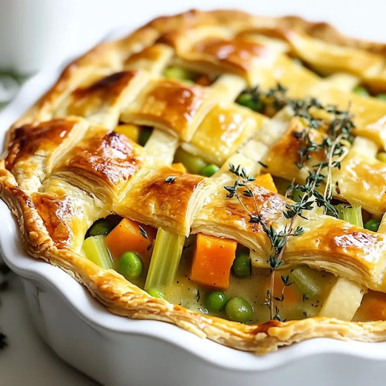 For this pot pie, I love using a mix of fresh and frozen veggies. Here’s what you need: - 1 medium onion, diced - 2 cloves garlic, minced - 2 medium carrots, diced - 2 celery stalks, diced - 1 medium potato, peeled and cubed - 1 cup frozen peas - 1 cup butternut squash, diced These veggies bring a sweet and savory flavor. They also add nice colors to your dish, making it look appealing. To keep this pot pie creamy and tasty, I use some simple dairy alternatives and seasonings. Here’s what you need: - 1 cup vegetable broth - 1 cup unsweetened almond milk (or regular milk) - 1 tablespoon cornstarch dissolved in 2 tablespoons water - 1 teaspoon dried thyme - 1 teaspoon dried rosemary - Salt and pepper to taste The almond milk adds creaminess without dairy. Thyme and rosemary give an earthy taste that pairs well with the veggies. Choosing the right pastry makes your pot pie a winner. Here are your choices: - 1 sheet of puff pastry - 1 pie crust (store-bought or homemade) - 1 egg (for egg wash, optional) Puff pastry gives a light and flaky top. A pie crust can also work well if you prefer a more traditional style. The egg wash helps it turn golden brown and crisp. This combination of ingredients creates a warm and hearty dish that warms your heart and fills your belly. {{ingredient_image_1}} Start by heating the olive oil in a large skillet over medium heat. Add the diced onion and minced garlic. Sauté them for about 3 to 4 minutes until they are soft and smell great. Next, toss in the diced carrots, celery, and cubed potato. Cook these for about 5 to 7 minutes, stirring now and then. You want them to start softening but not mushy. Now, it’s time to add the fun stuff! Stir in the butternut squash and frozen peas. Sprinkle in the dried thyme and rosemary. Cook everything together for another 2 minutes. This step makes your filling taste fresh and fragrant. Pour in the vegetable broth and almond milk, bringing the mix to a gentle simmer. Once it starts to simmer, mix in the cornstarch dissolved in water. This will help thicken the filling. Keep cooking for a couple more minutes, and season with salt and pepper to taste. Once thickened, transfer the yummy filling to a greased pie dish. Now for the fun part! Take your puff pastry or pie crust and lay it over the filling. Trim the edges to fit the dish. Make some slits on top of the pastry for steam to escape while baking. This helps avoid a soggy crust, which we definitely don’t want! If you want to make your pot pie look beautiful, beat an egg and brush it over the pastry. This gives it a lovely golden color when baked. Preheat your oven to 400°F (200°C). Place the pot pie in your hot oven and bake for 25 to 30 minutes. Keep an eye on it, and look for a golden brown, puffed-up crust. After baking, take it out and let it cool for a few minutes. This helps the filling set a bit, making it easier to serve. Now, you can enjoy a warm, cozy slice of winter veggie pot pie! To make your pot pie shine, focus on the herbs. Dried thyme and rosemary add warmth. I suggest using fresh herbs if you have them. Fresh herbs can boost the taste even more. Saute the onion and garlic until soft. This step builds a nice base for flavor. Don’t rush it. A little patience goes a long way. You can also try adding a splash of soy sauce or balsamic vinegar for depth. A flaky crust makes all the difference. Start with cold ingredients. This includes your butter or oil. If you use puff pastry, keep it chilled until ready to bake. Handle the dough gently. Overworking it can make it tough. You want layers, not a dense crust. Use an egg wash for extra shine. Just beat an egg and brush it on before baking. This step makes the crust golden and appetizing. Taste your filling before adding it to the crust. The right mix of salt and pepper can elevate the dish. If it feels bland, add more herbs or spices. A pinch of nutmeg can add warmth, too. Remember, every vegetable has its own flavor. Adjust based on what you use. You can always add more broth or almond milk if it seems too thick. This will help keep your filling creamy and nice. Pro Tips Choose Seasonal Veggies: Using seasonal vegetables not only enhances the flavor but also ensures freshness and supports local produce. Make Ahead: Prepare the filling in advance and store it in the fridge. When you’re ready, just top with pastry and bake for a quick meal. Experiment with Herbs: Feel free to add other herbs like sage or parsley to customize the flavor profile of your pot pie. Golden Finish: For an extra crispy crust, let the egg wash sit for a few minutes before baking, ensuring a beautiful golden color. {{image_2}} You can easily make this pot pie vegan. Swap the milk for unsweetened almond milk or any plant milk you love. For a rich texture, use coconut cream. Instead of an egg wash, brush the crust with a bit of plant milk. This gives it a lovely shine without any eggs. Feel free to mix and match your favorite veggies. Instead of butternut squash, try sweet potatoes or parsnips. You can also add green beans, cauliflower, or even mushrooms. The key is to keep the total amount of vegetables the same. You create new flavors each time! To make a gluten-free pot pie, use a gluten-free pie crust. You can find options made from almond flour or rice flour. Another choice is to make a crust using mashed potatoes on top. This gives a unique twist and keeps it gluten-free. Just make sure to check that your broth and other ingredients are gluten-free as well. After enjoying your Winter Veggie Pot Pie, let it cool down first. Then, cover it tightly with plastic wrap or foil. You can also use an airtight container. This way, the pot pie stays fresh in the fridge for up to three days. If you want to keep it longer, freezing is a great option. To reheat, preheat your oven to 350°F (175°C). Place the pot pie in an oven-safe dish. Cover it with foil to keep the crust from burning. Heat for about 20-25 minutes, or until it's hot all the way through. You can also use a microwave, but the crust may not be as crispy. Heat it in short bursts of 1-2 minutes, checking often. If you want to freeze your pot pie, it’s best to do this before baking. Wrap the unbaked pie tightly in plastic wrap, then place it in a freezer bag. It can stay frozen for up to three months. When you're ready to bake, remove it from the freezer. Let it thaw in the fridge overnight before baking it as per the recipe instructions. This ensures a tasty meal whenever you want a cozy night in. Yes, you can. Use any veggies you enjoy. Zucchini, mushrooms, or bell peppers work great. Just cut them into small pieces. Make sure to adjust cooking time for softer veggies. Frozen veggies also work well and save time. To make it vegan, swap the milk for almond milk or any plant milk. Skip the egg wash or use a vegan egg. This keeps the crust golden. You can also add more plant-based protein like lentils or chickpeas for added nutrition. This pot pie pairs well with a fresh salad. A side of roasted veggies is also great. If you want something warm, serve it with soup. Try a simple tomato or carrot soup for a cozy meal. This blog post covered the key ingredients for a tasty Winter Veggie Pot Pie. We explored vegetables, dairy alternatives, and pastry options. I shared step-by-step instructions for filling, assembling, and baking the pie. You also learned tips for flavor, crust, and seasoning. Plus, we discussed variations, including vegan and gluten-free choices. In closing, cooking is fun and easy. You can adapt this recipe to your taste and needs. Enjoy your delicious pot pie and share it with others!